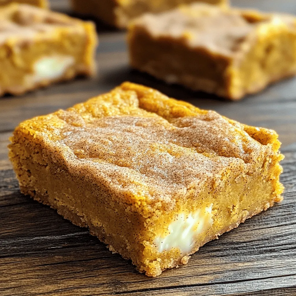 When making Pumpkin Snickerdoodle Blondie Bars, you need simple yet tasty ingredients. Here’s what you will need: - 1 cup pumpkin puree - 1/2 cup unsalted butter, melted - 1 cup brown sugar, packed - 1/2 cup granulated sugar - 1 large egg - 1 teaspoon vanilla extract - 1 1/2 cups all-purpose flour - 1 teaspoon baking powder - 1 teaspoon ground cinnamon - 1/2 teaspoon ground nutmeg - 1/4 teaspoon ground ginger - 1/4 teaspoon salt - 1/2 cup white chocolate chips (optional) Each ingredient plays an important role. The pumpkin puree gives a rich flavor and moisture. Unsalted butter adds creaminess. Brown sugar brings depth with its caramel notes, while granulated sugar helps with sweetness. The egg binds everything together. Vanilla extract enhances the overall taste, and flour provides structure. Baking powder helps the bars rise, making them soft and chewy. Spices like cinnamon, nutmeg, and ginger bring warmth and that cozy fall flavor. If you like, white chocolate chips can add a sweet surprise. They melt nicely and create a lovely contrast with the spices. This mix of ingredients creates a delightful treat that everyone will love. - Preheat the oven to 350°F (175°C). - Line an 8x8 inch baking pan with parchment paper. Leave some overhang for easy removal. - In a large mixing bowl, combine 1 cup of pumpkin puree, 1/2 cup of melted butter, 1 cup of packed brown sugar, and 1/2 cup of granulated sugar. Mix until it is smooth. - Add 1 large egg and 1 teaspoon of vanilla extract. Whisk until well blended. - In a separate bowl, whisk together 1 1/2 cups of all-purpose flour, 1 teaspoon of baking powder, 1 teaspoon of ground cinnamon, 1/2 teaspoon of ground nutmeg, 1/4 teaspoon of ground ginger, and 1/4 teaspoon of salt. - Gradually fold the dry mix into the wet mixture until just combined. If you like, fold in 1/2 cup of white chocolate chips gently. - Pour the batter into the prepared baking pan. Spread it evenly with a spatula. - For the snickerdoodle topping, mix 2 tablespoons of granulated sugar with 1 teaspoon of cinnamon. Sprinkle it evenly over the batter. - Bake the blondie bars for 25-30 minutes. Check with a toothpick. It should come out clean. - Remove from the oven. Let them cool in the pan for about 10 minutes. Lift them out using the parchment paper and cool completely on a wire rack. To get a soft, chewy texture, avoid over-mixing the batter. When you combine the dry and wet ingredients, mix just until you see no dry flour. This keeps the bars moist and tender. To check if your blondies are done, insert a toothpick into the center. If it comes out clean or with a few moist crumbs, they are ready! You can boost the flavor of your bars by adding more spices. Consider using a pinch of allspice or cloves for warmth. You can also try flavored extracts. Almond or maple extracts can add a unique twist to your blondies. Just remember to use them sparingly so they don’t overpower the pumpkin. When it comes to cutting and serving, use a sharp knife. This ensures clean edges on each bar. For a fun touch, dust the top with a little extra cinnamon sugar before serving. You can also add a drizzle of caramel or a sprinkle of chopped nuts for added flair. Serve them warm or at room temperature for the best experience! {{image_2}} You can switch up the spices to match fall. Try adding allspice or clove for warmth. These spices enhance the rich pumpkin taste. You can also add nuts or dried fruits. Walnuts or pecans add crunch. Dried cranberries or apples give a sweet twist. These additions make each bite fun and different. If you need gluten-free options, use a gluten-free flour blend. It works well in this recipe. For vegan options, swap the egg for a flax egg. Mix one tablespoon of flaxseed meal with three tablespoons of water. Let it sit for a few minutes until it thickens. This will help bind the bars without eggs. Change the white chocolate chips to chocolate chips for a different taste. Dark or milk chocolate brings a rich flavor. You could also mix in caramel or toffee bits. These bits melt slightly and create gooey pockets in each bar. Experimenting with these swaps can give you a new favorite treat! Store your pumpkin snickerdoodle blondie bars for the best taste. You can keep them at room temperature for up to three days. Just place them in an airtight container. This helps keep them soft and moist. If you live in a warm area or want them to last longer, refrigeration is best. The cold can help preserve their flavor and texture. Just be sure to wrap them well in plastic wrap before putting them in the fridge. This step prevents them from drying out. Freezing is a great way to save any extra blondie bars. To freeze them, first, let the bars cool completely. Then, cut them into squares. Wrap each piece tightly in plastic wrap. Place the wrapped bars in a freezer-safe bag or container. They can last up to three months in the freezer. When you want to enjoy them, take out a few bars. Let them thaw in the fridge overnight for the best taste. If you need them fast, you can thaw them at room temperature for about an hour. Enjoy your delicious treats anytime! To check if the blondie bars are done, look for a few signs. The edges should be firm and the center should not jiggle. Insert a toothpick into the center. If it comes out clean or with a few crumbs, they are ready. Baking time is typically 25-30 minutes. If you see a golden top, that’s a good sign too. Yes, you can use fresh pumpkin. Start with a small pumpkin. Cut it in half, remove the seeds, and roast it until soft. After roasting, scoop out the flesh and mash it well. You may need to adjust the moisture. Fresh pumpkin can be a bit less smooth than store-bought puree. These bars stay fresh for about 3-5 days at room temperature. Store them in an airtight container to keep them soft. If you want to keep them longer, place them in the fridge. They can last up to a week when chilled. For longer storage, freeze them. They will keep well for up to three months in the freezer. In this article, we explored how to make Pumpkin Snickerdoodle Blondie Bars. We covered the key ingredients, step-by-step baking instructions, and helpful tips for perfect texture and flavor. You learned about fun variations to suit your taste and dietary needs. Storing and freezing the blondie bars is easy with the right methods. Cooking can be simple and fun. Enjoy your delicious treats, share them with friends, and get creative in the kitchen!