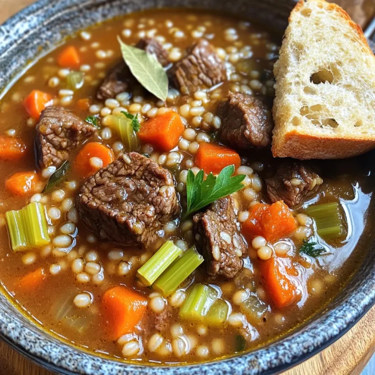 - 1.5 lbs beef stew meat - 1 cup pearl barley - 4 cups beef broth The main ingredients form the heart of the stew. The beef stew meat provides rich flavor and protein. Pearl barley adds a chewy texture and heartiness. Beef broth gives the stew depth and richness, making it a comforting dish. - 2 medium carrots, diced - 2 stalks celery, diced - 1 medium onion, chopped - 3 cloves garlic, minced - 1 tablespoon tomato paste - 2 teaspoons dried thyme - 1 teaspoon smoked paprika - Salt and pepper to taste - 1 bay leaf The vegetables add color and nutrients. Carrots provide sweetness, while celery adds crunch. Onion and garlic deliver strong flavors that enhance the stew. The tomato paste, thyme, and smoked paprika bring warmth and a hint of earthiness. Don't forget to add salt and pepper for the perfect seasoning. - Fresh parsley for garnish - Optional: crusty bread for serving Garnishing with fresh parsley makes the stew look vibrant. It adds a pop of color and freshness. Pairing the stew with crusty bread is a great idea. The bread soaks up the savory broth and makes the meal feel complete. Enjoy every bite! First, heat a drizzle of olive oil in a large skillet over medium-high heat. Add 1.5 lbs of beef stew meat, cut into 1-inch cubes. Sear the meat until it is browned on all sides. This takes about 5-7 minutes. Browning adds rich flavor to the stew. Once done, transfer the beef to your slow cooker. In the same skillet, toss in 1 chopped onion, 2 diced medium carrots, and 2 diced stalks of celery. Add 3 minced cloves of garlic as well. Sauté these for 3-5 minutes until they soften a bit. This step brings out their natural sweetness. Stir in 1 tablespoon of tomato paste, 2 teaspoons of dried thyme, and 1 teaspoon of smoked paprika. Add salt and pepper to taste. Cook for another minute to mix the flavors well. Now, add the sautéed vegetables to the slow cooker with the beef. Add 1 cup of pearl barley and 4 cups of beef broth to the mix. Don’t forget to add 1 bay leaf. Press everything down gently to ensure the barley is submerged in the liquid. This helps the barley cook evenly. Cover the slow cooker and set it to cook. You can choose to cook it on low for 8 hours. If you are short on time, cook it on high for 4 hours. Either way, the beef should be tender and the barley cooked through. Before serving, remove the bay leaf. Taste the stew and adjust the seasoning if needed. This step makes sure every bowl is just right. Ladle the hearty stew into bowls and garnish with fresh parsley for a lovely touch. Enjoy your cozy meal! Browning the meat is key for rich taste. When you sear beef stew meat, it develops a nice crust. This process locks in juices and adds depth. Use a hot skillet with olive oil for the best sear. After browning, add chopped onions, carrots, celery, and garlic. Sautéing them draws out their natural sugars and flavors. This step layers flavors in your stew, making each bite better. Getting the barley right is important. You want it tender but not mushy. Pearl barley takes about an hour to cook in a slow cooker, so check it near the end. If your stew seems too thin, you can thicken it. A simple way is to mix a tablespoon of cornstarch with cold water. Stir this mix into the stew and cook for another 30 minutes. Serve your stew in rustic bowls to enhance the homey feel. This makes every meal special. Don't forget a slice of crusty bread on the side. The bread is perfect for soaking up the rich broth. Garnish with fresh parsley to add color and freshness. This small touch can elevate your dish visually and taste-wise. {{image_2}} You can switch the beef in this stew for other meats. Chicken or turkey works great. These options make the stew lighter. If you want a different taste, try using venison or lamb. Both add rich flavors and pair well with barley. Adding more veggies can change the stew for the better. Try root vegetables like parsnips or potatoes. They add sweetness and texture. You can also use seasonal vegetables for freshness. Think of using squash in fall or green beans in summer. This keeps the dish vibrant and healthy. If you want a gluten-free version, switch pearl barley for quinoa or brown rice. Both grains cook well in the stew. They also offer a nice nutty flavor. Be sure to check your beef broth for gluten-free labels. This small step ensures everyone can enjoy this hearty meal. To store leftovers, let the stew cool to room temperature. Then, transfer it to an airtight container. Seal it well to keep out air. You can store the stew in the fridge for up to three days. If you want to enjoy it later, freeze it instead. For freezing, use a freezer-safe container. Leave some space at the top for expansion. You can freeze the stew for up to three months. To thaw, place it in the fridge overnight. This keeps the texture nice. You can also thaw it in the microwave if you're in a hurry. When reheating, use the stove or microwave. If using the stove, heat it gently over low heat. Stir often to keep it from sticking. In the microwave, heat in short bursts, stirring in between. This helps it warm evenly. Always check the flavor and add more salt or pepper if needed. Cooking beef barley stew takes about 8 hours on low or 4 hours on high. The low setting allows flavors to deepen. The high setting cooks faster but may not develop as rich a taste. Both methods yield tender beef and soft barley. Yes, you can prep the night before. Chop the vegetables and store them in the fridge. You can also brown the beef ahead of time. This makes the morning less hectic. Just combine everything in the slow cooker before you leave for the day. Pair your stew with crusty bread for dipping. A simple green salad adds a nice crunch. You can also serve it with roasted vegetables for a hearty meal. These sides complement the flavors of the stew well. Yes, you can make this stew in an instant pot. Sear the beef on the sauté setting first. Then, add all ingredients and set for 35 minutes on high pressure. Let it naturally release for about 10 minutes. This method cooks the stew quickly while keeping it flavorful. Rustic beef barley stew is a hearty dish that's easy to make. We covered main ingredients like beef, barley, and vegetables. I shared step-by-step instructions for cooking, tips to boost flavor, and variations to try. Storing and reheating leftovers safely helps you enjoy this stew later. In the end, this stew is warm, comforting, and great for any season. So, gather your ingredients, follow the steps, and dig in. You’ll be glad you did.