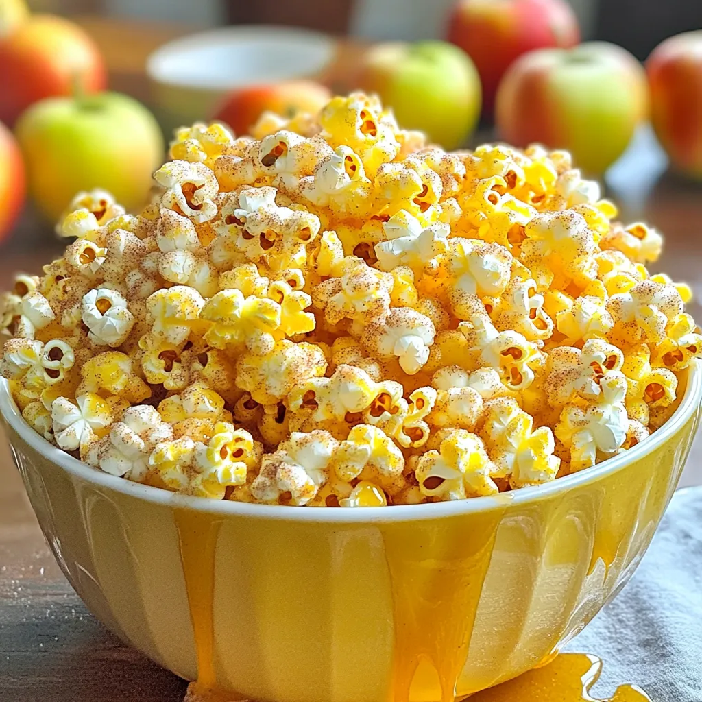 - 1/2 cup popcorn kernels - 3 tablespoons coconut oil (or vegetable oil) - 1 cup apple cider - 1/4 cup granulated sugar - 1 teaspoon ground cinnamon - 1/4 teaspoon sea salt - 1/4 cup butter, melted - 1/2 teaspoon vanilla extract - Large pot - Mixing bowls - Saucepan - Spoon or spatula The ingredients for Cinnamon Sugar Apple Cider Popcorn are simple yet flavorful. You start with popcorn kernels. They will become the base for this tasty snack. Use coconut oil or vegetable oil to pop the corn. This oil helps the kernels expand and adds a nice flavor. Next, apple cider is crucial for this recipe. It brings that sweet, apple taste that pairs well with cinnamon. You will also need granulated sugar. This gives the popcorn a sweet touch. Ground cinnamon adds warmth and a lovely aroma. Sea salt enhances the flavors, making each bite delightful. Melted butter is vital too. It helps the cinnamon sugar stick to the popcorn. Finally, vanilla extract adds a hint of sweetness. Each ingredient plays a role in creating this yummy treat. For tools, a large pot is needed to pop the corn. Mixing bowls help you combine ingredients easily. A saucepan cooks the apple cider, thickening it for the perfect coating. A spoon or spatula is essential for mixing everything together. Gather these ingredients and tools, and you’re ready to make this irresistible snack! - Heat 3 tablespoons of coconut oil in a large pot over medium heat. - Add a few popcorn kernels and cover the pot. - When those kernels pop, add the rest of the 1/2 cup popcorn kernels. - Shake the pot occasionally until popping slows down. - Remove from heat and transfer the popcorn to a large bowl. - In a small bowl, combine 1/4 cup granulated sugar, 1 teaspoon ground cinnamon, and 1/4 teaspoon sea salt. - Mix the ingredients well and set the bowl aside for later. - In a saucepan, pour in 1 cup of apple cider. - Bring the cider to a boil over medium-high heat. - Reduce the heat and let it simmer for 10-15 minutes. - The cider should reduce and thicken slightly. - It should coat the back of a spoon when ready. - Once the cider has thickened, take it off the heat. - Stir in 1/4 cup melted butter and 1/2 teaspoon vanilla extract. - Slowly pour this mixture over the popped popcorn while gently tossing to coat. - Sprinkle the cinnamon sugar mixture over the popcorn. - Toss the popcorn again until all pieces are coated well with flavor. - Allow the popcorn to cool slightly before serving. - This cooling helps it become nice and crisp. - Serve in a large bowl for sharing or in individual bags for fun. To pop popcorn well, use a large pot. Heat the coconut oil over medium heat. Add a few kernels first and cover the pot. This shows when the oil is hot enough. Once they pop, add the rest of the kernels. Cover and shake the pot often. This helps avoid burnt kernels. When the popping slows down, take the pot off the heat. You can make this popcorn even better. Consider adding nuts like almonds or pecans. They add crunch and flavor. If you like chocolate, try adding chocolate chips. They melt slightly and blend well with the warm popcorn. These extras can make your snack more fun and tasty. For crispy popcorn, let it cool before serving. Cooling helps it firm up. If you want more crunch, bake the popcorn for a few minutes. Spread it on a baking sheet and heat at 250°F. This step makes the popcorn even crispier. Enjoy your perfect Cinnamon Sugar Apple Cider Popcorn! {{image_2}} You can easily change the flavor of your popcorn. Try adding spicy cinnamon for a kick. To do this, mix an extra teaspoon of cinnamon with your sugar. This small change adds warmth and depth. Another fun idea is a caramel apple version. To make this, drizzle some melted caramel sauce over the popcorn before adding the cinnamon sugar. This gives each bite a sweet, gooey surprise. You can swap out granulated sugar for other sweeteners. Honey or maple syrup works great. Both options add a nice flavor twist. If you use honey, make sure to mix it with the melted butter. If you choose maple syrup, drizzle it over the popcorn while tossing. Adjust the amount to fit your taste. If you follow a vegan diet, no worries! You can make this recipe vegan by using coconut oil and dairy-free butter. Another option is to swap the butter for olive oil. This change keeps the flavors rich without any animal products. For those who need gluten-free options, this recipe is already safe! Just check that your popcorn kernels are certified gluten-free, and you’re good to go. Enjoy your tasty treat without any worries! To keep your Cinnamon Sugar Apple Cider Popcorn fresh, store it in airtight containers. This helps prevent air from making the popcorn stale. You can use glass jars or plastic bins with tight lids. For best results, keep the popcorn in a cool, dry place away from sunlight. The recommended storage duration is about three days. After that, the popcorn may lose its crispness. If you think you won't finish it in time, consider freezing some for later. Just remember to thaw it before enjoying! To keep popcorn fresh and crispy, reheating is key. First, preheat your oven to 250°F (120°C). Spread the popcorn in a single layer on a baking sheet. Heat it for about 5-10 minutes. This will revive its crunch and refresh the flavors. Avoid using the microwave, as it can make the popcorn chewy. Enjoy your treat just like it was freshly made! To make this cinnamon sugar apple cider popcorn vegan, swap out the butter for a dairy-free alternative. You can use coconut oil or a plant-based butter. Both options will add richness without dairy. For the other ingredients, everything else is already vegan-friendly. You can enjoy this tasty treat without any animal products. Yes, you can use microwave popcorn! Just pop it according to the package instructions. Once popped, skip the popping step in the original recipe. Mix the melted butter (or vegan alternative) with the reduced apple cider and vanilla. Drizzle this mixture over the popcorn and toss with cinnamon sugar. This option saves time and is super easy. Leftover popcorn can be a fun snack! You can add it to trail mix or use it in a salad for crunch. You can also pack it in lunch boxes or serve it at parties. If you want something sweet, try mixing it with melted chocolate. The possibilities are endless, and it's a great way to reduce food waste! This blog taught you to make delicious cinnamon apple cider popcorn. You learned about the key ingredients, tools, and easy steps involved. You also discovered tips to enhance flavor and ensure the best texture. The variations provided exciting options for every taste. Proper storage keeps your popcorn fresh, while the FAQs answered common questions. Now, you can enjoy a fun snack for any occasion or share it with friends. Happy popping!