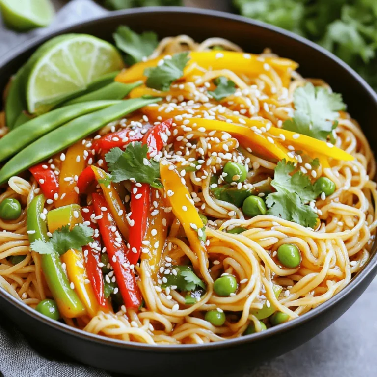 To make Sweet Chili Garlic Noodles, you'll need some simple ingredients. Here’s what to gather: - 8 oz (225g) rice noodles - 3 tablespoons sweet chili sauce - 2 tablespoons soy sauce - 2 tablespoons sesame oil - 4 cloves garlic, minced - 1 tablespoon fresh ginger, grated - 1 cup mixed bell peppers (red, yellow, green), julienned - 1 cup snap peas, trimmed - 2 green onions, sliced - 1 tablespoon sesame seeds - Salt and pepper to taste - Fresh cilantro leaves for garnish (optional) Each of these ingredients plays a big role in the dish's flavor. The rice noodles serve as a soft base, while the sweet chili sauce adds a nice kick. Garlic and ginger bring warmth and depth. The bell peppers and snap peas add color and crunch. Finally, green onions and sesame seeds finish the dish with freshness and texture. Enjoy gathering your ingredients! To start, soak 8 oz of rice noodles in hot water. You should let them sit for about 15 minutes. This time helps them soften but keeps them firm. Once they are ready, drain the noodles and set them aside. Next, grab a large skillet and heat 2 tablespoons of sesame oil over medium heat. When the oil is hot, add 4 cloves of minced garlic and 1 tablespoon of grated ginger. Sauté these for 30 seconds until they smell great, but do not let them burn. Now toss in 1 cup of mixed bell peppers and 1 cup of snap peas. Cook these for another 2-3 minutes until they are tender but still crisp. Now it's time to add the noodles. Put the drained noodles into the skillet. Add 3 tablespoons of sweet chili sauce and 2 tablespoons of soy sauce. Toss everything together well. You want the noodles coated in the sauce and mixed with the veggies. Stir-fry this mix for about 2-3 minutes. This helps the noodles absorb all the flavors. Taste and adjust seasoning with salt and pepper if needed. Finally, remove the skillet from heat. Garnish with sliced green onions, sesame seeds, and cilantro leaves if you like. - Soak rice noodles in hot water for 15 minutes. - Make sure noodles are soft but still firm. - Drain noodles well before adding to the skillet. - Heat sesame oil over medium heat, not too high. - Sauté garlic and ginger for just 30 seconds. - Add bell peppers and snap peas; cook for 2-3 minutes. - Keep vegetables tender but still crisp to enjoy the texture. - Serve noodles in deep bowls for a nice look. - Sprinkle extra sesame seeds on top for crunch. - Add lime wedges on the side for a zesty taste. - Arrange green onions and cilantro for fresh color. - For more heat, add chili flakes to the dish. - Try different sauces like teriyaki or hoisin for variety. - Mix in a splash of rice vinegar for tangy flavor. - Experiment with fresh herbs like basil or mint for freshness. {{image_2}} You can easily change this recipe to fit your needs. For a vegetarian option, skip the meat and focus on the veggies. I love using mushrooms or tofu to add texture. They soak up the sauce well and keep the dish hearty. You can also add more veggies like carrots or zucchini for extra flavor and color. If you want some protein, try adding chicken or shrimp. Cook them in the skillet before adding the garlic and ginger. This way, they get nice and golden. Then, add the veggies and noodles as usual. This makes the meal filling and keeps it balanced. Sometimes you might not have all the ingredients. No worries! If you don’t have sweet chili sauce, mix equal parts of honey and soy sauce. This will give you a similar sweet and salty taste. You can also use teriyaki sauce for a different flavor. For veggies, feel free to swap in what you have. Broccoli, carrots, or even spinach work great. Just remember to cut them small so they cook fast. Mix and match to find your favorite combo. You can serve these noodles in many ways. For a fresh twist, turn them into a cold noodle salad. Just let the noodles cool after cooking. Toss them with a little extra sauce and some fresh veggies. This is perfect for hot days or picnics. If you prefer a stir-fry, try using different sauces. Hoisin or oyster sauce can change the taste. This gives you a new dish with the same base. It’s a fun way to keep things exciting in the kitchen. To keep your Sweet Chili Garlic Noodles fresh, refrigerate them quickly. Place the noodles in an airtight container. This helps prevent them from drying out. Make sure to store them within two hours of cooking. They will stay good in the fridge for about 3-4 days. When reheating, you want to keep the noodles tasty. The stovetop is best for this. Heat a little sesame oil in a skillet. Add the noodles and stir until warm. If you use a microwave, cover the noodles to keep moisture in. Heat in short bursts to avoid overcooking. You can freeze the noodles, but there are some tips. First, let them cool completely. Place them in a freezer-safe container. Use a vacuum sealer if you have one to save space. They can last for about 2-3 months in the freezer. To thaw, move them to the fridge overnight. You can also use a microwave to thaw them quickly. Sweet Chili Garlic Noodles can last up to four days in the fridge. Store them in an airtight container. This keeps flavors fresh and prevents drying out. When ready to eat, just reheat them. Yes, you can easily make this dish vegan. Just check your sweet chili sauce and soy sauce for animal products. Most brands are vegan-friendly. Replace any non-vegan ingredients with plant-based options for a delicious meal. Serve your noodles in deep bowls. Add sliced green onions and sesame seeds on top for a nice look. You can also add lime wedges for a zesty twist. This simple touch makes the dish even more appealing. Absolutely! You can use any noodles you like. Rice noodles are great, but try egg noodles, soba, or even zucchini noodles. Each type will give a different taste and texture. No special equipment is needed for this recipe. A large skillet and basic cooking tools work perfectly. You don’t need fancy gadgets. Just a good knife for chopping and a bowl for soaking noodles will do! Sweet Chili Garlic Noodles are a great dish that is easy to make. In this post, you learned about the key ingredients, a simple cooking process, and helpful tips. You also discovered fun ways to change the recipe and how to store leftovers. Remember, cooking is all about exploring new flavors. Feel free to add your twist! Enjoy making this dish and sharing it with others.