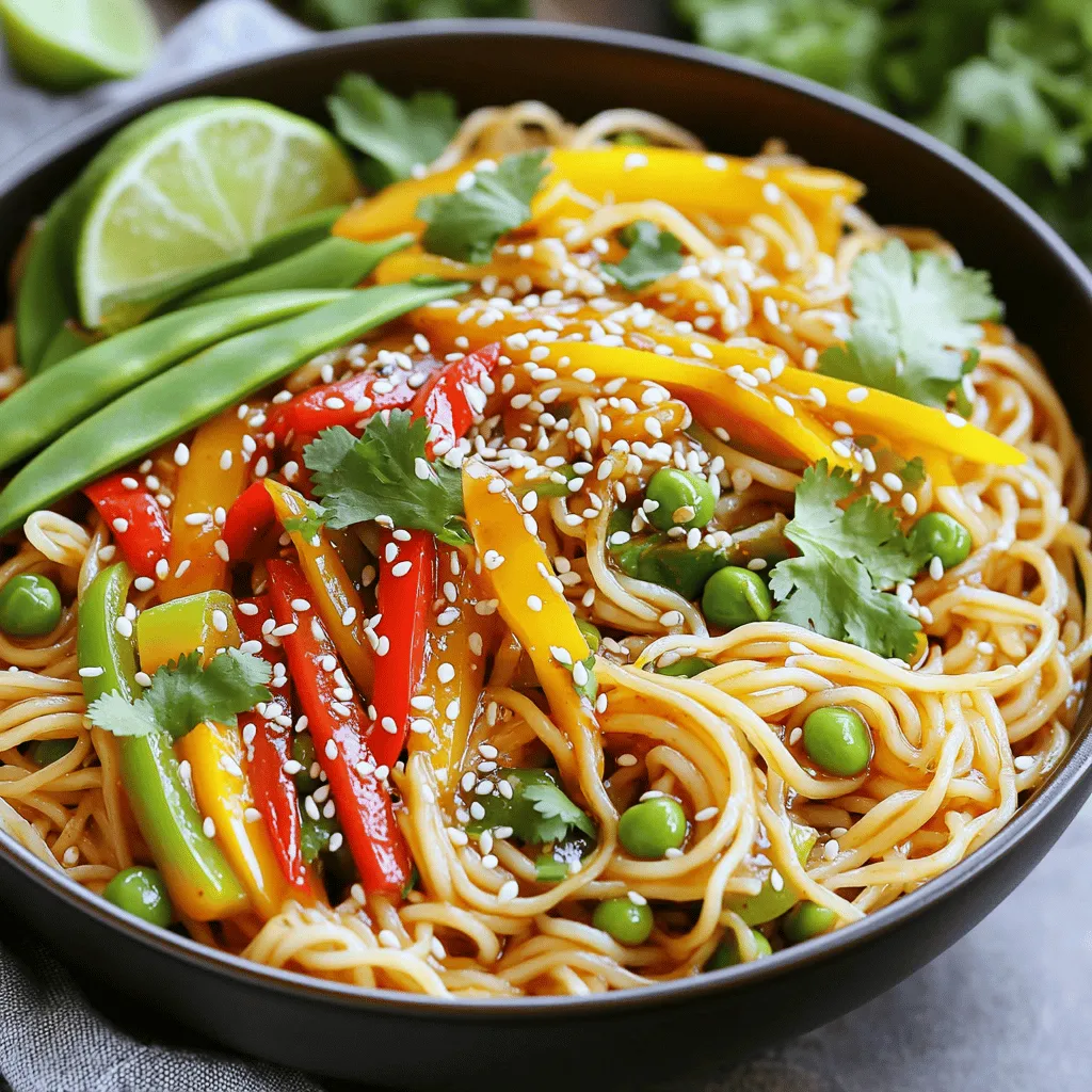 To make Sweet Chili Garlic Noodles, you'll need some simple ingredients. Here’s what to gather: - 8 oz (225g) rice noodles - 3 tablespoons sweet chili sauce - 2 tablespoons soy sauce - 2 tablespoons sesame oil - 4 cloves garlic, minced - 1 tablespoon fresh ginger, grated - 1 cup mixed bell peppers (red, yellow, green), julienned - 1 cup snap peas, trimmed - 2 green onions, sliced - 1 tablespoon sesame seeds - Salt and pepper to taste - Fresh cilantro leaves for garnish (optional) Each of these ingredients plays a big role in the dish's flavor. The rice noodles serve as a soft base, while the sweet chili sauce adds a nice kick. Garlic and ginger bring warmth and depth. The bell peppers and snap peas add color and crunch. Finally, green onions and sesame seeds finish the dish with freshness and texture. Enjoy gathering your ingredients! To start, soak 8 oz of rice noodles in hot water. You should let them sit for about 15 minutes. This time helps them soften but keeps them firm. Once they are ready, drain the noodles and set them aside. Next, grab a large skillet and heat 2 tablespoons of sesame oil over medium heat. When the oil is hot, add 4 cloves of minced garlic and 1 tablespoon of grated ginger. Sauté these for 30 seconds until they smell great, but do not let them burn. Now toss in 1 cup of mixed bell peppers and 1 cup of snap peas. Cook these for another 2-3 minutes until they are tender but still crisp. Now it's time to add the noodles. Put the drained noodles into the skillet. Add 3 tablespoons of sweet chili sauce and 2 tablespoons of soy sauce. Toss everything together well. You want the noodles coated in the sauce and mixed with the veggies. Stir-fry this mix for about 2-3 minutes. This helps the noodles absorb all the flavors. Taste and adjust seasoning with salt and pepper if needed. Finally, remove the skillet from heat. Garnish with sliced green onions, sesame seeds, and cilantro leaves if you like. - Soak rice noodles in hot water for 15 minutes. - Make sure noodles are soft but still firm. - Drain noodles well before adding to the skillet. - Heat sesame oil over medium heat, not too high. - Sauté garlic and ginger for just 30 seconds. - Add bell peppers and snap peas; cook for 2-3 minutes. - Keep vegetables tender but still crisp to enjoy the texture. - Serve noodles in deep bowls for a nice look. - Sprinkle extra sesame seeds on top for crunch. - Add lime wedges on the side for a zesty taste. - Arrange green onions and cilantro for fresh color. - For more heat, add chili flakes to the dish. - Try different sauces like teriyaki or hoisin for variety. - Mix in a splash of rice vinegar for tangy flavor. - Experiment with fresh herbs like basil or mint for freshness. {{image_2}} You can easily change this recipe to fit your needs. For a vegetarian option, skip the meat and focus on the veggies. I love using mushrooms or tofu to add texture. They soak up the sauce well and keep the dish hearty. You can also add more veggies like carrots or zucchini for extra flavor and color. If you want some protein, try adding chicken or shrimp. Cook them in the skillet before adding the garlic and ginger. This way, they get nice and golden. Then, add the veggies and noodles as usual. This makes the meal filling and keeps it balanced. Sometimes you might not have all the ingredients. No worries! If you don’t have sweet chili sauce, mix equal parts of honey and soy sauce. This will give you a similar sweet and salty taste. You can also use teriyaki sauce for a different flavor. For veggies, feel free to swap in what you have. Broccoli, carrots, or even spinach work great. Just remember to cut them small so they cook fast. Mix and match to find your favorite combo. You can serve these noodles in many ways. For a fresh twist, turn them into a cold noodle salad. Just let the noodles cool after cooking. Toss them with a little extra sauce and some fresh veggies. This is perfect for hot days or picnics. If you prefer a stir-fry, try using different sauces. Hoisin or oyster sauce can change the taste. This gives you a new dish with the same base. It’s a fun way to keep things exciting in the kitchen. To keep your Sweet Chili Garlic Noodles fresh, refrigerate them quickly. Place the noodles in an airtight container. This helps prevent them from drying out. Make sure to store them within two hours of cooking. They will stay good in the fridge for about 3-4 days. When reheating, you want to keep the noodles tasty. The stovetop is best for this. Heat a little sesame oil in a skillet. Add the noodles and stir until warm. If you use a microwave, cover the noodles to keep moisture in. Heat in short bursts to avoid overcooking. You can freeze the noodles, but there are some tips. First, let them cool completely. Place them in a freezer-safe container. Use a vacuum sealer if you have one to save space. They can last for about 2-3 months in the freezer. To thaw, move them to the fridge overnight. You can also use a microwave to thaw them quickly. Sweet Chili Garlic Noodles can last up to four days in the fridge. Store them in an airtight container. This keeps flavors fresh and prevents drying out. When ready to eat, just reheat them. Yes, you can easily make this dish vegan. Just check your sweet chili sauce and soy sauce for animal products. Most brands are vegan-friendly. Replace any non-vegan ingredients with plant-based options for a delicious meal. Serve your noodles in deep bowls. Add sliced green onions and sesame seeds on top for a nice look. You can also add lime wedges for a zesty twist. This simple touch makes the dish even more appealing. Absolutely! You can use any noodles you like. Rice noodles are great, but try egg noodles, soba, or even zucchini noodles. Each type will give a different taste and texture. No special equipment is needed for this recipe. A large skillet and basic cooking tools work perfectly. You don’t need fancy gadgets. Just a good knife for chopping and a bowl for soaking noodles will do! Sweet Chili Garlic Noodles are a great dish that is easy to make. In this post, you learned about the key ingredients, a simple cooking process, and helpful tips. You also discovered fun ways to change the recipe and how to store leftovers. Remember, cooking is all about exploring new flavors. Feel free to add your twist! Enjoy making this dish and sharing it with others.