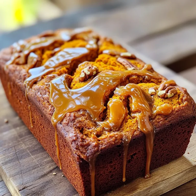 - 1 ½ cups all-purpose flour - 1 teaspoon baking powder - 1 teaspoon baking soda - ½ teaspoon salt - 1 teaspoon ground cinnamon - ½ teaspoon ground nutmeg - ¼ teaspoon ground ginger - 1 cup canned pumpkin puree - ½ cup granulated sugar - ½ cup packed brown sugar - 2 large eggs - ½ cup vegetable oil - 1 teaspoon vanilla extract - ½ cup caramel sauce (plus extra for drizzling) To create this warm, cozy bread, you need a mix of dry and wet ingredients. Start with your dry items: flour, baking powder, baking soda, salt, and spices. The spices add lots of flavor and warmth. Next, gather your wet ingredients. Canned pumpkin puree gives the bread its rich flavor and moisture. The sugars, eggs, vegetable oil, and vanilla add sweetness and depth. These ingredients come together to make the bread moist and delicious. Finally, don’t forget the caramel! It’s the star of the show. You’ll need about half a cup for the batter and some extra for drizzling on top. This adds a sweet swirl that takes your pumpkin bread to the next level. Once you have all your ingredients ready, you can start mixing and baking. Enjoy the process and the beautiful smell that fills your kitchen! - Preheat the Oven: Set the oven to 350°F (175°C). - Grease the Loaf Pan: Prepare a 9x5 inch loaf pan with grease or parchment paper. - Dry Mix: Whisk together all dry ingredients in a medium bowl. - Wet Mix: Blend all wet ingredients until smooth in a large mixing bowl. - Combine Mixtures: Gradually mix the dry ingredients into the wet ingredients, being careful not to overmix. - Batter Layering: Pour half the batter into the pan. Drizzle half of the caramel sauce over it. Add the remaining batter on top and drizzle the rest of the caramel. - Swirling Technique: Use a knife or skewer to create swirls in the batter. - Baking Time: Bake for 55-65 minutes. Check doneness with a toothpick. - Mix your batter well to keep the bread fluffy. - Use a toothpick to check if it’s done. Insert it in the center; it should come out clean. - Place slices on a rustic wooden board. - Drizzle with caramel and sprinkle with cinnamon or nuts for a lovely touch. - Enjoy warm slices with coffee or tea. This combo makes the flavors pop! {{image_2}} You can change the recipe to fit your needs. Use gluten-free flour to make a gluten-free loaf. This swap keeps the taste and texture just right. If you want to cut back on sugar, try using different types of sugar or sugar substitutes. Coconut sugar or honey can add a nice flavor twist while being healthier. To make your pumpkin bread even better, add chopped nuts like pecans or walnuts. They add a lovely crunch. You can also play with spices. Try adding clove or allspice to give your bread a unique taste. This can bring warmth and depth to every bite. Want to take your bread to the next level? Top it with cream cheese frosting for a richer dessert experience. You can also drizzle dark or white chocolate over the bread for a festive touch. These toppings make the bread even more appealing and tasty. Allow the bread to cool completely before wrapping. This step helps keep it moist. Store the bread in an airtight container at room temperature for up to 3 days. If you want to keep it fresh, make sure the container seals well. For long-term storage, freeze slices wrapped in plastic wrap or place them in a freezer bag. This method keeps the bread tasty for up to 3 months. When you’re ready to enjoy it, thaw at room temperature or microwave for a quick warm-up. To enjoy the bread warm, heat slices in the oven or microwave. This gives a fresh-baked taste that enhances the caramel flavor. A few minutes in the oven can make a big difference! A toothpick inserted should come out clean or with just a few crumbs. This is the best test. If the toothpick shows wet batter, bake a bit longer. Keep an eye on it after 55 minutes. Yes, but ensure it is well-pureed and dried to prevent excess moisture. Fresh pumpkin has great flavor. Just scoop out the flesh and blend it until smooth. Drain any extra liquid before using. This bread pairs beautifully with coffee, tea, or as a dessert with ice cream. For breakfast, enjoy it with a hot cup of tea. You can also add whipped cream for extra delight. Yes, it can be made in advance and stored appropriately for later enjoyment. Just cool it completely, wrap it up, and keep it in the fridge for about a week. You can also freeze it for longer storage. You now know how to bake a delightful Caramel Swirl Pumpkin Bread. We covered important steps, from mixing the dry and wet ingredients to creating beautiful swirls with caramel. Be sure to store your bread properly for the best taste. Experiment with variations, like adding nuts or different spices, to make it truly your own. This bread is perfect warm or as a cozy treat with coffee or tea. Get ready to enjoy every bite of your tasty creation!