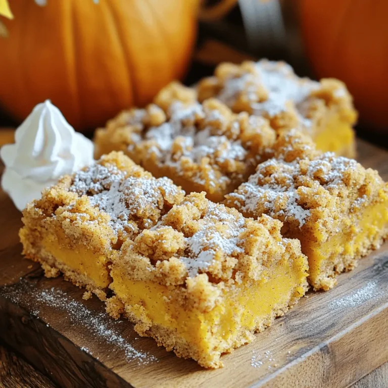 To make this delicious pumpkin crumb cake, you need these key ingredients: - 2 cups all-purpose flour - 1 cup granulated sugar - 1 cup pumpkin puree (canned or fresh) - 3/4 cup vegetable oil - 3 large eggs - 1 teaspoon vanilla extract - 1 teaspoon baking powder - 1 teaspoon baking soda - 1 teaspoon ground cinnamon - 1/2 teaspoon ground nutmeg - 1/2 teaspoon ground ginger - 1/4 teaspoon salt - 1 cup brown sugar (packed) - 1 cup rolled oats - 1 teaspoon ground cinnamon (for the crumb topping) - 1/2 cup cold butter (cut into small pieces) These ingredients come together to create a moist, flavorful cake with a crumbly topping. If you want to add more flavor, consider these options: - Chopped nuts like walnuts or pecans - Chocolate chips for a sweet twist - Dried cranberries or raisins for a fruity touch - A sprinkle of cloves for warmth These add-ins can brighten the cake and make it uniquely yours. You can easily adjust this recipe for dietary needs: - Use gluten-free flour instead of all-purpose flour. - Swap vegetable oil with coconut oil for a different flavor. - Replace eggs with flax eggs (1 tablespoon flaxseed meal + 2.5 tablespoons water per egg). - Use applesauce instead of sugar for a lower-calorie option. These swaps help ensure everyone can enjoy this delightful dessert. First, set your oven to 350°F (175°C). This temperature is perfect for baking. While the oven heats, grab a 9x13 inch baking dish. Grease it well or line it with parchment paper. This will help you remove the cake easily later. In a large bowl, add 2 cups of all-purpose flour, 1 cup of granulated sugar, 1 teaspoon of baking powder, and 1 teaspoon of baking soda. Next, mix in 1 teaspoon of ground cinnamon, 1/2 teaspoon of ground nutmeg, 1/2 teaspoon of ground ginger, and 1/4 teaspoon of salt. Use a whisk to blend these ingredients well. This step is key for a good rise and flavor. In another bowl, combine 1 cup of pumpkin puree, 3/4 cup of vegetable oil, 3 large eggs, and 1 teaspoon of vanilla extract. Mix until smooth. Pour this mixture into the dry ingredients. Stir gently until just combined. A few lumps are okay; overmixing can make the cake tough. In a separate bowl, mix 1 cup of brown sugar, 1 cup of rolled oats, and 1 teaspoon of ground cinnamon. Add 1/2 cup of cold butter cut into small pieces. Use your fingers or a pastry cutter to mix until crumbly. This topping will add a sweet crunch to your cake. Pour the batter into your prepared baking dish and spread it evenly. Sprinkle the crumb topping over the batter. Bake in your preheated oven for 30-35 minutes. Check if it's done by inserting a toothpick in the center; it should come out clean. After baking, let the cake cool in the pan for about 15-20 minutes. Then, slice it into squares. Serve warm or let it cool completely. Enjoy your delicious pumpkin crumb cake! To get that perfect crumb topping, use cold butter. Cut the butter into small pieces. Mix it with brown sugar, oats, and cinnamon. Use your fingers or a pastry cutter. You want it to look crumbly. Don’t overwork it; this keeps the topping light and flaky. The mix should have some bigger chunks, too. They bring nice bites of flavor. If you live at a high altitude, you may need to change baking times. Cakes can rise faster at high altitudes. Start checking your cake a bit early. Bake for about 25-30 minutes instead of the full 30-35. Use a toothpick to test doneness. If it comes out clean, your cake is ready. You may also need to add a bit of flour to help with the rise. Serve this cake warm for the best taste. A dusting of powdered sugar makes it look nice. For a special touch, add a dollop of whipped cream or a scoop of vanilla ice cream. You can also pair it with a cup of coffee or tea. This cake is great for breakfast or dessert. Enjoy it with friends and family for a cozy fall treat. {{image_2}} To make a gluten-free version, swap all-purpose flour for a gluten-free blend. Look for a mix that includes xanthan gum. Use the same amount as the recipe states. The texture will still be moist and delicious. Ensure all other ingredients are gluten-free. You can enhance the flavor with nuts or chocolate chips. Chopped walnuts or pecans add a nice crunch. If you love chocolate, add semi-sweet or dark chocolate chips. Mix in about one cup. Add them to the batter before pouring it into the pan. This will create a rich, tasty treat. You can switch up the flavors with seasonal fruits. For an apple version, replace half the pumpkin with applesauce or diced apples. This adds moisture and sweetness. For a carrot crumb cake, substitute pumpkin with grated carrots. Each twist brings a new taste while keeping the crumbly texture. Enjoy these fun changes! To keep your pumpkin crumb cake fresh, let it cool first. Once cool, cover it tightly with plastic wrap or foil. You can also place it in an airtight container. This will help keep it moist and tasty. Store it at room temperature for up to three days. If you want to keep it longer, consider freezing. If you want to save your cake for later, freezing is a great option. First, let the cake cool completely. Then, cut it into squares for easy serving. Wrap each piece tightly in plastic wrap. After that, place the wrapped pieces in a freezer bag. Make sure to remove as much air as possible. Label the bag with the date. You can freeze the cake for up to three months. When you're ready to enjoy your frozen pumpkin crumb cake, take it out of the freezer. Remove the plastic wrap and place it on a plate. Let it thaw in the fridge overnight. You can also reheat slices in the microwave for 15-20 seconds. If you prefer, heat the whole cake in the oven at 350°F (175°C) for about 10-15 minutes. This will bring back its warm, cozy flavor. Yes, you can use fresh pumpkin. Just make sure to cook and puree it first. Slice the pumpkin, roast it until soft, then mash or blend it. This gives a fresher taste. Keep in mind, fresh pumpkin can be a bit more watery. Adjust the recipe if needed by reducing other liquids. To test if the cake is ready, insert a toothpick into the center. If it comes out clean or with a few crumbs, the cake is done. If it has wet batter on it, bake a bit longer. The edges will start to pull away from the pan, which is a good sign, too! This cake shines with a dollop of whipped cream. Vanilla ice cream also pairs nicely. For a fun twist, try drizzling caramel sauce on top. You can also serve it with a cup of coffee or tea for a cozy fall treat. Stored properly, pumpkin crumb cake can last up to four days at room temperature. If you want it to last longer, keep it in the fridge for up to a week. For longer storage, freeze it. Wrap it well and it can last up to three months in the freezer. We explored everything you need for a delicious pumpkin crumb cake. You learned about key ingredients, baking steps, and helpful tips. We discussed tasty variations and best ways to store your cake. Remember, finding the right mix enhances flavor and texture. Enjoy your baking and share it with others! A pumpkin crumb cake brings joy, comfort, and warmth to any gathering.