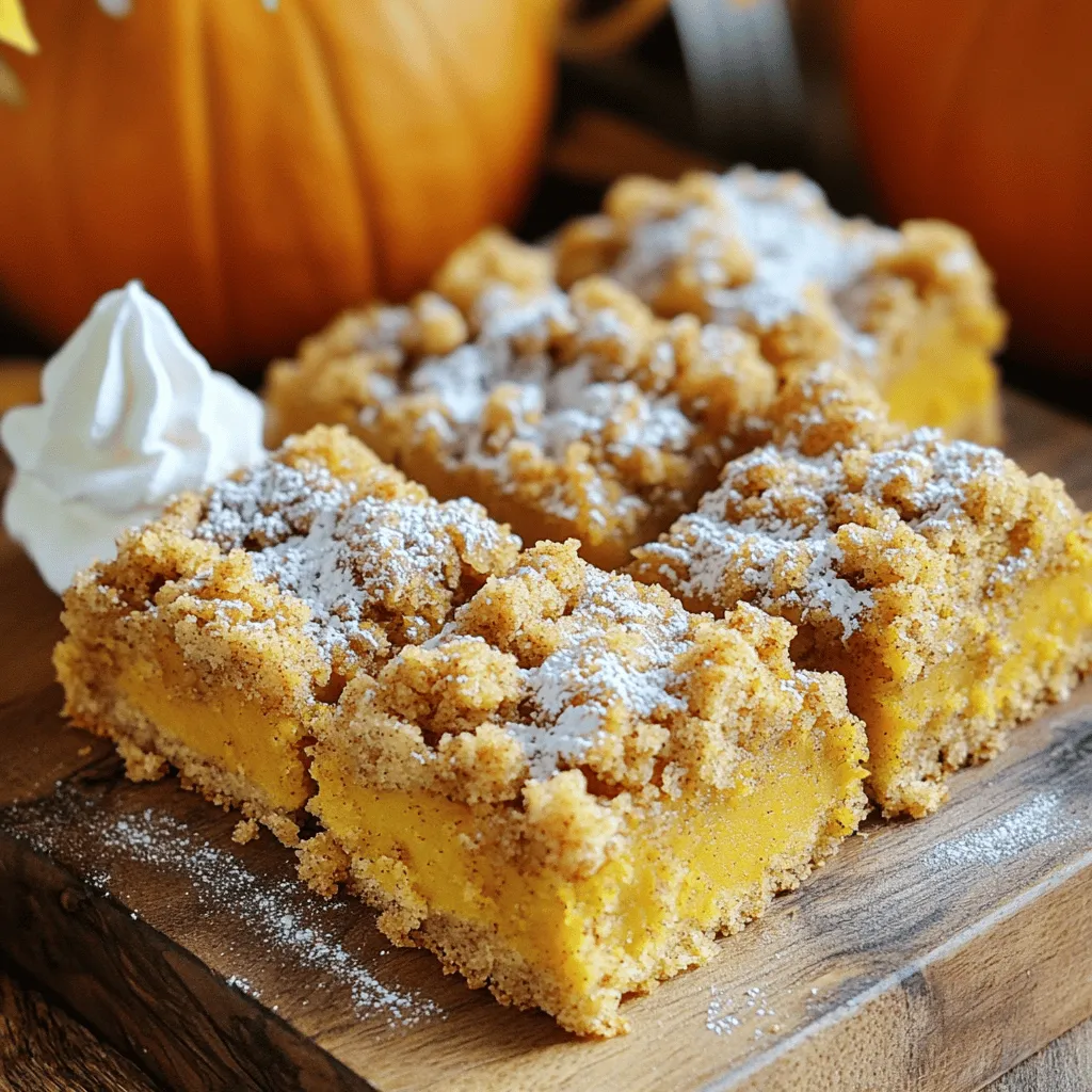 To make this delicious pumpkin crumb cake, you need these key ingredients: - 2 cups all-purpose flour - 1 cup granulated sugar - 1 cup pumpkin puree (canned or fresh) - 3/4 cup vegetable oil - 3 large eggs - 1 teaspoon vanilla extract - 1 teaspoon baking powder - 1 teaspoon baking soda - 1 teaspoon ground cinnamon - 1/2 teaspoon ground nutmeg - 1/2 teaspoon ground ginger - 1/4 teaspoon salt - 1 cup brown sugar (packed) - 1 cup rolled oats - 1 teaspoon ground cinnamon (for the crumb topping) - 1/2 cup cold butter (cut into small pieces) These ingredients come together to create a moist, flavorful cake with a crumbly topping. If you want to add more flavor, consider these options: - Chopped nuts like walnuts or pecans - Chocolate chips for a sweet twist - Dried cranberries or raisins for a fruity touch - A sprinkle of cloves for warmth These add-ins can brighten the cake and make it uniquely yours. You can easily adjust this recipe for dietary needs: - Use gluten-free flour instead of all-purpose flour. - Swap vegetable oil with coconut oil for a different flavor. - Replace eggs with flax eggs (1 tablespoon flaxseed meal + 2.5 tablespoons water per egg). - Use applesauce instead of sugar for a lower-calorie option. These swaps help ensure everyone can enjoy this delightful dessert. First, set your oven to 350°F (175°C). This temperature is perfect for baking. While the oven heats, grab a 9x13 inch baking dish. Grease it well or line it with parchment paper. This will help you remove the cake easily later. In a large bowl, add 2 cups of all-purpose flour, 1 cup of granulated sugar, 1 teaspoon of baking powder, and 1 teaspoon of baking soda. Next, mix in 1 teaspoon of ground cinnamon, 1/2 teaspoon of ground nutmeg, 1/2 teaspoon of ground ginger, and 1/4 teaspoon of salt. Use a whisk to blend these ingredients well. This step is key for a good rise and flavor. In another bowl, combine 1 cup of pumpkin puree, 3/4 cup of vegetable oil, 3 large eggs, and 1 teaspoon of vanilla extract. Mix until smooth. Pour this mixture into the dry ingredients. Stir gently until just combined. A few lumps are okay; overmixing can make the cake tough. In a separate bowl, mix 1 cup of brown sugar, 1 cup of rolled oats, and 1 teaspoon of ground cinnamon. Add 1/2 cup of cold butter cut into small pieces. Use your fingers or a pastry cutter to mix until crumbly. This topping will add a sweet crunch to your cake. Pour the batter into your prepared baking dish and spread it evenly. Sprinkle the crumb topping over the batter. Bake in your preheated oven for 30-35 minutes. Check if it's done by inserting a toothpick in the center; it should come out clean. After baking, let the cake cool in the pan for about 15-20 minutes. Then, slice it into squares. Serve warm or let it cool completely. Enjoy your delicious pumpkin crumb cake! To get that perfect crumb topping, use cold butter. Cut the butter into small pieces. Mix it with brown sugar, oats, and cinnamon. Use your fingers or a pastry cutter. You want it to look crumbly. Don’t overwork it; this keeps the topping light and flaky. The mix should have some bigger chunks, too. They bring nice bites of flavor. If you live at a high altitude, you may need to change baking times. Cakes can rise faster at high altitudes. Start checking your cake a bit early. Bake for about 25-30 minutes instead of the full 30-35. Use a toothpick to test doneness. If it comes out clean, your cake is ready. You may also need to add a bit of flour to help with the rise. Serve this cake warm for the best taste. A dusting of powdered sugar makes it look nice. For a special touch, add a dollop of whipped cream or a scoop of vanilla ice cream. You can also pair it with a cup of coffee or tea. This cake is great for breakfast or dessert. Enjoy it with friends and family for a cozy fall treat. {{image_2}} To make a gluten-free version, swap all-purpose flour for a gluten-free blend. Look for a mix that includes xanthan gum. Use the same amount as the recipe states. The texture will still be moist and delicious. Ensure all other ingredients are gluten-free. You can enhance the flavor with nuts or chocolate chips. Chopped walnuts or pecans add a nice crunch. If you love chocolate, add semi-sweet or dark chocolate chips. Mix in about one cup. Add them to the batter before pouring it into the pan. This will create a rich, tasty treat. You can switch up the flavors with seasonal fruits. For an apple version, replace half the pumpkin with applesauce or diced apples. This adds moisture and sweetness. For a carrot crumb cake, substitute pumpkin with grated carrots. Each twist brings a new taste while keeping the crumbly texture. Enjoy these fun changes! To keep your pumpkin crumb cake fresh, let it cool first. Once cool, cover it tightly with plastic wrap or foil. You can also place it in an airtight container. This will help keep it moist and tasty. Store it at room temperature for up to three days. If you want to keep it longer, consider freezing. If you want to save your cake for later, freezing is a great option. First, let the cake cool completely. Then, cut it into squares for easy serving. Wrap each piece tightly in plastic wrap. After that, place the wrapped pieces in a freezer bag. Make sure to remove as much air as possible. Label the bag with the date. You can freeze the cake for up to three months. When you're ready to enjoy your frozen pumpkin crumb cake, take it out of the freezer. Remove the plastic wrap and place it on a plate. Let it thaw in the fridge overnight. You can also reheat slices in the microwave for 15-20 seconds. If you prefer, heat the whole cake in the oven at 350°F (175°C) for about 10-15 minutes. This will bring back its warm, cozy flavor. Yes, you can use fresh pumpkin. Just make sure to cook and puree it first. Slice the pumpkin, roast it until soft, then mash or blend it. This gives a fresher taste. Keep in mind, fresh pumpkin can be a bit more watery. Adjust the recipe if needed by reducing other liquids. To test if the cake is ready, insert a toothpick into the center. If it comes out clean or with a few crumbs, the cake is done. If it has wet batter on it, bake a bit longer. The edges will start to pull away from the pan, which is a good sign, too! This cake shines with a dollop of whipped cream. Vanilla ice cream also pairs nicely. For a fun twist, try drizzling caramel sauce on top. You can also serve it with a cup of coffee or tea for a cozy fall treat. Stored properly, pumpkin crumb cake can last up to four days at room temperature. If you want it to last longer, keep it in the fridge for up to a week. For longer storage, freeze it. Wrap it well and it can last up to three months in the freezer. We explored everything you need for a delicious pumpkin crumb cake. You learned about key ingredients, baking steps, and helpful tips. We discussed tasty variations and best ways to store your cake. Remember, finding the right mix enhances flavor and texture. Enjoy your baking and share it with others! A pumpkin crumb cake brings joy, comfort, and warmth to any gathering.