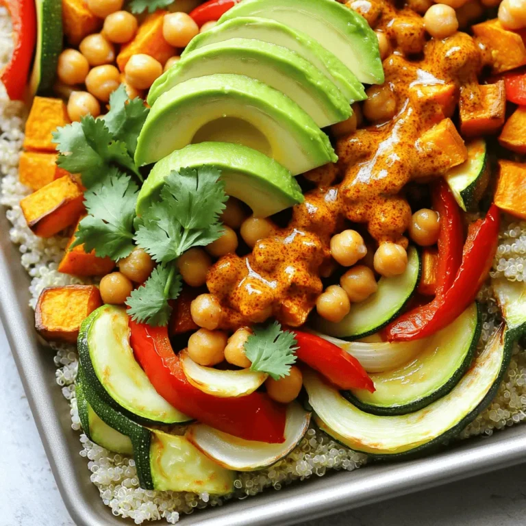 To make these tasty bowls, gather these fresh veggies: - 1 large sweet potato, diced - 1 red bell pepper, chopped - 1 zucchini, sliced - 1 yellow onion, cut into wedges - 1 can (15 oz) chickpeas, drained and rinsed These veggies give your bowl color and crunch. Chickpeas add protein and fiber. For flavor, use these spices: - 3 tablespoons harissa paste - 2 tablespoons olive oil - 1 teaspoon smoked paprika - 1 teaspoon garlic powder - Salt and pepper to taste Harissa brings heat and depth. Olive oil helps everything roast perfectly. Smoked paprika adds a nice, warm flavor. You can make your bowls even better with these add-ons: - Fresh cilantro or parsley for garnish - Avocado slices for serving (optional) - Cooked quinoa or brown rice for serving These toppings enhance taste and texture. Avocado adds creaminess. Quinoa or rice makes the bowl filling. Start by preheating your oven to 425°F (220°C). This high heat helps the veggies roast well. While the oven heats, prepare your veggies. Take one large sweet potato and dice it. Chop one red bell pepper. Slice one zucchini and cut one yellow onion into wedges. Don't forget to rinse and drain one can of chickpeas. This will give your dish a nice texture and protein. In a large bowl, combine all the diced veggies and chickpeas. In another small bowl, mix three tablespoons of harissa paste, two tablespoons of olive oil, one teaspoon of smoked paprika, and one teaspoon of garlic powder. Add salt and pepper to taste. Adjust the harissa based on how spicy you like it. Pour this mix over the veggies and toss them well. Make sure every piece is coated. Spread the veggie mix evenly on a large sheet pan. This helps them cook evenly. Place the pan in the preheated oven. Roast for 25 to 30 minutes, stirring halfway through. This ensures all the veggies get that nice caramelized look. When the sweet potatoes are tender, you know it's time to take them out. Let them cool for a few minutes before serving. While they roast, cook your quinoa or brown rice according to the package. Enjoy this easy and tasty meal! You can change the heat of your dish by adjusting the harissa. Harissa can vary in spice. Start with three tablespoons for a good kick. If you want it milder, use less harissa. For more heat, add a bit more. Always taste your mix before cooking. This way, you can find the right heat level for you. To get all your veggies cooked just right, cut them into similar sizes. This helps them cook evenly. Spread them out on the sheet pan without crowding. If they are too close, they may steam instead of roast. Stir the veggies halfway through cooking. This ensures all sides get that nice, roasted flavor. Want to take your bowls to the next level? Top them with fresh avocado slices for creaminess. A sprinkle of cilantro or parsley adds a nice touch. You can also squeeze some lime juice for a zesty kick. Serve these bowls over quinoa or brown rice. This adds a hearty base that pairs well with the spicy veggies. {{image_2}} You can switch up the veggies in this dish. Try using broccoli, carrots, or cauliflower. Each adds a unique taste and texture. If you prefer, use Brussels sprouts or asparagus for a different twist. Always cut them into similar sizes for even cooking. This way, your veggies roast perfectly. For added protein, think about using lentils or tempeh. Both options fit well with the flavors. You can also add tofu for a nice crunch. Just make sure to season them with harissa too. This addition makes the meal heartier while keeping it plant-based. If you want to mix it up, try other sauces. Sriracha adds a nice kick. You can also use tahini for a creamy touch. A drizzle of soy sauce gives a savory depth. Feel free to experiment with flavors that you love. Each option creates a new taste adventure. Store leftover veggie bowls in airtight containers. This keeps them fresh and tasty. Let the veggies cool before sealing. You can keep them in the fridge for up to four days. If you want to enjoy them later, it's best to keep the grains separate. To reheat, simply place your veggie bowl in the microwave. Heat for 1-2 minutes, or until warm. Stir halfway through to ensure even heating. If you prefer, you can also reheat on the stove. Just add a splash of water to a pan and warm over medium heat. You can freeze the veggie mix for up to three months. Use a freezer-safe container to avoid freezer burn. When you're ready to eat, thaw it in the fridge overnight. Reheat as mentioned above. Avoid freezing the grains, as they can become mushy. You can use sriracha, chili paste, or red curry paste. Each option adds heat and flavor. Mix these with olive oil and spices for a similar taste. If you want a milder option, try mixing smoked paprika with some cayenne pepper. This will give you warmth without too much spice. To spice it up, add more harissa paste. A little goes a long way! You can also include crushed red pepper flakes or fresh chili peppers. For a milder dish, reduce the harissa paste. You can also add yogurt on top to cool it down. This adds creaminess and balances the heat. Yes, you can prep the veggies and chickpeas a day before. Store them in the fridge after coating with harissa. You can also cook the quinoa or rice ahead of time. Just reheat them when you are ready to serve. Roasting the veggies fresh gives you the best texture and flavor. In this article, we explored how to make a great roasted vegetable dish. We covered the key ingredients, including vegetables and spices. I shared step-by-step instructions for preparing and roasting them. You learned tips to adjust flavors and ensure even cooking. We also discussed variations, storage methods, and common questions to help you succeed. Cooking can be fun and easy with the right guidance. Enjoy trying out this recipe!