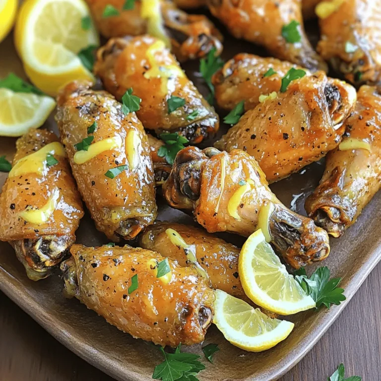 To make crispy lemon pepper wings, you need the following: - 2 pounds chicken wings - 1 cup all-purpose flour - 2 teaspoons baking powder - 1 tablespoon lemon pepper seasoning - 1 teaspoon garlic powder - 1 teaspoon onion powder - ½ teaspoon cayenne pepper (optional, for a kick) - Salt to taste - ½ cup melted butter - Zest of 1 lemon - Juice of 1 lemon - Fresh parsley, chopped (for garnish) Using good ingredients is key to great wings. Fresh chicken wings make a big difference in taste. Choose wings that look plump and have no bad smell. Quality flour helps create that perfect crisp. I always opt for all-purpose flour, as it coats well. Fresh spices, like lemon pepper and garlic powder, enhance the flavor. When you use fresh ingredients, your wings will taste better. Want to kick it up a notch? Add cayenne pepper for heat. This spice gives your wings a nice zing. You can also try adding smoked paprika for a deep flavor. A little honey drizzled on top can add sweetness. Experiment with flavors you love. These small changes can take your wings from good to amazing! Start by preheating your oven to 425°F (220°C). Line a baking sheet with parchment paper. This helps keep the wings from sticking. Rinse the chicken wings under cold water. After washing, pat them dry with paper towels. Dry wings are the key to crispiness. Any moisture can make them soggy. In a mixing bowl, combine the following dry ingredients: - 1 cup all-purpose flour - 2 teaspoons baking powder - 1 tablespoon lemon pepper seasoning - 1 teaspoon garlic powder - 1 teaspoon onion powder - ½ teaspoon cayenne pepper (optional) - Salt to taste Mix well to combine. Next, toss the dried chicken wings in the flour mixture. Ensure each wing gets a good coating. Shake off any extra flour. This will help create a nice crispy crust. Arrange the coated wings in a single layer on the baking sheet. Make sure they are not too crowded. This helps them cook evenly. Bake in the preheated oven for 40-45 minutes. Flip the wings halfway through. This ensures they brown nicely on both sides. When they are golden brown and crispy, they are ready! While the wings bake, prepare the lemon butter sauce. In a small bowl, whisk together: - ½ cup melted butter - Juice of 1 lemon - Zest of 1 lemon Once the wings are done, take them out of the oven. Transfer them to a large bowl. Pour the lemon butter sauce over the hot wings and toss gently. This adds a burst of flavor. Serve the wings hot, garnished with fresh parsley. Enjoy your crispy lemon pepper wings! To get crispy wings, start with dry chicken. Rinse them and pat them dry. This step is key. Use a mix of flour and baking powder. The baking powder helps the wings puff up. Coat them well, but shake off extra flour. Arrange them in a single layer on your baking sheet. This way, hot air can flow around them. Flip the wings halfway through baking for even crispiness. You can boost the lemon pepper flavor easily. Add some garlic powder and onion powder to the mix. These spices make the wings more savory. If you like heat, sprinkle in cayenne pepper. The zest of a lemon adds fresh flavor. You can also try mixing in herbs like thyme or rosemary. Experiment until you find your perfect blend. Don’t overcrowd the baking sheet. If the wings touch, they steam instead of crisp. Also, skip the oil. The melted butter in the sauce is enough. Avoid using frozen wings without thawing. They won’t cook evenly. Finally, make sure to flip the wings. This helps both sides get that nice golden color. {{image_2}} Want to make these wings even crispier? Try air frying! Air fryers use hot air to cook food. This method gives wings a nice crunch without much oil. Here’s how to do it: 1. Prep the wings as usual—rinse, dry, and coat them in the flour mixture. 2. Preheat your air fryer to 400°F (200°C). 3. Place the wings in the air fryer basket in a single layer. Do not overcrowd. 4. Cook for 25-30 minutes, flipping halfway for even crispiness. This method cuts down on fat and still gives a great crunch! Want to spice things up? Add heat to your lemon pepper wings! Here’s an easy way to do it: - Add more cayenne pepper to the flour mix. Use 1 teaspoon instead of ½ teaspoon. - Mix in hot sauce with the lemon butter sauce. A few tablespoons will do the trick! - Garnish with chili flakes for an extra kick. These spicy wings are perfect for those who love a little fire in their food! Looking for a sweet twist? Honey adds a nice flavor to lemon pepper wings. Here’s how to make honey lemon pepper wings: 1. Prepare the wings just like the original recipe. 2. Mix honey into the lemon butter sauce. Use about ¼ cup for a sweet touch. 3. Toss the wings in the honey lemon butter after baking. This twist balances the tartness of lemon with sweet honey. It’s a tasty change! To keep your crispy lemon pepper wings fresh, put them in an airtight container. Make sure they cool down to room temperature first. This helps prevent sogginess. Store them in the fridge for up to three days. If you want to enjoy them later, freezing is a great option. When it’s time to eat your leftover wings, reheating is key. The oven is the best way to keep them crispy. Preheat your oven to 375°F (190°C). Place the wings on a baking sheet and heat for about 10-15 minutes. Flip them halfway to get even heat. You can also use an air fryer. Set it to 375°F (190°C) and cook for 5-7 minutes. This method keeps the wings nice and crispy. Freezing wings is easy and smart for meal prep. First, let the wings cool completely. Then, lay them out on a baking sheet in a single layer. Freeze for about an hour. This keeps them from sticking together. After that, transfer the wings to a freezer bag. Label it with the date and type. They can stay in the freezer for up to three months. When you want to eat them, thaw in the fridge overnight before reheating. To make your wings extra crispy, start by drying them well. Pat them with paper towels until they are completely dry. This helps remove moisture, which can make them soggy. Next, coat the wings with a mix of flour and baking powder. The baking powder is key for crispiness. Spread the wings out on the baking sheet, so they have space. This allows air to circulate. Baking at a high temperature like 425°F (220°C) will also help them crisp up nicely. If you don’t have lemon pepper seasoning, you can make your own. Combine equal parts lemon zest and black pepper. Add some salt and garlic powder for extra flavor. Another option is to mix lemon juice with regular pepper and salt. This will give you a nice lemony flavor without the seasoning. Feel free to get creative and add herbs like thyme or oregano for more depth. Yes, you can use frozen chicken wings. However, you should thaw them first. Thaw the wings in the fridge overnight or in cold water for a quicker method. Once thawed, dry them well to avoid sogginess. Follow the same steps for coating and baking. Just keep an eye on the cooking time, as they might need a few extra minutes to cook through. In this blog post, we covered everything you need to know about making lemon pepper wings. We explored key ingredients, the importance of quality, and options for extra flavor. You learned how to prepare, coat, and bake wings to get that perfect crispiness. I shared tips to enhance flavor and avoid common mistakes. We also discussed tasty variations like spicy and honey lemon wings. Finally, I provided storage tips to keep your wings fresh. Enjoy these delicious wings and make them your own!