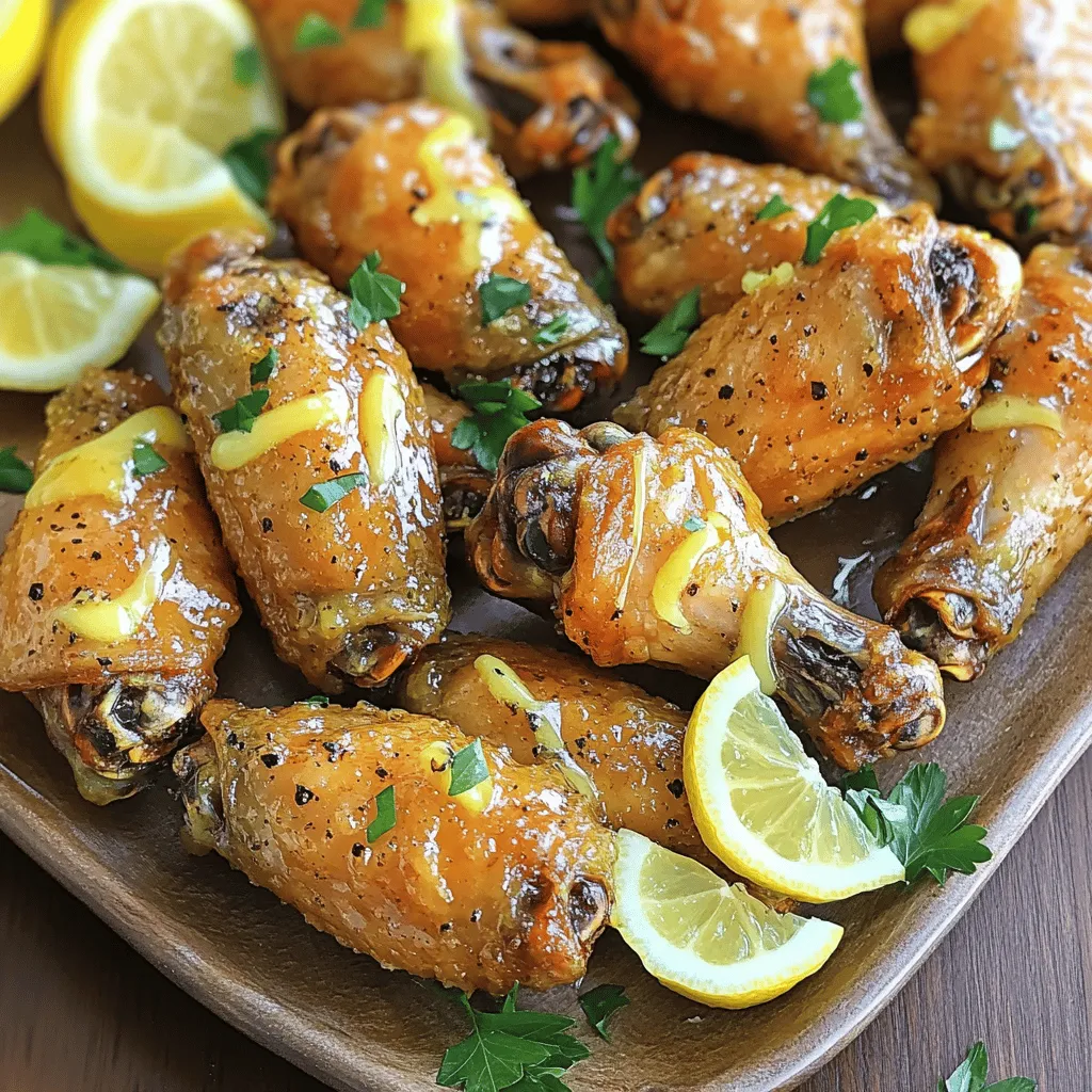To make crispy lemon pepper wings, you need the following: - 2 pounds chicken wings - 1 cup all-purpose flour - 2 teaspoons baking powder - 1 tablespoon lemon pepper seasoning - 1 teaspoon garlic powder - 1 teaspoon onion powder - ½ teaspoon cayenne pepper (optional, for a kick) - Salt to taste - ½ cup melted butter - Zest of 1 lemon - Juice of 1 lemon - Fresh parsley, chopped (for garnish) Using good ingredients is key to great wings. Fresh chicken wings make a big difference in taste. Choose wings that look plump and have no bad smell. Quality flour helps create that perfect crisp. I always opt for all-purpose flour, as it coats well. Fresh spices, like lemon pepper and garlic powder, enhance the flavor. When you use fresh ingredients, your wings will taste better. Want to kick it up a notch? Add cayenne pepper for heat. This spice gives your wings a nice zing. You can also try adding smoked paprika for a deep flavor. A little honey drizzled on top can add sweetness. Experiment with flavors you love. These small changes can take your wings from good to amazing! Start by preheating your oven to 425°F (220°C). Line a baking sheet with parchment paper. This helps keep the wings from sticking. Rinse the chicken wings under cold water. After washing, pat them dry with paper towels. Dry wings are the key to crispiness. Any moisture can make them soggy. In a mixing bowl, combine the following dry ingredients: - 1 cup all-purpose flour - 2 teaspoons baking powder - 1 tablespoon lemon pepper seasoning - 1 teaspoon garlic powder - 1 teaspoon onion powder - ½ teaspoon cayenne pepper (optional) - Salt to taste Mix well to combine. Next, toss the dried chicken wings in the flour mixture. Ensure each wing gets a good coating. Shake off any extra flour. This will help create a nice crispy crust. Arrange the coated wings in a single layer on the baking sheet. Make sure they are not too crowded. This helps them cook evenly. Bake in the preheated oven for 40-45 minutes. Flip the wings halfway through. This ensures they brown nicely on both sides. When they are golden brown and crispy, they are ready! While the wings bake, prepare the lemon butter sauce. In a small bowl, whisk together: - ½ cup melted butter - Juice of 1 lemon - Zest of 1 lemon Once the wings are done, take them out of the oven. Transfer them to a large bowl. Pour the lemon butter sauce over the hot wings and toss gently. This adds a burst of flavor. Serve the wings hot, garnished with fresh parsley. Enjoy your crispy lemon pepper wings! To get crispy wings, start with dry chicken. Rinse them and pat them dry. This step is key. Use a mix of flour and baking powder. The baking powder helps the wings puff up. Coat them well, but shake off extra flour. Arrange them in a single layer on your baking sheet. This way, hot air can flow around them. Flip the wings halfway through baking for even crispiness. You can boost the lemon pepper flavor easily. Add some garlic powder and onion powder to the mix. These spices make the wings more savory. If you like heat, sprinkle in cayenne pepper. The zest of a lemon adds fresh flavor. You can also try mixing in herbs like thyme or rosemary. Experiment until you find your perfect blend. Don’t overcrowd the baking sheet. If the wings touch, they steam instead of crisp. Also, skip the oil. The melted butter in the sauce is enough. Avoid using frozen wings without thawing. They won’t cook evenly. Finally, make sure to flip the wings. This helps both sides get that nice golden color. {{image_2}} Want to make these wings even crispier? Try air frying! Air fryers use hot air to cook food. This method gives wings a nice crunch without much oil. Here’s how to do it: 1. Prep the wings as usual—rinse, dry, and coat them in the flour mixture. 2. Preheat your air fryer to 400°F (200°C). 3. Place the wings in the air fryer basket in a single layer. Do not overcrowd. 4. Cook for 25-30 minutes, flipping halfway for even crispiness. This method cuts down on fat and still gives a great crunch! Want to spice things up? Add heat to your lemon pepper wings! Here’s an easy way to do it: - Add more cayenne pepper to the flour mix. Use 1 teaspoon instead of ½ teaspoon. - Mix in hot sauce with the lemon butter sauce. A few tablespoons will do the trick! - Garnish with chili flakes for an extra kick. These spicy wings are perfect for those who love a little fire in their food! Looking for a sweet twist? Honey adds a nice flavor to lemon pepper wings. Here’s how to make honey lemon pepper wings: 1. Prepare the wings just like the original recipe. 2. Mix honey into the lemon butter sauce. Use about ¼ cup for a sweet touch. 3. Toss the wings in the honey lemon butter after baking. This twist balances the tartness of lemon with sweet honey. It’s a tasty change! To keep your crispy lemon pepper wings fresh, put them in an airtight container. Make sure they cool down to room temperature first. This helps prevent sogginess. Store them in the fridge for up to three days. If you want to enjoy them later, freezing is a great option. When it’s time to eat your leftover wings, reheating is key. The oven is the best way to keep them crispy. Preheat your oven to 375°F (190°C). Place the wings on a baking sheet and heat for about 10-15 minutes. Flip them halfway to get even heat. You can also use an air fryer. Set it to 375°F (190°C) and cook for 5-7 minutes. This method keeps the wings nice and crispy. Freezing wings is easy and smart for meal prep. First, let the wings cool completely. Then, lay them out on a baking sheet in a single layer. Freeze for about an hour. This keeps them from sticking together. After that, transfer the wings to a freezer bag. Label it with the date and type. They can stay in the freezer for up to three months. When you want to eat them, thaw in the fridge overnight before reheating. To make your wings extra crispy, start by drying them well. Pat them with paper towels until they are completely dry. This helps remove moisture, which can make them soggy. Next, coat the wings with a mix of flour and baking powder. The baking powder is key for crispiness. Spread the wings out on the baking sheet, so they have space. This allows air to circulate. Baking at a high temperature like 425°F (220°C) will also help them crisp up nicely. If you don’t have lemon pepper seasoning, you can make your own. Combine equal parts lemon zest and black pepper. Add some salt and garlic powder for extra flavor. Another option is to mix lemon juice with regular pepper and salt. This will give you a nice lemony flavor without the seasoning. Feel free to get creative and add herbs like thyme or oregano for more depth. Yes, you can use frozen chicken wings. However, you should thaw them first. Thaw the wings in the fridge overnight or in cold water for a quicker method. Once thawed, dry them well to avoid sogginess. Follow the same steps for coating and baking. Just keep an eye on the cooking time, as they might need a few extra minutes to cook through. In this blog post, we covered everything you need to know about making lemon pepper wings. We explored key ingredients, the importance of quality, and options for extra flavor. You learned how to prepare, coat, and bake wings to get that perfect crispiness. I shared tips to enhance flavor and avoid common mistakes. We also discussed tasty variations like spicy and honey lemon wings. Finally, I provided storage tips to keep your wings fresh. Enjoy these delicious wings and make them your own!