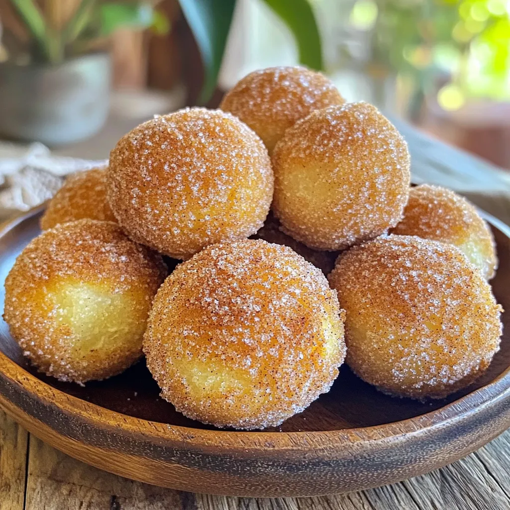 - 1 cup all-purpose flour - 1 tablespoon baking powder - 1/4 teaspoon salt - 1/4 cup granulated sugar - 1 teaspoon cinnamon (plus more for coating) - 1/2 cup whole milk - 1 large egg - 3 tablespoons unsalted butter, melted - 1/4 cup granulated sugar (for coating) - Cooking spray To make air fryer churro donut holes, you need simple ingredients. Choose fresh items for the best taste. First, grab 1 cup of all-purpose flour. This gives the donut holes their structure. Next, you need 1 tablespoon of baking powder for a nice rise. Add 1/4 teaspoon of salt to balance the sweetness. Then, mix in 1/4 cup of granulated sugar for sweetness. Don't forget 1 teaspoon of cinnamon, which adds that classic churro flavor. For moisture, you will need 1/2 cup of whole milk. One large egg binds everything together. Use 3 tablespoons of melted unsalted butter for richness. Lastly, you will want an extra 1/4 cup of granulated sugar mixed with more cinnamon for coating after frying. Cooking spray is essential to keep the donut holes from sticking. With these ingredients, you will create a delightful treat that everyone will love! - In a mixing bowl, whisk together: - 1 cup all-purpose flour - 1 tablespoon baking powder - 1/4 teaspoon salt - 1/4 cup granulated sugar - 1 teaspoon cinnamon This mix gives your donut holes a great base. - In another bowl, mix together: - 1/2 cup whole milk - 1 large egg - 3 tablespoons unsalted butter, melted Blend these until smooth. - Gradually add the wet mix to the dry mix. Stir gently until just combined. Avoid overmixing; the batter should be thick. - Preheat your air fryer to 350°F (175°C) for about 5 minutes. - Using a small cookie scoop or your hands, shape the dough into balls about 1 inch wide. Place them in the air fryer basket, leaving space between them. - Cook the donut holes for 8-10 minutes. Flip them halfway through for even cooking. They should be golden brown when done. - While they cook, prepare the cinnamon-sugar mixture by combining: - 1/4 cup granulated sugar - 1 teaspoon cinnamon - Once the donut holes are done, remove them from the air fryer. Roll them in the cinnamon-sugar mixture. Make sure they are fully coated. - Serve warm for a tasty treat. Enjoy! To get the best dough, avoid overmixing. When you mix the wet and dry ingredients, stir just until they blend. If you mix too much, your donut holes may turn out tough. The right thickness for the batter is key. You want it thick, but not too thick. It should hold its shape when you scoop it. If it seems too runny, add a tiny bit more flour. For the perfect churro donut holes, set your air fryer to 350°F (175°C). Preheat it for about 5 minutes. This helps the dough cook evenly and brown nicely. Spacing is important. Make sure to place the dough balls apart in the basket. This allows hot air to flow around them, cooking each donut hole evenly. Churro donut holes are great warm right out of the air fryer. Pair them with a hot drink like coffee or chocolate milk for a tasty snack. You can also dip them in chocolate sauce or caramel. These flavors really enhance the taste. They are perfect for parties or casual get-togethers. {{image_2}} You can easily switch up the flavors in your churro donut holes. Here are some fun ideas: - Chocolate Chips: Add a handful of chocolate chips to the dough for a sweet surprise. They melt nicely and add a rich flavor. - Vanilla: Mix in a teaspoon of vanilla extract with your wet ingredients. This gives a warm, sweet aroma that pairs well with cinnamon. - Spices: Try different spices like nutmeg or cardamom for a unique twist. Each spice brings a new taste profile, so get creative! If you have dietary needs, these simple swaps work well: - Gluten-Free: Substitute all-purpose flour with a gluten-free blend. Make sure it includes xanthan gum for the right texture. - Dairy-Free: Use almond milk or coconut milk instead of whole milk. Replace unsalted butter with coconut oil or dairy-free butter. If you want to try other cooking methods, here are two options: - Baking in the Oven: Preheat your oven to 350°F (175°C). Place the donut holes on a baking sheet lined with parchment paper. Bake for about 12-15 minutes, flipping halfway. - Frying in Hot Oil: For a classic churro texture, heat oil in a deep pot. Fry the donut holes until golden brown, about 2-3 minutes per side. This gives a crunchy outside and soft inside. These variations let you personalize your churro donut holes. Enjoy experimenting with flavors and cooking methods! To keep your churro donut holes fresh, place them in an airtight container. You can refrigerate them for up to three days. This helps maintain their soft texture. If you have extra, try to layer them with parchment paper to avoid sticking. For soft donut holes, microwave them for 10-15 seconds. This warms them without drying them out. If you want them crispy again, pop them back in the air fryer at 350°F (175°C) for about 2-3 minutes. This method brings back their delightful crunch. To freeze your donut holes, let them cool completely. Then, place them in a single layer on a baking sheet. Freeze for about 1-2 hours until firm. Once frozen, move them to a freezer bag. They can last up to three months. When you want to enjoy them, thaw in the fridge overnight. Reheat as mentioned above for the best results. Air fryer churro donut holes last about 2-3 days when stored properly. To keep them fresh, place them in an airtight container. You can also refrigerate them for a few extra days. Just reheat them in the air fryer or oven to regain their warmth and crispiness. Yes, you can use whole wheat flour instead of all-purpose flour. However, whole wheat flour may make the donut holes denser. If you want a lighter texture, consider mixing half whole wheat and half all-purpose flour. This blend gives a nice balance while adding some nutrients. Churro donut holes pair well with many tasty treats. You can serve them with chocolate sauce, caramel, or a vanilla glaze. They also go great with coffee or hot chocolate for a fun snack. Feel free to get creative with your dips! To make these donut holes healthier, you can swap out a few ingredients. Use almond milk or oat milk instead of whole milk. You can also replace granulated sugar with coconut sugar or a sugar substitute. For a lower fat option, try using applesauce instead of butter. Enjoying homemade air fryer churro donut holes is simple and fun. We covered all the essential ingredients and steps, from mixing the batter to air frying. Don't forget the tips to perfect your donut holes, plus the exciting flavor variations you can try. These treats are perfect for any occasion. Experiment with flavors and share them warm. With proper storage, they can stay fresh longer. Now, get ready to make this delightful snack and impress your friends and family!