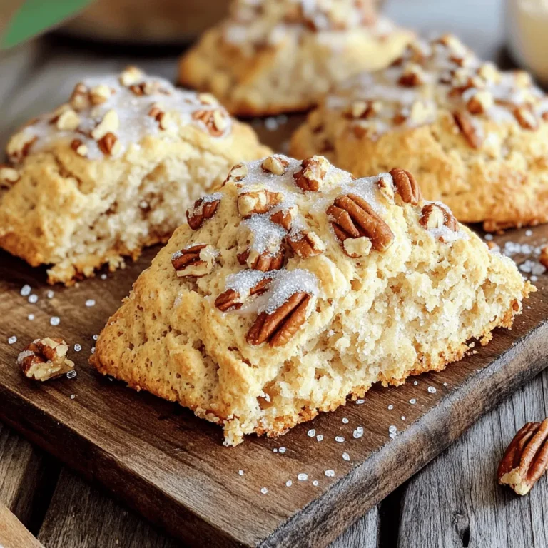 - 2 cups all-purpose flour - 1/3 cup brown sugar, packed - 1 tablespoon baking powder - 1/2 teaspoon salt - 1/4 teaspoon ground cinnamon - 1/2 cup cold unsalted butter, cubed - 1/2 cup heavy cream - 1 large egg - 1 teaspoon vanilla extract - 1 cup pecans, chopped - 1 tablespoon sparkling sugar (optional, for topping) To create bakery style brown sugar pecan scones, you need to gather your ingredients first. Start with the dry ingredients. You will need flour, brown sugar, baking powder, salt, and cinnamon. Each item plays a role in flavor and texture. Next, for the wet ingredients, grab cold unsalted butter, heavy cream, an egg, and vanilla extract. These ingredients add moisture and richness. The butter should be cold to keep the scones flaky. For the mix-ins, you will want chopped pecans. They add a nice crunch and nutty flavor. If you like a bit of sweetness and sparkle, consider using sparkling sugar as a topping. It makes the scones look beautiful and adds a crunchy layer. Now that you have everything, you are ready to bake! Each ingredient is important for making these scones delicious and irresistible. - Preheat oven to 400°F (200°C). - Line a baking sheet with parchment paper. Start by turning on your oven. The heat helps the scones rise and get golden. Lining the baking sheet with parchment keeps them from sticking. - Combine flour, brown sugar, baking powder, salt, and cinnamon. In a large bowl, mix the dry ingredients well. This helps the flavors blend evenly. Brown sugar adds a rich taste, while cinnamon gives warmth. - Add cubed butter and mix until crumbly. - Whisk together cream, egg, and vanilla; combine with dry ingredients. Next, add the cold butter. Use your fingers or a pastry cutter to break it up. You want small bits in the mix. In another bowl, whisk the cream, egg, and vanilla. Pour this into the dry mixture and fold gently. Do not overmix; you want tender scones. - Fold in chopped pecans, shape dough into a circle. - Cut into wedges and arrange on baking sheet, sprinkle with sugar. - Bake for 15-18 minutes until golden brown. Now, fold in the pecans for crunch. Turn the dough onto a floured surface and shape it into a circle. Cut it into eight wedges. Place them on your sheet, leaving space. If you want, sprinkle with sugar for a sweet touch. Bake until they are golden and smell amazing. Enjoy the warm, nutty goodness! Cold butter is key for great scones. When you use cold butter, it creates little pockets of air. This helps the scones rise and stay flaky. I suggest cubing the butter and placing it in the freezer for about 10 minutes before mixing it in. Avoid overmixing your dough. When you mix too much, the scones can turn out tough. You want to mix just until the dough comes together. It’s okay if there are some lumps. Those little bits of butter will melt and make your scones light and airy. Want to take your scones to the next level? Try adding spices like nutmeg for warmth. You can also toss in chocolate chips for a sweet twist. Both options work well with the brown sugar and pecans. For an extra touch, think about glazes or icing. A simple glaze made from powdered sugar and milk can add sweetness and shine. Just drizzle it over the warm scones for a lovely finish. These scones pair perfectly with coffee or tea. The nutty flavor of the pecans complements the rich taste of a good brew. To make your scones look even more inviting, serve them on a rustic wooden board. You can also place them on a pretty plate. For a sweet touch, drizzle the icing on top right before serving. This will make your scones not only taste great but look beautiful too. {{image_2}} If you want a nut-free scone, swap pecans for chocolate chips or dried fruit. Chocolate chips add a sweet touch that kids love. Dried fruit, like raisins or apricots, can give a nice chewiness. Both options keep the scone tasty and fun. For a gluten-free scone, use flour alternatives like almond flour or oat flour. Almond flour gives a rich flavor, while oat flour adds a hearty texture. Make sure to check that the flour is certified gluten-free. This way, everyone can enjoy your delicious scones. Adding fruits like blueberries or cranberries can brighten the flavor. They also add a pop of color. You can also explore spices like ginger or cardamom for warmth. These spices can transform the taste, making it unique and exciting. Feel free to mix and match to find your favorite combination. You can store scones at room temperature for 1-2 days. Place them in an airtight container. Keep them away from heat and direct sunlight. This will help maintain their soft texture. If you want them warm, just reheat them in the oven for a few minutes. To freeze scones, place them in a single layer on a baking sheet. Freeze them for about an hour. Once firm, transfer them to a freezer bag. Label the bag with the date. They will stay fresh for up to 3 months. To reheat, bake from frozen at 350°F for about 15-20 minutes. To keep your scones fresh after baking, avoid cutting them until you are ready to serve. If they do get cut, wrap them in plastic wrap. This keeps moisture in and air out. You can also add a piece of bread to the container. The bread helps maintain moisture, keeping your scones soft. Yes, you can make these scones ahead of time. Here are some tips to help you. - Prep the dough: You can mix the dry ingredients and cut in the butter. Store this mixture in the fridge for up to 2 days. - Chill the dough: If you form the dough into a circle, wrap it in plastic wrap. Chill for 1-2 hours before baking. - Freeze for later: Cut the scones into wedges and freeze them on a baking sheet. Once frozen, store them in a zip-top bag for up to 3 months. - Baking from frozen: You can bake them straight from the freezer. Just add 2-3 extra minutes to the baking time. If you want a lighter option, here are some great substitutes for heavy cream: - Milk and butter: Mix 1/4 cup of melted butter with 3/4 cup of milk. This gives you a similar richness. - Half-and-half: This works well, too. It gives a creamy texture but with less fat. - Greek yogurt: Use plain Greek yogurt for a thicker, tangy flavor. Thin it with a bit of milk if needed. - Coconut cream: This is a dairy-free option. It adds a nice flavor and creaminess. You can tell the scones are done by looking for these signs: - Color: They should be golden brown on top. - Toothpick test: Insert a toothpick into the center. If it comes out clean or with a few crumbs, they are done. - Firmness: Gently press the top; it should feel firm and spring back. - Smell: The scones will fill your kitchen with a sweet aroma when they are almost ready! You now know how to make delicious scones with ease. We covered essential ingredients, step-by-step methods, and clever tips for the perfect texture. You can also explore different variations and storage options for long-lasting freshness. Keep experimenting with flavors and serve these delightful treats to your friends and family. Enjoy the process and make it your own. Scones can be a fun addition to any gathering or a lovely treat for yourself!