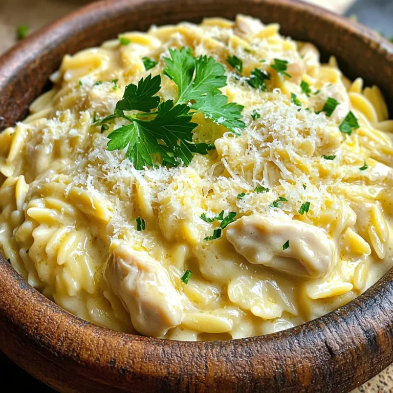 - 1 pound boneless skinless chicken breasts - 1 cup orzo pasta - 4 cups chicken broth - 1 cup heavy cream - 1 teaspoon Italian seasoning - Salt and pepper to taste - ¼ cup fresh parsley, chopped - 1 cup grated Parmesan cheese Gather these ingredients to make a delicious creamy chicken alfredo orzo. The chicken provides protein and flavor. The orzo pasta adds a unique twist to the classic dish. Chicken broth gives depth to the flavor, while heavy cream creates that rich, creamy texture we crave. For seasoning, Italian seasoning brings warmth and earthiness. Salt and pepper enhance all the flavors. Fresh parsley adds color and a fresh taste. Finally, grated Parmesan cheese rounds out the dish with its nutty flavor. With these items, you prepare a comforting meal that everyone will love. Each ingredient plays an important role in achieving the perfect creamy chicken alfredo orzo. First, heat 2 tablespoons of olive oil in a large pot over medium heat. Olive oil adds flavor and helps cook the chicken evenly. Then, add 1 pound of diced boneless, skinless chicken breasts. Season the chicken with salt and pepper. Cook it for about 5 to 7 minutes. You want the chicken to be browned and cooked all the way through. Once done, remove the chicken from the pot and set it aside. This step gives your dish a great base of flavor. In the same pot, add 1 small finely chopped onion and 3 cloves of minced garlic. Sauté these for about 3 to 4 minutes. You want the onion to become soft and translucent. This brings out the natural sweetness of the onion and garlic. Next, stir in 1 cup of orzo pasta. Toast the orzo for about 1 minute. This toasting adds a nice nutty flavor to the dish. Now, pour in 4 cups of chicken broth and bring it to a gentle boil. Once boiling, reduce the heat to low and let it simmer for about 10 to 12 minutes. Stir occasionally. This helps ensure the orzo cooks evenly and absorbs most of the liquid. Once the orzo is al dente, stir in 1 cup of heavy cream, 1 cup of grated Parmesan cheese, and the cooked chicken. Mix everything well. Continue to cook on low heat for another 2 to 3 minutes. The cheese should melt and the sauce will become creamy. Taste it and adjust the seasoning with more salt and pepper if needed. This mix of flavors creates a truly tasty and creamy delight! To make a rich sauce, use heavy cream and fresh Parmesan cheese. The cream adds body, while the cheese brings flavor. Stir the mixture well to blend the ingredients. This ensures a smooth texture. If the sauce is too thick, add a splash of chicken broth or more cream. This helps keep the dish balanced and creamy. Adjust the seasoning to your taste. Taste the dish as you cook and add salt and pepper as needed. A pinch of Italian seasoning can enhance the flavor. Remember, it's easier to add more seasoning than to fix an over-seasoned dish. Stirring is key to prevent sticking. As the orzo cooks, stir occasionally. This helps release starch and creates a creamy sauce. If you notice the orzo sticking, add a bit more broth. Monitor liquid absorption as you cook. The orzo will soak up the broth slowly. Keep an eye on it and stir often. When most of the liquid is absorbed, it's almost ready. You want the orzo to be al dente, with a little bite to it. This adds texture to your dish. {{image_2}} You can switch up the protein in this dish. Instead of chicken, try shrimp or turkey. Both options add a nice twist. You can also use tofu for a vegetarian version. If you don’t have heavy cream, you can use half-and-half or whole milk. For a lighter option, consider using Greek yogurt. It adds creaminess and a bit of tang. Adding veggies makes this dish even better. Spinach or broccoli works great. Just toss them in during the last few minutes of cooking. They will add color and nutrients. You can also play with herbs and spices. Basil or thyme can add fresh notes. A pinch of red pepper flakes brings some heat. Experiment with what you love most! To keep your Creamy Chicken Alfredo Orzo fresh, follow these tips: - Refrigerate promptly: After serving, cool the dish and place it in the fridge within two hours. - Use airtight containers: Store leftovers in a container that seals tightly. This keeps the orzo from drying out. I recommend using glass or BPA-free plastic containers. They help maintain flavor and texture. You can reheat your orzo dish in two easy ways: - Microwave: Place a portion in a microwave-safe bowl. Heat for 1-2 minutes, stirring halfway through. Add a splash of cream if it looks dry. - Stovetop: Heat a skillet over low heat. Add your orzo and a splash of chicken broth or cream. Stir gently until warmed through. To keep it creamy, avoid high heat. Low and slow helps maintain that smooth texture. Enjoy a warm bowl of comfort! Creamy Chicken Alfredo Orzo stays fresh for about three to four days in the fridge. Store it in an airtight container to keep it safe. Always check for any off smells or changes in texture before eating. If it looks or smells bad, it's best to toss it out. Remember, food safety is key! Yes, you can make this dish ahead of time. Cook the orzo and chicken as directed, then let it cool. Store it in the fridge for up to two days. When ready to eat, reheat gently on the stove. Add a splash of chicken broth to keep it creamy. This makes meal prep easy and tasty! Pair this dish with a fresh side salad for a balanced meal. A simple green salad with vinaigrette works great. You can also add steamed broccoli or garlic bread on the side. These sides complement the creamy orzo and make your dinner even better. Enjoy experimenting with different pairings! This recipe combines simple ingredients to create a tasty dish. You learned how to cook chicken, orzo, and a creamy sauce. I shared tips to make it perfect every time. You can swap ingredients to keep it fresh. Storing and reheating techniques ensure leftovers stay great. Enjoy your Creamy Chicken Alfredo Orzo with your favorite sides. Remember, cooking is fun and easy!