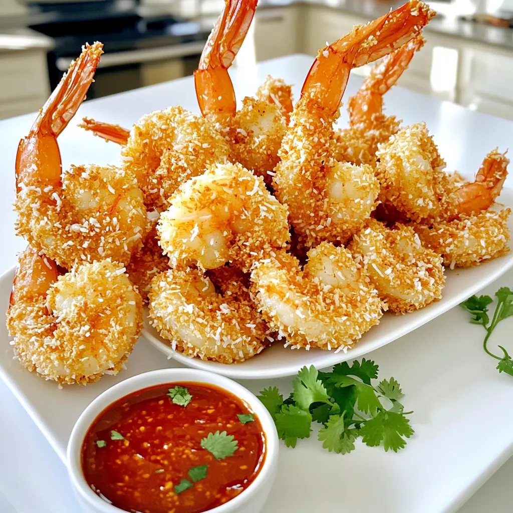 - 1 pound large shrimp, peeled and deveined - 1 cup unsweetened shredded coconut - 1 cup panko breadcrumbs - 1/2 cup all-purpose flour - 2 large eggs - 1 teaspoon garlic powder - 1 teaspoon paprika - 1/2 teaspoon salt - 1/4 teaspoon black pepper - Cooking spray or olive oil for misting To make air fryer coconut shrimp, you need fresh ingredients. Start with high-quality shrimp. Choose large, peeled, and deveined shrimp for the best results. The coconut adds crunch, while panko breadcrumbs create a light texture. I like to use unsweetened shredded coconut. It gives a nice flavor without being too sweet. Panko breadcrumbs are key for that perfect crunch. They help the shrimp crisp up nicely in the air fryer. The flour helps the coating stick. Eggs create a binding layer. The spices bring extra flavor. Garlic powder and paprika make the shrimp pop. Salt and pepper bring out all the flavors. Lastly, use cooking spray or olive oil to mist the shrimp. This helps them get golden brown and crispy. With these simple yet flavorful ingredients, you'll create a dish that everyone loves. - Preheat the air fryer to 400°F (200°C) for about 5 minutes. - Prepare a breading station with three shallow dishes. In the first dish, add 1/2 cup of all-purpose flour. In the second dish, beat two large eggs. In the third dish, mix 1 cup of panko breadcrumbs, 1 cup of unsweetened shredded coconut, 1 teaspoon of garlic powder, 1 teaspoon of paprika, 1/2 teaspoon of salt, and 1/4 teaspoon of black pepper. This setup makes the breading process easy and organized. - Dredging in flour - Dipping in eggs - Coating with coconut and panko Start by taking each shrimp and dredging it in the flour. Make sure to shake off any extra flour. Next, dip the floured shrimp into the beaten eggs. Let any excess egg drip off. Finally, coat each shrimp in the coconut-panko mixture. Press gently to help it stick. This creates a crunchy layer that will be so tasty! - Arranging shrimp in the air fryer - Cooking time and flipping instructions Now it's time to cook! Arrange the coated shrimp in a single layer in the air fryer basket. Mist them lightly with cooking spray. This helps them get nice and crispy. Cook the shrimp for about 8-10 minutes. Flip them halfway through to ensure even cooking. When they turn golden brown, they are ready to enjoy! To get that perfect crunch, use cooking spray instead of olive oil. Cooking spray coats evenly and helps the shrimp crisp up nicely. When your shrimp cook, flip them halfway through. This step ensures both sides get golden and crunchy. Pair your coconut shrimp with tasty dips. Sweet chili sauce works great for a nice kick. Mango salsa also adds a fresh twist. For a pretty plate, garnish with fresh cilantro. It adds color and looks inviting. Avoid overcrowding the air fryer basket. If you pack it too tight, the shrimp won’t crisp well. Also, don’t skip preheating the air fryer. This step helps cook the shrimp evenly and keeps them from being soggy. {{image_2}} You can easily change the flavor of your coconut shrimp. If you like spice, add cayenne pepper to the coconut-panko mix. Just a little bit can make a big difference! For a tropical twist, try mixing in some dried mango or pineapple with the breadcrumbs. This adds a nice sweetness that pairs well with the shrimp. If you need a gluten-free option, you can swap out panko breadcrumbs. Use gluten-free breadcrumbs instead. This change keeps the crunch while making it safe for those with gluten allergies. Just make sure to check the label on your breadcrumbs. You can also bake or pan-fry coconut shrimp if you don’t have an air fryer. To bake, preheat your oven to 400°F (200°C). Place the shrimp on a baking sheet and bake for 12-15 minutes until golden brown. For pan-frying, heat oil in a pan over medium heat. Cook the shrimp for about 3-4 minutes on each side. Both methods create tasty shrimp, but the air fryer keeps them lighter! To store cooked coconut shrimp, let them cool first. Place the shrimp in an airtight container. This helps keep them fresh. You can refrigerate them for up to three days. Make sure to keep them in the fridge right away. This prevents harmful bacteria from growing. To reheat coconut shrimp, use the air fryer for the best results. Set it to 350°F (175°C). Heat the shrimp for about 5 minutes. This makes them crispy again. You can also use an oven. Preheat it to 350°F (175°C) and bake the shrimp for about 10 minutes. Keep an eye on them so they don’t dry out. To freeze uncooked shrimp, place them in a single layer on a baking sheet. Freeze them for about an hour. Once frozen, transfer them to a freezer bag. You can keep them for up to three months. For cooked shrimp, let them cool first. Place them in airtight containers or freezer bags. These can also be frozen for up to three months. Just remember to label them with the date. Look for a few signs. The shrimp should be golden brown and crispy. They should reach an internal temperature of 120°F (49°C). If they look dry and firm, they are done. You can also check if the shrimp curls into a “C” shape. This shows they are cooked through. Yes, you can use frozen shrimp! Just make sure to thaw them first. Place them in cold water for about 15-20 minutes. Pat them dry with paper towels. This will help the coating stick better. You might need to cook them a minute or two longer in the air fryer. While sweet chili sauce is popular, you have other tasty options. Try a tangy mango salsa for a fruity kick. A spicy aioli adds a creamy heat. You can also serve them with a lime-cilantro dipping sauce for a fresh twist. Coconut shrimp is a fun and tasty dish you can make at home. We covered the key ingredients, like shrimp, coconut, and panko. I shared easy step-by-step instructions to ensure crispy results. You now know tips for great flavor and storing leftovers. Remember to avoid common mistakes, like overcrowding your fryer. With these ideas, you can create perfect coconut shrimp every time. Enjoy experimenting with flavors and cooking methods. Your homemade coconut shrimp will impress anyone who tries it!