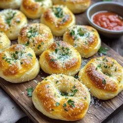 - 1 package of refrigerated pizza dough - 4 tablespoons unsalted butter, melted - 3 cloves garlic, minced - 1/2 cup grated Parmesan cheese - 1 teaspoon dried Italian herbs (oregano, basil, thyme) - 1/2 teaspoon garlic powder - Salt to taste - Fresh parsley, chopped (for garnish) These simple ingredients are easy to find. They create a burst of flavor with each bite. The pizza dough serves as the base, while butter and garlic add richness. Parmesan cheese brings a salty, nutty taste. Using dried herbs gives the knots a lovely aroma. If you want to make changes, you can easily swap some ingredients. Here are a few ideas: - Pizza dough: Use homemade dough or breadsticks if you prefer. - Unsalted butter: Olive oil works well for a lighter twist. - Parmesan cheese: Try using pecorino Romano for a stronger flavor. - Fresh parsley: Basil or chives can also add a fresh touch. These swaps still keep the essence of the dish while allowing for personal taste. For the best results, I recommend these brands: - Pizza Dough: Look for brands like Pillsbury or Trader Joe’s for quality dough. - Butter: Use Land O'Lakes unsalted butter for its rich flavor. - Parmesan Cheese: Grana Padano is a great choice for its nutty taste. - Italian Herbs: McCormick offers a good blend of herbs for convenience. Using high-quality ingredients enhances the final taste of your buttery garlic Parmesan knots. To start, gather your ingredients. You need: - 1 package of refrigerated pizza dough - 4 tablespoons unsalted butter, melted - 3 cloves garlic, minced - 1/2 cup grated Parmesan cheese - 1 teaspoon dried Italian herbs (oregano, basil, thyme) - 1/2 teaspoon garlic powder - Salt to taste - Fresh parsley, chopped (for garnish) Next, preheat your oven to 375°F (190°C). This step is key for perfect baking. On a lightly floured surface, roll out the pizza dough into a rectangle. Aim for about 1/4 inch thick. Then, cut the dough into long strips, each about 1 inch wide. Now, take each strip and tie it into a knot. This is fun! Place the knots onto a greased baking sheet, leaving space between them. In a small bowl, mix the melted butter, minced garlic, garlic powder, Italian herbs, and a pinch of salt. Stir well. Brush this garlic butter mixture all over each knot. Make sure they are well-coated. Next, sprinkle the grated Parmesan cheese over the knots. Cover them evenly for great flavor. Bake in the preheated oven for 15-20 minutes. Look for a golden brown color. Once baked, remove them from the oven. Let the knots cool slightly. Brush them again with any leftover garlic butter. This adds extra flavor! Garnish your knots with freshly chopped parsley for a pop of color. Serve them warm on a rustic wooden board. Pair with a small bowl of marinara sauce for dipping. Your guests will love this! These knots are perfect for any meal or snack. Enjoy every bite! To tie the perfect knot, start with long strips of dough. Each strip should be about 1 inch wide. Grab one end and twist it around the other. Pull the end through the loop you created. This method keeps the knots tight and helps them hold their shape while baking. Make sure to leave space on the baking sheet. This allows them to expand without sticking together. To boost flavor, use fresh garlic instead of garlic powder. The aroma will be stronger, and the taste will pop. A pinch of red pepper flakes adds a nice kick. You can also try different cheeses. Mozzarella or cheddar can change the flavor profile. Adding fresh herbs like basil or thyme can also enhance the taste. Don't forget to season with a bit of salt. This brings out all the flavors in the knots. A common mistake is not preheating the oven. This can lead to uneven baking. Another error is using cold dough. Always let the dough sit at room temperature for about 10 minutes. This makes it easier to work with. Be careful not to overbake the knots. Keep an eye on them as they bake. They should be golden brown, not dark. Lastly, don't skip the garlic butter brush. It adds a rich flavor that makes these knots irresistible. {{image_2}} You can play with the cheese to find your favorite. Try using mozzarella for a gooey pull. Feta adds a tangy twist. If you like it spicy, use pepper jack cheese. Mix cheeses for a richer flavor. Fresh herbs can change the taste a lot. Try using fresh basil or rosemary instead of dried herbs. You can also add a touch of dill for a unique taste. Experiment with different combinations to see what you love most. Want to add more flavor? Toss in chopped sun-dried tomatoes or olives for a Mediterranean touch. Cooked bacon bits bring a smoky flavor. You can even add a pinch of red pepper flakes for heat. Get creative with what you have on hand! To keep your buttery garlic Parmesan knots fresh, place them in an airtight container. Make sure to let them cool completely before sealing. This helps avoid sogginess. Store them in the fridge for up to three days. If you want to enjoy them longer, freezing is a great option. To reheat your knots, preheat the oven to 350°F (175°C). Place the knots on a baking sheet lined with parchment paper. Heat them for about 10 minutes or until warm. This method keeps them soft and helps the cheese melt again. You can also use a microwave, but they may lose some texture. To freeze your knots, first, let them cool completely. Then, wrap each knot in plastic wrap and place them in a freezer-safe bag. Press out as much air as possible. They will stay fresh for up to three months. When you want to eat them, thaw in the fridge overnight and reheat as mentioned above. Yes, you can use homemade pizza dough. It will add a fresh touch. Just roll it out like the store-bought version. Make sure it is soft and easy to shape. This way, your knots will be just as tasty. These buttery garlic Parmesan knots last for about two days at room temperature. Store them in an airtight bag or container. You can also keep them in the fridge for up to a week. They may lose some crispness but will still taste good. Dipping sauces enhance the flavor of the knots. Try marinara sauce for a classic taste. Garlic butter sauce is another great option. If you like a spicy kick, go for a sriracha mayo. These choices will make your knots even more delightful. Yes, you can make these knots ahead of time. Prepare them up to the baking step. Cover them and place them in the fridge for a few hours. When you’re ready, just bake them as usual. This saves time and lets you enjoy fresh knots. The blog covers key points on making tasty knots. We explored ingredients, steps, and helpful tips. Variations and storage ideas can make them last longer. With these insights, you can create delicious knots that impress. Enjoy your cooking journey and share your tasty results!