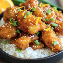 - 1 lb boneless chicken thighs, cut into bite-sized pieces - 1 cup all-purpose flour - 1/2 cup cornstarch - 2 large eggs, beaten - 1 tsp garlic powder - 1 tsp ginger powder - Zest of 1 orange - 1/2 cup fresh orange juice - 1/4 cup soy sauce - 1/4 cup honey - 1 tsp sesame oil - 1/2 tsp red pepper flakes (optional) - 1 green onion, finely chopped for garnish - Sesame seeds for garnish The main ingredients create a lovely, crispy chicken. Chicken thighs work best here. They stay juicy while frying. I suggest using both all-purpose flour and cornstarch. This combination gives the chicken its signature crunch. The flavor comes from garlic and ginger powder. They add warmth and depth to the dish. Fresh orange juice and zest bring bright notes. Soy sauce and honey balance the flavors perfectly. They add a touch of sweetness and umami. For garnishing, green onions and sesame seeds add color and texture. If you like spice, add red pepper flakes. They bring a nice kick that pairs well with the sweet sauce. Enjoy the contrast of flavors in every bite! To start, you need to dredge the chicken in the flour mixture. In a bowl, mix 1 cup of all-purpose flour, 1/2 cup of cornstarch, 1 teaspoon of garlic powder, 1 teaspoon of ginger powder, and a pinch of salt and pepper. This mix will give your chicken a great crunch. Dip each piece of chicken into 2 beaten eggs, then coat it in the flour mix. Make sure to shake off any extra flour. This step is very important. Too much flour will make the chicken heavy, not crispy. Now, heat about 1 inch of vegetable oil in a large skillet or deep fryer over medium-high heat. The oil needs to be hot enough for frying. If you drop a bit of batter into the oil, it should sizzle right away. Carefully add the coated chicken pieces in batches. Fry them for about 5 to 7 minutes. You want them golden brown and crispy. Use a slotted spoon to remove the chicken and set it on paper towels. This helps get rid of extra oil. For the orange sauce, gather your ingredients: 1/2 cup of fresh orange juice, 1/4 cup of soy sauce, 1/4 cup of honey, 1 teaspoon of sesame oil, and the zest of 1 orange. If you like spice, add 1/2 teaspoon of red pepper flakes. Combine all these ingredients in a saucepan. Bring the mixture to a simmer over medium heat. Stir it well to mix everything. Let it simmer for about 3 to 5 minutes. This helps the sauce thicken nicely. Once it thickens, pour the sauce over the crispy chicken in a large bowl. Toss the chicken until it's evenly coated. Now your crispy orange chicken is ready to serve! To get that ultimate crispiness, use a mix of flour and cornstarch. This combo ensures a light and crunchy coating. Always shake off any extra flour after coating the chicken. If your chicken sticks to the pan, check the oil's heat. It needs to be hot enough. If not, the chicken will soak up oil and lose its crunch. For a flavor boost, add some orange zest to the sauce. A pinch of five-spice powder can add depth. If you like heat, toss in more red pepper flakes. Serve your crispy orange chicken over steamed rice. It pairs perfectly with a side of sautéed green beans or a fresh salad. Make your dish pop by garnishing with green onions and sesame seeds. Arrange the chicken on a nice plate, and drizzle some extra sauce on top for flair. Lay the chicken on a bed of rice and sprinkle with fresh herbs. This not only looks great but also adds flavor. {{image_2}} You can make crispy orange chicken with healthier choices. First, try using chicken breast instead of thighs. Chicken breast is leaner and has less fat. This change makes your meal lighter without giving up flavor. You can also choose gluten-free options. Replace all-purpose flour with rice flour or almond flour. For cornstarch, look for gluten-free brands. These swaps keep the dish crispy and tasty for those with gluten intolerance. Want to mix up the flavor? Try adding different fruits to the sauce. Pineapple adds a fun twist with its sweet and tangy taste. You could also use mango or even berries for a unique flavor. If you like spice, adjust the heat level. Add more red pepper flakes for a kick, or use jalapeños for fresh heat. You can make the dish as spicy or mild as you want! There are many ways to serve crispy orange chicken. Serve it over noodles for a filling meal. You can also wrap it in lettuce for a fun hand-held dish. Incorporate fresh vegetables for balance. Steam broccoli, snap peas, or carrots. These sides add color and nutrients to your meal. You can also serve it with rice for a classic option. To keep your crispy orange chicken fresh, store it in the fridge. Place it in an airtight container. This helps retain flavor and moisture. Wrap the chicken tightly to avoid drying out. You can enjoy your leftovers for up to three days. When you reheat crispy orange chicken, aim to keep it crispy. The best way to do this is to use an oven. Preheat your oven to 375°F (190°C). Spread the chicken on a baking sheet. Heat it for about 10-15 minutes. This way, the chicken stays crunchy. If you want to use the microwave, place a paper towel under the chicken. This helps absorb moisture. Heat in short bursts, checking often. This method can make the chicken soggy, so be careful. To freeze crispy orange chicken, separate the chicken and sauce. Place each in a different airtight container. This keeps their textures intact. You can freeze the chicken for up to two months. The sauce can last the same time. When you’re ready to eat, thaw the chicken in the fridge overnight. Reheat the chicken in the oven for crispiness. Warm the sauce in a small saucepan over low heat. This way, you can enjoy your meal just like fresh! I recommend using boneless chicken thighs for this dish. Thighs have more fat than breasts. This fat keeps the meat moist and adds flavor. They also stay tender even when fried. If you prefer chicken breasts, that works too. Just remember, they may dry out quickly if overcooked. Yes, you can! Prep the chicken and coat it in the flour mix. Store it in the fridge for up to a day. Fry the chicken just before serving. If you want to make the sauce ahead, it stays good in the fridge for about a week. Just reheat it before pouring over the fried chicken. Serve crispy orange chicken with steamed rice. The rice absorbs the sauce well. You can also add stir-fried vegetables for a colorful plate. Broccoli, snap peas, or bell peppers work great. For a crunch, try a simple salad with a light dressing. These sides add balance and flavor to your meal. Crispy orange chicken combines tender chicken with a zesty sauce. You learned about key ingredients like chicken thighs, fresh orange juice, and simple spices. I shared step-by-step instructions to help you fry the chicken perfectly. You now know tips for flavor, texture, and presentation. Try the variations and adapt it to your taste. Whether you make it healthier or spice it up, this dish can fit your needs. Enjoy your cooking, and don’t forget to share your results!
