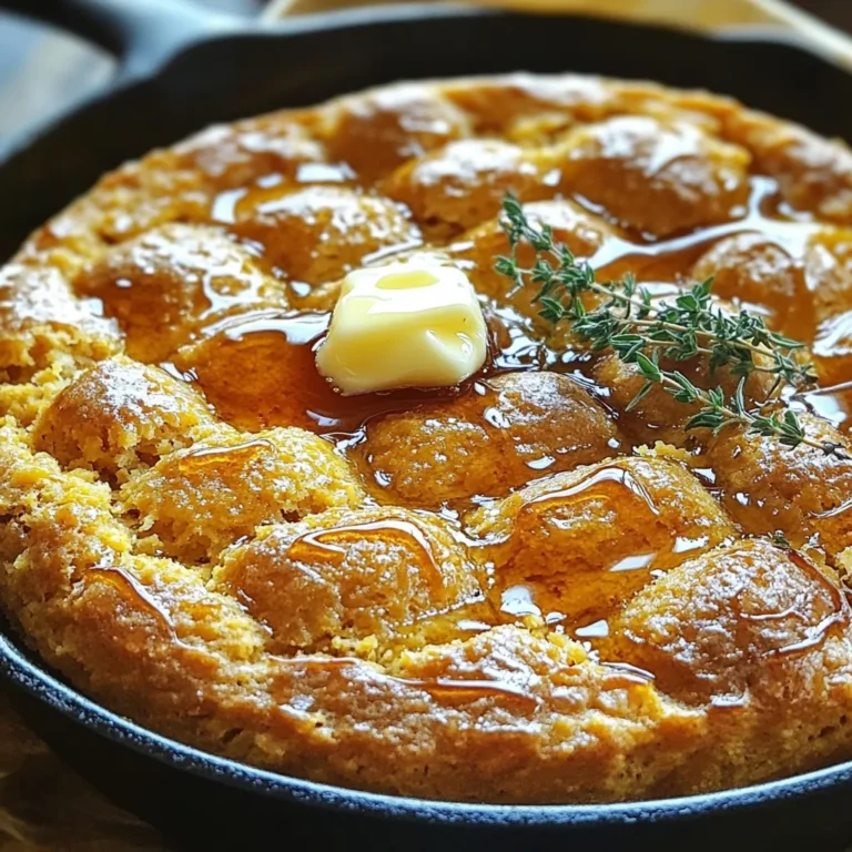 The main ingredients are simple and easy to find. You will need: - 1 cup cornmeal - 1 cup all-purpose flour - 1 tablespoon baking powder - 1/2 teaspoon salt - 1/4 cup granulated sugar - 1 cup buttermilk (or regular milk with 1 tablespoon vinegar) - 2 large eggs - 1/4 cup unsalted butter, melted - 1/4 cup honey - Extra melted butter for greasing the skillet These ingredients bring a perfect blend of flavor and texture to your cornbread. The cornmeal gives it a nice crunch, while the buttermilk adds a soft touch. You can change this recipe to fit your taste. Here are some ideas: - Add 1 cup of sweet corn for a burst of flavor. - Mix in 1/2 cup of shredded cheese for a savory twist. - Toss in some chopped jalapeños for a spicy kick. These options let you customize your cornbread. You can keep it classic or make it unique! If you do not have buttermilk, don't worry! You can make your own by mixing regular milk with vinegar. For a gluten-free option, use a gluten-free all-purpose flour blend. This way, everyone can enjoy this tasty dish. These substitutions help make the recipe work for different diets. Enjoy experimenting while keeping the cornbread delicious! First, preheat your oven to 425°F (220°C). Place a 10-inch cast-iron skillet in the oven. This will make your cornbread crispy on the edges. Let the skillet heat for about 10 minutes while you mix the batter. In a large mixing bowl, combine the dry ingredients. Add 1 cup of cornmeal, 1 cup of all-purpose flour, 1 tablespoon of baking powder, 1/2 teaspoon of salt, and 1/4 cup of granulated sugar. Whisk these together until they blend well. This mix gives your cornbread its tasty base. In another bowl, crack 2 large eggs and beat them lightly. Then, add 1 cup of buttermilk (or regular milk with 1 tablespoon of vinegar), 1/4 cup of melted butter, and 1/4 cup of honey. Mix these until you have a smooth blend. This adds moisture and sweetness to your cornbread. Once your wet and dry mixes are ready, pour the wet ingredients into the dry ones. Stir gently until just combined. Some lumps are fine; avoid over-mixing. Carefully take the hot skillet out of the oven. Grease it with extra melted butter. Pour your batter into the skillet, spreading it evenly. Bake for 20-25 minutes. Your cornbread is done when it's golden brown and a toothpick comes out clean when inserted in the center. Cool for about 5 minutes before slicing. Enjoy your warm, sweet cornbread! When making honey butter skillet cornbread, you want a light texture. Over-mixing can make it tough. Mix the dry and wet ingredients until just combined. It’s fine to have some lumps. This ensures your cornbread stays soft and fluffy. To check if your cornbread is ready, use a toothpick. Insert it into the center. If it comes out clean, your cornbread is done. If it has batter on it, bake for a few more minutes. Keep an eye on it, so it doesn't overcook. You can add your favorite flavors to the cornbread. Try mixing in some shredded cheese, jalapeños, or fresh herbs. These can bring a delicious twist. For sweetness, consider adding fruits like blueberries or chopped apples. These extras make the cornbread fun and tasty! {{image_2}} You can make this cornbread even sweeter. Adding fruits or nuts can give it a fun twist. Try adding: - 1 cup of fresh blueberries or chopped apples. - 1/2 cup of chopped pecans or walnuts. These additions make the cornbread moist and flavorful. The fruits add a touch of tartness. The nuts add a nice crunch. Both options work great with honey butter. If you prefer savory flavors, you can mix in cheese or herbs. Here are some ideas: - 1 cup of shredded cheddar cheese. - 1/2 cup of diced jalapeños for a spicy kick. - 1/4 cup of fresh herbs like rosemary or thyme. These ingredients create a rich and tasty cornbread. Cheese adds creaminess, while jalapeños give heat. Fresh herbs provide a boost of flavor too. You can cook cornbread in an oven or on the stovetop. The oven method gives a nice, even bake. To use the stovetop: 1. Heat a skillet over medium heat. 2. Grease the skillet with butter. 3. Pour in the batter and cover with a lid. 4. Cook for about 20-25 minutes until golden. Using the stovetop can save time and energy. Both methods yield delicious cornbread. Choose the one that fits your needs best. To store leftover cornbread, let it cool first. Once cooled, wrap it tightly in plastic wrap. You can also place it in an airtight container. This keeps it fresh and moist. Store it at room temperature for up to two days. If you want it to last longer, refrigerate it. Cornbread can stay in the fridge for about a week. When you want to enjoy your cornbread again, reheating is key. Preheat your oven to 350°F (175°C). Place the cornbread on a baking sheet. Cover it with aluminum foil to keep it moist. Heat for about 10 to 15 minutes. If you prefer, you can also use the microwave. Heat a slice for about 20 to 30 seconds. Add a little butter on top for extra flavor! Freezing cornbread is simple and great for meal prep. Start by cutting the cornbread into slices. Wrap each slice in plastic wrap. Then, place the wrapped slices in a freezer-safe bag. Make sure to remove as much air as possible. Label the bag with the date. Cornbread can stay frozen for up to three months. When you’re ready to eat it, just thaw it in the fridge overnight. Then reheat as mentioned above. You can serve honey butter skillet cornbread with many dishes. It pairs well with chili, soups, or BBQ. The sweet and buttery flavor adds warmth to any meal. You can also enjoy it with a fresh salad for a lighter touch. I like to drizzle extra honey on top. It makes each bite even better! Yes, you can make this cornbread ahead of time. Bake it, then cool it completely. Wrap it well in plastic wrap or foil. Store it at room temperature for up to two days. You can also refrigerate it for up to a week. If you want to freeze it, slice it first. Wrap each slice and store them in a freezer bag. This way, you can enjoy a slice anytime! To adjust the recipe for a smaller skillet, you need to cut the ingredients. Use a smaller pan, like an 8-inch skillet. Halve the ingredient amounts for best results. You can also bake it for less time, so check it early. Watch for the golden color and the toothpick test. This way, you will have perfect cornbread every time, no matter the size! You learned how to make honey butter skillet cornbread from scratch. We covered essential ingredients, easy steps, and tips for perfect texture. You can also explore sweet and savory variations to fit your taste. Remember to store leftovers properly and reheating is key for flavor. This cornbread is more than a side dish; it’s a delight for any meal. Enjoy your baking journey, and share this delicious cornbread with friends and family!