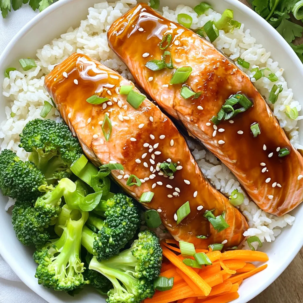 - 2 salmon fillets - 1 cup jasmine rice - 1 cup broccoli florets - 1 carrot, julienned - 1/4 cup low-sodium soy sauce - 2 tablespoons honey - 1 tablespoon grated ginger - 1 tablespoon sesame oil - 1/4 cup green onions, sliced - 1 tablespoon sesame seeds - Salt and pepper to taste The main ingredients are simple yet full of flavor. Salmon fillets are rich in healthy fats and protein. Jasmine rice serves as a fragrant base. Broccoli and carrots add color and nutrients. Together, they create a balanced meal. For the teriyaki sauce, you need low-sodium soy sauce. This helps control the saltiness. Honey adds sweetness and helps glaze the salmon. Grated ginger gives a nice zing, while sesame oil adds depth. These elements blend well, making your dish shine. Optional garnishes like green onions and sesame seeds bring extra texture. They also add a pop of color. A sprinkle of salt and pepper can enhance the overall taste. These details make your rice bowl not just a meal but an experience. - Rinse jasmine rice under cold water. Keep rinsing until water runs clear. This step removes excess starch. - Cook the rice according to package instructions. Usually, use 2 cups of water for 1 cup of rice. Bring water to a boil, then cover and simmer. Set rice aside when done. - In a small bowl, whisk together the soy sauce, honey, grated ginger, and sesame oil. This will create a sweet and savory sauce. Make sure it’s smooth and well mixed. - Preheat a non-stick skillet over medium-high heat. Season both sides of the salmon fillets with salt and pepper. This adds flavor. - Place the salmon in the hot skillet, skin-side down. Cook for about 4-5 minutes. This will make the skin crispy. - Flip the salmon carefully and pour the teriyaki sauce over the fillets. Reduce heat to medium. Let it cook for another 3-4 minutes. Spoon sauce over the top. The salmon should be cooked through and glazed. - In a separate pot, steam the broccoli florets and julienned carrot. Steam for about 3-4 minutes until they are just tender. This keeps them bright and crisp. - Start with a scoop of jasmine rice as the base. Place a salmon fillet on top. Drizzle extra teriyaki sauce over the salmon. - Add the steamed vegetables on the side. - Garnish with sliced green onions and a sprinkle of sesame seeds before serving. This adds color and crunch. For the best salmon, aim for an internal temperature of 145°F. This is safe and ensures your fish is flaky. You can check doneness by inserting a fork into the thickest part. If it flakes easily, it's ready. The skin should be crispy and golden. You can use a rice cooker or a stovetop. If you use a rice cooker, follow the machine's instructions. For stovetop, use two cups of water for one cup of rice. To make fluffy rice, let it rest after cooking. This helps it breathe and keeps it from getting sticky. You can adjust the sweetness and saltiness of your teriyaki sauce. If you like it sweeter, add more honey. For saltiness, add a bit more soy sauce. Feel free to add toppings like avocado, sesame seeds, or even seaweed. These add flavor and texture to your rice bowls. {{image_2}} You can swap salmon for other proteins. Chicken works well and cooks quickly. Use boneless chicken thighs or breasts. Tofu is a great choice for a plant-based meal. Press and cube the tofu before cooking. Shrimp is another tasty option. Simply sauté them until pink and tender. Feel free to add more veggies to your bowl. Bell peppers bring color and crunch. Snap peas add a nice snap. Zucchini is mild and cooks fast. You can also use edamame for protein. Just remember to adjust cooking times so all veggies are tender. Want to change the flavor a bit? Add some spices like garlic powder or chili flakes for heat. A splash of lime juice brightens the dish. You can also mix in orange zest for a fresh twist. These small changes can make your meal even more exciting! To keep your Minute Teriyaki Salmon Rice Bowls fresh, use airtight containers. Glass or plastic containers work well. Make sure the salmon, rice, and veggies are in separate layers. This keeps them fresh and prevents sogginess. Store your leftovers in the fridge right away. They will stay good for up to three days. Remember to let the food cool down before sealing it. This avoids moisture build-up in the container. Reheating salmon and rice can be easy. Here are some good methods to try: - Microwave: Place the rice and salmon in a microwave-safe dish. Cover with a damp paper towel to keep it moist. Heat for 1-2 minutes until warm. - Skillet: Heat a non-stick skillet over low heat. Add a splash of water or teriyaki sauce. This helps keep the salmon juicy. Cook for about 3-4 minutes, flipping the salmon gently. - Oven: Preheat the oven to 350°F (175°C). Place the salmon and rice in an oven-safe dish. Cover it with foil. Bake for about 10-15 minutes until warm. When reheating, focus on keeping the salmon tender and the rice fluffy. Avoid overcooking, as it may dry out the salmon. Enjoy your delicious leftovers! It takes about 10 minutes to prep and 15 minutes to cook. You can make these bowls in just 25 minutes. First, rinse your jasmine rice, then cook it according to the package. While the rice cooks, you can prepare the teriyaki sauce and salmon. It's a fast and easy meal for any night. Yes, you can use frozen salmon. Just make sure to thaw it first. To cook frozen salmon, place it in the fridge overnight or run it under cold water for about 30 minutes. Once thawed, you can season it and cook it just like fresh salmon. This method saves time and still gives great flavor. If you don't have jasmine rice, you can use other types of rice. Short-grain rice works well for a sticky texture. Brown rice is a healthy alternative, but it takes longer to cook. You can also try basmati rice for a fragrant option. Each rice type will give your bowl a unique taste. This blog post shows how to make tasty teriyaki salmon rice bowls. We covered key ingredients like salmon, jasmine rice, and fresh veggies. You learned to prepare the rice, make a simple teriyaki sauce, and cook the salmon perfectly. I shared tips to help you customize your dish, store leftovers safely, and troubleshoot common questions. These bowls are flexible. Feel free to swap proteins or veggies to match your taste. Enjoy making this meal for yourself and your loved ones!