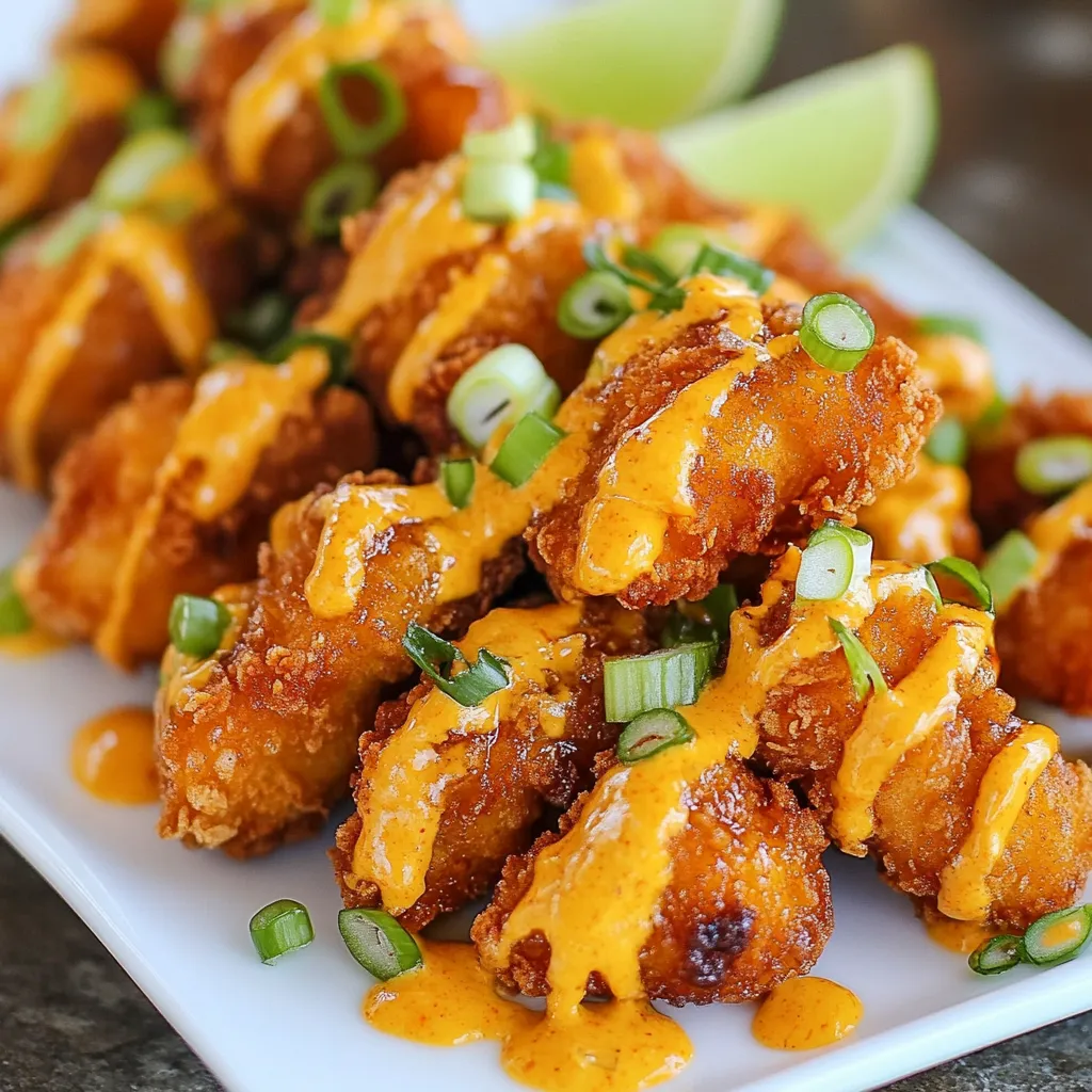 - 1 pound boneless, skinless chicken thighs, cut into bite-sized pieces - 1 cup buttermilk - 1 cup all-purpose flour - 1 teaspoon garlic powder - 1 teaspoon onion powder - 1 teaspoon paprika - 1/2 teaspoon cayenne pepper (adjust for spice level) - Salt and pepper to taste - Oil for frying The main ingredients for Crispy Bang Bang Chicken are simple yet effective. I love using chicken thighs for their moisture and rich taste. The buttermilk tenderizes the meat and adds flavor. For the coating, I mix flour with garlic powder, onion powder, paprika, and cayenne. This blend gives the chicken a nice kick. - 1/2 cup mayonnaise - 2 tablespoons sweet chili sauce - 1 tablespoon sriracha (adjust for heat preference) - 1 teaspoon lime juice The Bang Bang sauce is where the magic happens. I combine mayonnaise with sweet chili sauce for a creamy base. Sriracha adds heat, and lime juice gives it a fresh kick. This sauce makes the chicken shine, enhancing its crispy texture. - Sliced green onions - Lime wedges For garnishes, I recommend sliced green onions and lime wedges. The green onions add color and a mild onion flavor. Lime wedges allow for extra zest with each bite. Together, they make the dish even more appealing. {{ingredient_image_1}} Start by marinating the chicken. Place the bite-sized chicken pieces in a bowl. Pour in 1 cup of buttermilk. Mix the chicken well, so every piece is covered. Let it marinate for at least 30 minutes. For more flavor, you can marinate it overnight. Buttermilk helps tenderize the chicken and adds moisture. This step is key for juicy, flavorful bites. Next, prepare the coating. In a separate bowl, mix together 1 cup of flour, 1 teaspoon of garlic powder, 1 teaspoon of onion powder, and 1 teaspoon of paprika. Add 1/2 teaspoon of cayenne pepper for some heat. You can adjust this spice based on your taste. Add salt and pepper to your liking. Whisk the dry ingredients until well combined. This mix gives the chicken its crispy texture and flavor. Now it’s time to fry the chicken. Heat about 1 inch of oil in a deep skillet over medium-high heat. To check if the oil is ready, drop a small piece of batter in. If it sizzles, the oil is hot enough. Carefully add the coated chicken pieces in batches. Avoid overcrowding the pan to ensure even cooking. Fry each piece for about 5-7 minutes per side. They should turn golden brown. Use a slotted spoon to transfer the chicken to a paper towel-lined plate to drain excess oil. This step makes your chicken crispy and delicious! To get that perfect crunch, use vegetable oil or peanut oil. These oils work well for frying. They have high smoke points, which helps the chicken fry evenly. Avoid overcrowding the pan. When you add too many pieces, the oil cools down. This leads to soggy chicken instead of crispy bites. Fry in small batches for the best results. You can bake the chicken if you want a lighter option. Preheat your oven to 400°F (200°C). Place the coated chicken on a baking sheet. Bake for about 20-25 minutes or until golden. An air fryer is another great choice. It cooks the chicken quickly and adds crispiness. Set your air fryer to 375°F (190°C). Cook for about 15-20 minutes, flipping halfway through. Adjust the spice to fit your taste. If you like it mild, cut down on cayenne pepper. You can skip it altogether if you prefer no heat. For more flavor, try adding garlic powder or smoked paprika. These spices add depth without too much heat. You can also mix in some fresh herbs, like cilantro or parsley, for a fresh twist. Pro Tips Marinating Time Matters: The longer you marinate the chicken in buttermilk, the more tender and flavorful it becomes. Aim for at least 1 hour, but overnight is best! Perfect Oil Temperature: Ensure your oil is hot enough (around 350°F/175°C) before frying. If it's too cool, the chicken will be greasy instead of crispy. Batch Frying: Fry the chicken in small batches to maintain the oil temperature and achieve that perfect crispy texture. Overcrowding the pan can lead to soggy chicken. Adjusting Spice Levels: Feel free to modify the amount of cayenne and sriracha in the Bang Bang sauce according to your heat preference. Start with less if you're unsure! {{image_2}} You can switch out chicken for shrimp or tofu. Shrimp cooks quickly, so use medium heat for about 3-4 minutes per side. Tofu needs a bit more prep. Press it to remove excess moisture, then cut it into cubes. Cook it the same way as chicken, but add a few extra minutes if needed. Boost the flavors by adding herbs or spices. Fresh cilantro or parsley can add a nice touch. You can also try adding garlic powder or smoked paprika for a twist. For sauces, mix things up with peanut sauce or teriyaki sauce. Each option gives a fresh taste to the dish. Pair your crispy Bang Bang Chicken with rice or a salad. Steamed veggies or fries also work well. For a fun presentation, serve it on a colorful platter. Top with sliced green onions and lime wedges for a bright look. This makes your meal not just tasty, but eye-catching too. To keep your Crispy Bang Bang Chicken fresh, follow these tips: - Place leftovers in an airtight container. - Store them in the fridge for up to 3 days. - If you want to freeze, wrap each piece in plastic wrap, then place in a freezer bag. - Use frozen chicken within 2 months for best flavor. To enjoy your chicken again with that crispy texture, try these methods: - Preheat your oven to 375°F (190°C). - Place chicken on a baking sheet lined with parchment paper. - Bake for about 10-15 minutes until hot and crispy. - For a quicker method, you can use an air fryer set to 350°F (175°C) for 5-7 minutes. Know how long your dish stays fresh: - In the fridge, it lasts up to 3 days. - If frozen, it can stay good for 2 months. - Watch for signs of spoilage like off smells or a slimy texture. - When in doubt, throw it out to stay safe! You should marinate the chicken for at least 30 minutes. If you have time, marinate it overnight. This helps the chicken soak up the flavors. The longer it sits, the better it tastes! Yes, you can make the Bang Bang Sauce ahead of time. Store it in an airtight container in the fridge. It lasts for about a week. Just give it a good stir before using. If you don’t have buttermilk, you can use milk with a splash of vinegar or lemon juice. Let it sit for about 5 minutes. You can also use yogurt or sour cream mixed with water. This will give you a similar tangy taste. Crispy Bang Bang Chicken can be spicy. The heat comes from cayenne pepper and sriracha. You can adjust the spice level to your liking. Use less cayenne for milder chicken and more sriracha for extra heat. This guide breaks down how to make Crispy Bang Bang Chicken. We explored the main ingredients, like chicken thighs and buttermilk, and whipped up the perfect Bang Bang sauce. I walked you through steps for marinating, coating, and frying the chicken to get that crunchy texture. With tips for customization and storage, you'll be ready to impress. Remember, you can switch proteins or adjust spices to fit your taste. Enjoy making this dish, and get ready for some happy taste buds!