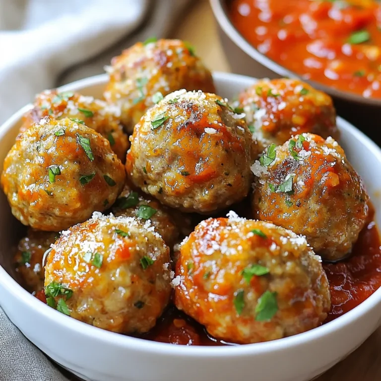 Here’s what you need to make garlic Parmesan meatballs. Gather these items for a tasty dish: - 1 lb ground beef (or ground turkey) - 1/2 cup breadcrumbs - 1/4 cup grated Parmesan cheese - 1/4 cup fresh parsley, chopped - 3 cloves garlic, minced - 1 large egg - 1 teaspoon Italian seasoning - 1/2 teaspoon salt - 1/4 teaspoon black pepper - 1/4 teaspoon red pepper flakes (optional) - 3 tablespoons olive oil (for cooking) - Marinara sauce (for serving) These ingredients blend well to create rich, savory meatballs. The garlic and Parmesan cheese give each meatball a nice kick. Use fresh parsley for color and flavor. You can switch ground beef for turkey if you want a lighter option. Just make sure the meat is fresh for the best taste. When you measure the breadcrumbs, use a dry measuring cup. Pack them lightly to avoid clumps. The egg helps bind the meatball mixture, so don’t skip it. If you like spice, add red pepper flakes for a little heat. Feel free to adjust the seasonings based on your taste. Cooking should be fun! You can make these meatballs your own. {{ingredient_image_1}} To start, gather a large mixing bowl. Add the ground beef, breadcrumbs, and grated Parmesan cheese. Next, toss in the chopped parsley and minced garlic. Crack the egg into the bowl, then sprinkle in the Italian seasoning, salt, black pepper, and red pepper flakes if you want a kick. Now, mix the ingredients. You can use your hands or a spoon. If you use your hands, be gentle. Overmixing makes the meatballs tough. Aim for a nice, even blend, but stop once everything is combined. Preheat your oven to 400°F (200°C). While it's heating, form the mixture into meatballs. Each should be about one inch in diameter. Place them on a baking sheet, leaving space between each one. Now, heat olive oil in a large skillet over medium heat. Once hot, add the meatballs in batches. Don’t crowd the pan; this helps them brown nicely. Cook each meatball for about 5-7 minutes, turning to brown on all sides. After browning, you can transfer the skillet to the oven. If your skillet isn’t oven-safe, place the meatballs in an oven-safe dish. Bake them for about 10-15 minutes. You want them to reach an internal temperature of 165°F (74°C). While the meatballs bake, warm your marinara sauce in a saucepan over low heat. Once the meatballs are done, let them cool for a few minutes. Serve them in bowls with warm marinara sauce. Add an extra sprinkle of Parmesan cheese and parsley for a nice touch. Enjoy your meal! To elevate your garlic Parmesan meatballs, consider these tasty swaps: - Meat Options: You can use ground turkey or chicken instead of beef. - Breadcrumbs: Panko breadcrumbs add extra crunch. You can also use crushed crackers. To keep meatballs tender, follow these tips: - Mix Gently: Combine the ingredients just until mixed. Overmixing makes them tough. - Chill the Mixture: Letting the mixture rest in the fridge for 15 minutes helps. It firms up the meatballs, making them easier to shape. Garlic Parmesan meatballs go well with various sides and sauces. Here are some ideas: - Best Side Dishes: Serve with spaghetti, garlic bread, or a fresh salad. - Dipping Sauces: Marinara sauce is classic, but ranch or garlic aioli also works well. For serving variations: - Sandwiches: Place warm meatballs in a sub roll with marinara for a hearty sandwich. - Appetizer: Serve the meatballs on toothpicks for a fun appetizer. This makes them easy to grab at parties. These tips and pairings will make your garlic Parmesan meatballs shine! Pro Tips Use Lean Meat: Opt for lean ground beef or turkey to keep the meatballs moist without excess fat. Chill Before Cooking: After forming the meatballs, refrigerate them for 15-30 minutes to help them hold their shape while cooking. Don’t Overmix: Mix the ingredients just until combined; overmixing can lead to tough meatballs. Experiment with Seasonings: Feel free to add other herbs and spices like oregano or basil for a unique flavor twist. {{image_2}} You can change the meat in the recipe. Ground chicken works great. It gives a lighter taste. If you want a veggie option, try a mix of lentils and mushrooms. This adds a nice texture. Cheese is another way to switch things up. Use mozzarella for a milder flavor. If you like a stronger taste, try Pecorino Romano. Each cheese brings its own twist to the meatballs. To boost flavor, add spices or herbs. A teaspoon of smoked paprika adds depth. Fresh basil or oregano can also brighten the dish. You can even sneak in some veggies. Finely chopped spinach or grated zucchini blend well. These add nutrients and moisture. Mix-ins like cooked bacon bits or sun-dried tomatoes can also elevate the taste. Don’t be afraid to experiment! After making these garlic Parmesan meatballs, store them safely. First, let the meatballs cool. This step prevents moisture buildup, which can lead to sogginess. - Place the cooled meatballs in an airtight container. - If you want them to last longer, separate layers with parchment paper. This method keeps them from sticking together. - Store in the fridge for up to three days. For longer storage, you can freeze the meatballs: - Arrange the meatballs on a baking sheet in a single layer. - Freeze them for about an hour until solid. - Then, transfer the meatballs to a freezer-safe bag or container. - Label the bag with the date and use within three months for the best taste. When it’s time to enjoy the leftovers, reheating is key. You want to keep them juicy and flavorful. - Preheat your oven to 350°F (175°C). - Place the meatballs in a baking dish. - Add a splash of marinara sauce to keep them moist. - Cover with foil to trap steam and heat for about 15-20 minutes. You can also reheat them on the stovetop: - Place the meatballs in a skillet over medium heat. - Add a bit of marinara sauce and cover. - Cook for about 5-7 minutes, turning gently. These methods ensure your garlic Parmesan meatballs stay delicious and tender. Can I make these meatballs ahead of time? Yes, you can make these meatballs ahead of time. I often prepare them a day before. Just mix the ingredients and form the meatballs. Store them in the fridge until you're ready to cook. You can also freeze them for up to three months. Just thaw overnight in the fridge before cooking. How do I know when the meatballs are fully cooked? You can check the meatballs with a meat thermometer. They need to reach an internal temperature of 165°F (74°C). If you don’t have a thermometer, cut one open. The meat should be no longer pink inside. You can also check if juices run clear. What can I use if I don’t have breadcrumbs? You can use crushed crackers or oats instead of breadcrumbs. Both options work well and can add a nice flavor. Just make sure they are finely crushed. If you have stale bread, you can blend it into crumbs too. Are garlic Parmesan meatballs suitable for meal prep? Yes, these meatballs are perfect for meal prep. You can make a large batch and store them for later. They are easy to reheat and taste great in various meals. Pair them with pasta, or toss them in a salad for a quick lunch. In this post, we covered how to make tasty garlic Parmesan meatballs. We looked at the ingredients, step-by-step instructions, and helpful tips. Cooking doesn’t have to be hard. With a few simple steps, you can create flavorful meatballs everyone will love. Whether you serve them with pasta, as an appetizer, or in a sub, they shine. Feel free to mix and match ingredients to suit your taste. Enjoy cooking, and happy eating!