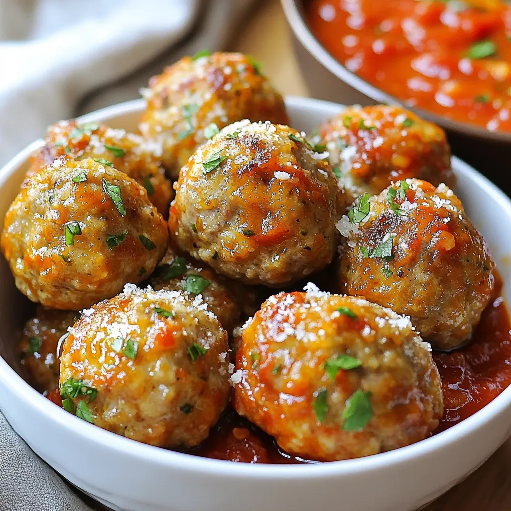 Here’s what you need to make garlic Parmesan meatballs. Gather these items for a tasty dish: - 1 lb ground beef (or ground turkey) - 1/2 cup breadcrumbs - 1/4 cup grated Parmesan cheese - 1/4 cup fresh parsley, chopped - 3 cloves garlic, minced - 1 large egg - 1 teaspoon Italian seasoning - 1/2 teaspoon salt - 1/4 teaspoon black pepper - 1/4 teaspoon red pepper flakes (optional) - 3 tablespoons olive oil (for cooking) - Marinara sauce (for serving) These ingredients blend well to create rich, savory meatballs. The garlic and Parmesan cheese give each meatball a nice kick. Use fresh parsley for color and flavor. You can switch ground beef for turkey if you want a lighter option. Just make sure the meat is fresh for the best taste. When you measure the breadcrumbs, use a dry measuring cup. Pack them lightly to avoid clumps. The egg helps bind the meatball mixture, so don’t skip it. If you like spice, add red pepper flakes for a little heat. Feel free to adjust the seasonings based on your taste. Cooking should be fun! You can make these meatballs your own. {{ingredient_image_1}} To start, gather a large mixing bowl. Add the ground beef, breadcrumbs, and grated Parmesan cheese. Next, toss in the chopped parsley and minced garlic. Crack the egg into the bowl, then sprinkle in the Italian seasoning, salt, black pepper, and red pepper flakes if you want a kick. Now, mix the ingredients. You can use your hands or a spoon. If you use your hands, be gentle. Overmixing makes the meatballs tough. Aim for a nice, even blend, but stop once everything is combined. Preheat your oven to 400°F (200°C). While it's heating, form the mixture into meatballs. Each should be about one inch in diameter. Place them on a baking sheet, leaving space between each one. Now, heat olive oil in a large skillet over medium heat. Once hot, add the meatballs in batches. Don’t crowd the pan; this helps them brown nicely. Cook each meatball for about 5-7 minutes, turning to brown on all sides. After browning, you can transfer the skillet to the oven. If your skillet isn’t oven-safe, place the meatballs in an oven-safe dish. Bake them for about 10-15 minutes. You want them to reach an internal temperature of 165°F (74°C). While the meatballs bake, warm your marinara sauce in a saucepan over low heat. Once the meatballs are done, let them cool for a few minutes. Serve them in bowls with warm marinara sauce. Add an extra sprinkle of Parmesan cheese and parsley for a nice touch. Enjoy your meal! To elevate your garlic Parmesan meatballs, consider these tasty swaps: - Meat Options: You can use ground turkey or chicken instead of beef. - Breadcrumbs: Panko breadcrumbs add extra crunch. You can also use crushed crackers. To keep meatballs tender, follow these tips: - Mix Gently: Combine the ingredients just until mixed. Overmixing makes them tough. - Chill the Mixture: Letting the mixture rest in the fridge for 15 minutes helps. It firms up the meatballs, making them easier to shape. Garlic Parmesan meatballs go well with various sides and sauces. Here are some ideas: - Best Side Dishes: Serve with spaghetti, garlic bread, or a fresh salad. - Dipping Sauces: Marinara sauce is classic, but ranch or garlic aioli also works well. For serving variations: - Sandwiches: Place warm meatballs in a sub roll with marinara for a hearty sandwich. - Appetizer: Serve the meatballs on toothpicks for a fun appetizer. This makes them easy to grab at parties. These tips and pairings will make your garlic Parmesan meatballs shine! Pro Tips Use Lean Meat: Opt for lean ground beef or turkey to keep the meatballs moist without excess fat. Chill Before Cooking: After forming the meatballs, refrigerate them for 15-30 minutes to help them hold their shape while cooking. Don’t Overmix: Mix the ingredients just until combined; overmixing can lead to tough meatballs. Experiment with Seasonings: Feel free to add other herbs and spices like oregano or basil for a unique flavor twist. {{image_2}} You can change the meat in the recipe. Ground chicken works great. It gives a lighter taste. If you want a veggie option, try a mix of lentils and mushrooms. This adds a nice texture. Cheese is another way to switch things up. Use mozzarella for a milder flavor. If you like a stronger taste, try Pecorino Romano. Each cheese brings its own twist to the meatballs. To boost flavor, add spices or herbs. A teaspoon of smoked paprika adds depth. Fresh basil or oregano can also brighten the dish. You can even sneak in some veggies. Finely chopped spinach or grated zucchini blend well. These add nutrients and moisture. Mix-ins like cooked bacon bits or sun-dried tomatoes can also elevate the taste. Don’t be afraid to experiment! After making these garlic Parmesan meatballs, store them safely. First, let the meatballs cool. This step prevents moisture buildup, which can lead to sogginess. - Place the cooled meatballs in an airtight container. - If you want them to last longer, separate layers with parchment paper. This method keeps them from sticking together. - Store in the fridge for up to three days. For longer storage, you can freeze the meatballs: - Arrange the meatballs on a baking sheet in a single layer. - Freeze them for about an hour until solid. - Then, transfer the meatballs to a freezer-safe bag or container. - Label the bag with the date and use within three months for the best taste. When it’s time to enjoy the leftovers, reheating is key. You want to keep them juicy and flavorful. - Preheat your oven to 350°F (175°C). - Place the meatballs in a baking dish. - Add a splash of marinara sauce to keep them moist. - Cover with foil to trap steam and heat for about 15-20 minutes. You can also reheat them on the stovetop: - Place the meatballs in a skillet over medium heat. - Add a bit of marinara sauce and cover. - Cook for about 5-7 minutes, turning gently. These methods ensure your garlic Parmesan meatballs stay delicious and tender. Can I make these meatballs ahead of time? Yes, you can make these meatballs ahead of time. I often prepare them a day before. Just mix the ingredients and form the meatballs. Store them in the fridge until you're ready to cook. You can also freeze them for up to three months. Just thaw overnight in the fridge before cooking. How do I know when the meatballs are fully cooked? You can check the meatballs with a meat thermometer. They need to reach an internal temperature of 165°F (74°C). If you don’t have a thermometer, cut one open. The meat should be no longer pink inside. You can also check if juices run clear. What can I use if I don’t have breadcrumbs? You can use crushed crackers or oats instead of breadcrumbs. Both options work well and can add a nice flavor. Just make sure they are finely crushed. If you have stale bread, you can blend it into crumbs too. Are garlic Parmesan meatballs suitable for meal prep? Yes, these meatballs are perfect for meal prep. You can make a large batch and store them for later. They are easy to reheat and taste great in various meals. Pair them with pasta, or toss them in a salad for a quick lunch. In this post, we covered how to make tasty garlic Parmesan meatballs. We looked at the ingredients, step-by-step instructions, and helpful tips. Cooking doesn’t have to be hard. With a few simple steps, you can create flavorful meatballs everyone will love. Whether you serve them with pasta, as an appetizer, or in a sub, they shine. Feel free to mix and match ingredients to suit your taste. Enjoy cooking, and happy eating!
