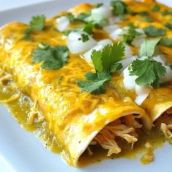 - 2 cups cooked chicken, shredded - 1 cup green chile enchilada sauce - 1 cup sour cream - 1 cup shredded cheese (cheddar or Monterey Jack) - 8 small corn tortillas - 1 small onion, finely chopped - 1 tablespoon olive oil - 1 teaspoon garlic powder - 1 teaspoon cumin - Salt and pepper to taste - Fresh cilantro, for garnish - Skillet - Baking dish - Mixing bowl - Microwave or skillet for warming tortillas For these enchiladas, I like to use cooked chicken that I shred myself. This gives a fresh taste. I often use green chile enchilada sauce. It adds a nice kick to the dish. A good sour cream makes the filling creamy. The cheese tops it off with a rich flavor. I choose small corn tortillas because they wrap nicely around the filling. Finely chopped onion adds sweetness when sautéed. Olive oil is great for cooking the onions. Garlic powder and cumin bring out the flavors. I sprinkle salt and pepper to taste. Fresh cilantro adds color and a fresh taste at the end. You will need some basic tools for this recipe. A skillet is perfect for cooking the onions and chicken. The baking dish holds the rolled enchiladas. A mixing bowl helps combine the sauce and sour cream. A microwave or skillet helps warm the tortillas, making them easier to roll. This setup will help you create a tasty meal. {{ingredient_image_1}} First, preheat your oven to 350°F (175°C). This helps the enchiladas cook evenly. While the oven heats, grab a skillet. Add one tablespoon of olive oil over medium heat. Once the oil is warm, throw in the finely chopped onion. Sauté the onion for about five minutes. You want it to be soft and clear. Next, mix the filling. Add the shredded chicken into the skillet with the onions. Sprinkle in one teaspoon of garlic powder and one teaspoon of cumin. Season with salt and pepper to taste. Stir well until everything is hot and mixed evenly. In a large bowl, combine half a cup of the green chile enchilada sauce with one cup of sour cream. Mix until it's smooth. This sauce adds creaminess to your enchiladas. Now, it's time to assemble. Warm the corn tortillas. You can do this in the microwave for a few seconds or in the skillet for a minute. This makes them easier to roll. Take a tortilla and spread a spoonful of the sauce mixture on it. Add some of the chicken mix and a sprinkle of cheese. Roll the tortilla tightly and place it seam-side down in a greased baking dish. Repeat this step for all tortillas until they are all in the dish. Pour the remaining green chile enchilada sauce over the rolled enchiladas. Top with any leftover cheese you have. Bake in the preheated oven for 20 to 25 minutes. They should be bubbly and golden when done. Remove from the oven and let them cool for a few minutes. Garnish with fresh cilantro before serving. To warm tortillas, I suggest using a skillet. Heat it over medium heat for about 30 seconds on each side. This makes them soft and easy to roll. You can also use a microwave. Wrap the tortillas in a damp paper towel. Microwave them for 30 seconds. To ensure even filling distribution, place the filling in the center of each tortilla. Use about two tablespoons of filling for each one. Don't overfill, or they may burst while baking. For extra flavor, I like to add spices such as chili powder and paprika. A pinch of oregano can also add depth. Feel free to mix in fresh herbs like cilantro or parsley for a fresh taste. When it comes to cheese, cheddar gives a sharp flavor, while Monterey Jack offers a creamy taste. You can also mix cheeses for a unique flavor blend. For a beautiful plate, I recommend garnishing with fresh cilantro. Chop it finely and sprinkle it over the top just before serving. You can also add a dollop of sour cream on the side. A few slices of lime can add color and extra zest. Pro Tips Warm Tortillas: Warming the corn tortillas before filling them makes them more pliable and easier to roll without tearing. Customize the Heat: If you prefer spicier enchiladas, consider using hotter green chiles or adding sliced jalapeños to the chicken mixture. Cheese Variations: Feel free to mix different types of cheese, such as pepper jack or queso fresco, for additional flavor and texture. Make Ahead: These enchiladas can be prepared in advance and stored in the refrigerator before baking. Just add a few extra minutes to the baking time if cooking from cold. {{image_2}} You can switch up the protein in your enchiladas easily. Here are some tasty ideas: - Different Types of Cooked Meat: You can use shredded beef, pork, or turkey. Each will add a unique flavor. Cooked shrimp also works well for a seafood twist. - Vegetarian Options: If you want a meat-free dish, try black beans, lentils, or grilled veggies. These give you a hearty texture and rich taste. Sauce makes enchiladas sing! Here are some options: - Different Enchilada Sauces to Try: You can use red sauce, mole, or verde salsa. Each sauce brings a different flavor profile. Feel free to mix and match! - Homemade Sauce Recipe Suggestion: To make your own sauce, blend 1 can of diced tomatoes, 2 green chiles, 1 teaspoon cumin, and ½ teaspoon salt. This homemade sauce adds freshness and depth. Pairing enchiladas with the right sides and drinks enhances the meal. Here are my favorites: - Suggested Side Dishes: Serve your enchiladas with Mexican rice, refried beans, or a fresh salad. These sides add color and balance to your plate. - Pairing with Drinks: A light beer or a fruity margarita complements the flavors well. For a non-alcoholic option, try a refreshing limeade or iced tea. To keep your enchiladas fresh, place them in an airtight container. This helps prevent drying out and keeps them tasty. You can store them in the fridge for up to four days. If they start to smell or look off, it's best to toss them. You can freeze your enchiladas before or after baking. If you freeze them unbaked, cover the dish well with plastic wrap and foil. They can stay in the freezer for up to three months. When ready to eat, bake them straight from the freezer but add an extra 10-15 minutes to the cooking time. If they are already baked, let them cool first, then wrap and freeze. To reheat, thaw overnight in the fridge, then warm in the oven at 350°F (175°C) until hot. If you have leftover ingredients, don’t throw them away! Use extra chicken in salads or sandwiches. You can mix leftover green chile enchilada sauce with rice for a quick side dish. Sour cream can top baked potatoes or be mixed into dips. There are many tasty ways to use up those ingredients! You can use several options if you want to swap chicken. Here are some ideas: - Shredded beef: This gives a rich flavor. - Cooked turkey: A great lean alternative. - Pulled pork: Adds a nice smoky taste. - Black beans: A tasty vegetarian option. - Tofu: Excellent for a plant-based choice. These substitutes keep the recipe tasty and fun! Yes, you can use flour tortillas. Here are some points to think about: - Flavor: Corn tortillas have a unique taste. - Texture: Flour tortillas are softer and chewier. - Hold: Corn tortillas hold fillings well but can break. - Health: Corn tortillas are often lower in calories. Choose what you like best for your enchiladas! To add some heat to your enchiladas, try these tips: - Hot sauce: Mix some into the chicken filling. - Spicy chiles: Use jalapeños or serranos in the filling. - Pepper jack cheese: Swap out regular cheese for this. - Chipotle powder: Sprinkle some for a smoky flavor. Adjust the heat to fit your taste! Yes, you can prep enchiladas ahead of time. Here’s how: - Make the filling: Prepare it and store it in the fridge. - Assemble: Roll up the enchiladas and place them in a dish. - Store: Cover tightly and keep in the fridge for up to 24 hours. - Bake later: Just add sauce and cheese before baking. This makes dinner easy on busy nights! You now have a clear path to making delicious enchiladas at home. We explored key ingredients like cooked chicken and green chile sauce. I shared step-by-step instructions to guide your cooking process. Remember to experiment with flavors and presentation for your enchiladas. Lastly, use the storage tips to enjoy leftovers or prepare in advance. Now you can impress your friends and family with your cooking skills! Enjoy your culinary adventure.