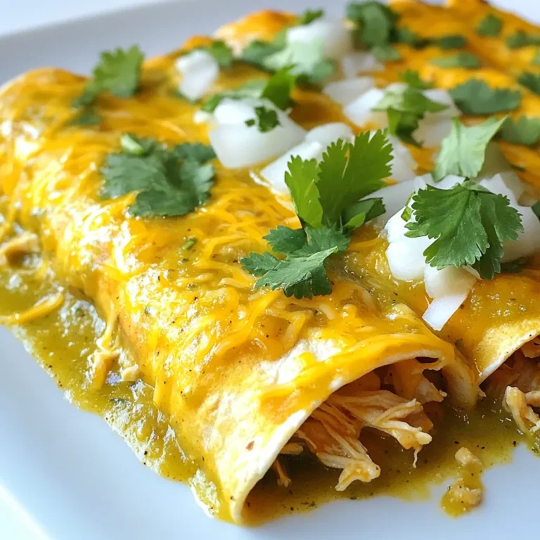 - 2 cups cooked chicken, shredded - 1 cup green chile enchilada sauce - 1 cup sour cream - 1 cup shredded cheese (cheddar or Monterey Jack) - 8 small corn tortillas - 1 small onion, finely chopped - 1 tablespoon olive oil - 1 teaspoon garlic powder - 1 teaspoon cumin - Salt and pepper to taste - Fresh cilantro, for garnish - Skillet - Baking dish - Mixing bowl - Microwave or skillet for warming tortillas For these enchiladas, I like to use cooked chicken that I shred myself. This gives a fresh taste. I often use green chile enchilada sauce. It adds a nice kick to the dish. A good sour cream makes the filling creamy. The cheese tops it off with a rich flavor. I choose small corn tortillas because they wrap nicely around the filling. Finely chopped onion adds sweetness when sautéed. Olive oil is great for cooking the onions. Garlic powder and cumin bring out the flavors. I sprinkle salt and pepper to taste. Fresh cilantro adds color and a fresh taste at the end. You will need some basic tools for this recipe. A skillet is perfect for cooking the onions and chicken. The baking dish holds the rolled enchiladas. A mixing bowl helps combine the sauce and sour cream. A microwave or skillet helps warm the tortillas, making them easier to roll. This setup will help you create a tasty meal. {{ingredient_image_1}} First, preheat your oven to 350°F (175°C). This helps the enchiladas cook evenly. While the oven heats, grab a skillet. Add one tablespoon of olive oil over medium heat. Once the oil is warm, throw in the finely chopped onion. Sauté the onion for about five minutes. You want it to be soft and clear. Next, mix the filling. Add the shredded chicken into the skillet with the onions. Sprinkle in one teaspoon of garlic powder and one teaspoon of cumin. Season with salt and pepper to taste. Stir well until everything is hot and mixed evenly. In a large bowl, combine half a cup of the green chile enchilada sauce with one cup of sour cream. Mix until it's smooth. This sauce adds creaminess to your enchiladas. Now, it's time to assemble. Warm the corn tortillas. You can do this in the microwave for a few seconds or in the skillet for a minute. This makes them easier to roll. Take a tortilla and spread a spoonful of the sauce mixture on it. Add some of the chicken mix and a sprinkle of cheese. Roll the tortilla tightly and place it seam-side down in a greased baking dish. Repeat this step for all tortillas until they are all in the dish. Pour the remaining green chile enchilada sauce over the rolled enchiladas. Top with any leftover cheese you have. Bake in the preheated oven for 20 to 25 minutes. They should be bubbly and golden when done. Remove from the oven and let them cool for a few minutes. Garnish with fresh cilantro before serving. To warm tortillas, I suggest using a skillet. Heat it over medium heat for about 30 seconds on each side. This makes them soft and easy to roll. You can also use a microwave. Wrap the tortillas in a damp paper towel. Microwave them for 30 seconds. To ensure even filling distribution, place the filling in the center of each tortilla. Use about two tablespoons of filling for each one. Don't overfill, or they may burst while baking. For extra flavor, I like to add spices such as chili powder and paprika. A pinch of oregano can also add depth. Feel free to mix in fresh herbs like cilantro or parsley for a fresh taste. When it comes to cheese, cheddar gives a sharp flavor, while Monterey Jack offers a creamy taste. You can also mix cheeses for a unique flavor blend. For a beautiful plate, I recommend garnishing with fresh cilantro. Chop it finely and sprinkle it over the top just before serving. You can also add a dollop of sour cream on the side. A few slices of lime can add color and extra zest. Pro Tips Warm Tortillas: Warming the corn tortillas before filling them makes them more pliable and easier to roll without tearing. Customize the Heat: If you prefer spicier enchiladas, consider using hotter green chiles or adding sliced jalapeños to the chicken mixture. Cheese Variations: Feel free to mix different types of cheese, such as pepper jack or queso fresco, for additional flavor and texture. Make Ahead: These enchiladas can be prepared in advance and stored in the refrigerator before baking. Just add a few extra minutes to the baking time if cooking from cold. {{image_2}} You can switch up the protein in your enchiladas easily. Here are some tasty ideas: - Different Types of Cooked Meat: You can use shredded beef, pork, or turkey. Each will add a unique flavor. Cooked shrimp also works well for a seafood twist. - Vegetarian Options: If you want a meat-free dish, try black beans, lentils, or grilled veggies. These give you a hearty texture and rich taste. Sauce makes enchiladas sing! Here are some options: - Different Enchilada Sauces to Try: You can use red sauce, mole, or verde salsa. Each sauce brings a different flavor profile. Feel free to mix and match! - Homemade Sauce Recipe Suggestion: To make your own sauce, blend 1 can of diced tomatoes, 2 green chiles, 1 teaspoon cumin, and ½ teaspoon salt. This homemade sauce adds freshness and depth. Pairing enchiladas with the right sides and drinks enhances the meal. Here are my favorites: - Suggested Side Dishes: Serve your enchiladas with Mexican rice, refried beans, or a fresh salad. These sides add color and balance to your plate. - Pairing with Drinks: A light beer or a fruity margarita complements the flavors well. For a non-alcoholic option, try a refreshing limeade or iced tea. To keep your enchiladas fresh, place them in an airtight container. This helps prevent drying out and keeps them tasty. You can store them in the fridge for up to four days. If they start to smell or look off, it's best to toss them. You can freeze your enchiladas before or after baking. If you freeze them unbaked, cover the dish well with plastic wrap and foil. They can stay in the freezer for up to three months. When ready to eat, bake them straight from the freezer but add an extra 10-15 minutes to the cooking time. If they are already baked, let them cool first, then wrap and freeze. To reheat, thaw overnight in the fridge, then warm in the oven at 350°F (175°C) until hot. If you have leftover ingredients, don’t throw them away! Use extra chicken in salads or sandwiches. You can mix leftover green chile enchilada sauce with rice for a quick side dish. Sour cream can top baked potatoes or be mixed into dips. There are many tasty ways to use up those ingredients! You can use several options if you want to swap chicken. Here are some ideas: - Shredded beef: This gives a rich flavor. - Cooked turkey: A great lean alternative. - Pulled pork: Adds a nice smoky taste. - Black beans: A tasty vegetarian option. - Tofu: Excellent for a plant-based choice. These substitutes keep the recipe tasty and fun! Yes, you can use flour tortillas. Here are some points to think about: - Flavor: Corn tortillas have a unique taste. - Texture: Flour tortillas are softer and chewier. - Hold: Corn tortillas hold fillings well but can break. - Health: Corn tortillas are often lower in calories. Choose what you like best for your enchiladas! To add some heat to your enchiladas, try these tips: - Hot sauce: Mix some into the chicken filling. - Spicy chiles: Use jalapeños or serranos in the filling. - Pepper jack cheese: Swap out regular cheese for this. - Chipotle powder: Sprinkle some for a smoky flavor. Adjust the heat to fit your taste! Yes, you can prep enchiladas ahead of time. Here’s how: - Make the filling: Prepare it and store it in the fridge. - Assemble: Roll up the enchiladas and place them in a dish. - Store: Cover tightly and keep in the fridge for up to 24 hours. - Bake later: Just add sauce and cheese before baking. This makes dinner easy on busy nights! You now have a clear path to making delicious enchiladas at home. We explored key ingredients like cooked chicken and green chile sauce. I shared step-by-step instructions to guide your cooking process. Remember to experiment with flavors and presentation for your enchiladas. Lastly, use the storage tips to enjoy leftovers or prepare in advance. Now you can impress your friends and family with your cooking skills! Enjoy your culinary adventure.