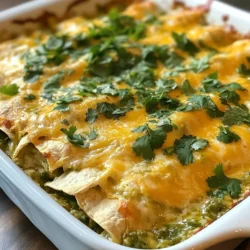 To make a delicious Green Chile Chicken Enchilada Casserole, gather these key ingredients: - 2 cups cooked and shredded chicken - 1 can (green) enchilada sauce - 2 cups corn tortillas, cut into strips - 1 can (4 oz) diced green chiles - 1 cup low-fat sour cream - 1 teaspoon cumin - 1 teaspoon garlic powder - 1 cup shredded Monterey Jack cheese - 1 cup shredded cheddar cheese - Salt and pepper to taste - Fresh cilantro, for garnish These ingredients create a rich and hearty dish. The shredded chicken adds protein, while the green chiles bring a nice kick. If you need to swap some ingredients, here are some ideas: - Use rotisserie chicken for ease. - Swap low-fat sour cream with Greek yogurt for a tangy flavor. - Try corn tortillas with whole wheat ones for added fiber. - Replace Monterey Jack with pepper jack for more heat. - You can use a different cheese like mozzarella if you prefer. These substitutions can make the dish fit your taste or dietary needs. Each serving of this casserole offers a good balance of nutrients. Here’s a quick look: - Calories: About 350 - Protein: 25g - Carbs: 30g - Fat: 15g - Fiber: 3g This meal packs a punch with protein and flavors. It’s a wholesome choice for family dinners or gatherings. {{ingredient_image_1}} 1. Start by preheating your oven to 350°F (175°C). This step is key for even cooking. 2. In a large bowl, mix two cups of cooked and shredded chicken. 3. Add one can of diced green chiles to the bowl. This gives great flavor. 4. Next, scoop in one cup of low-fat sour cream. It adds creaminess. 5. Sprinkle in one teaspoon of cumin and one teaspoon of garlic powder. 6. Season with salt and pepper to taste. Mix all the ingredients well. 7. Grab a greased 9x13 inch casserole dish. Spread a thin layer of enchilada sauce on the bottom. 8. Cut two cups of corn tortillas into strips. Layer half of these over the sauce. 1. Top the tortilla strips with half of the chicken mixture. 2. Pour a generous layer of enchilada sauce over the chicken. 3. Sprinkle half of one cup of Monterey Jack cheese and half of one cup of cheddar cheese on top. 4. Repeat the layers: add more tortilla strips, the rest of the chicken mixture, and more enchilada sauce. 5. Finish off with the remaining cheese. 6. Cover the dish with aluminum foil and place it in the oven. Bake for 25 minutes. 7. After 25 minutes, remove the foil. Bake for another 10-15 minutes. Look for bubbly and golden cheese. 8. Once done, take it out of the oven and let it rest for 5 minutes. 1. When ready to serve, garnish with freshly chopped cilantro. It adds a nice touch. 2. This dish pairs well with a fresh salad or rice. 3. You can also serve it with extra enchilada sauce for dipping. 4. For added crunch, consider serving with tortilla chips on the side. 5. Enjoy your Green Chile Chicken Enchilada Casserole with family or friends! To make the best Green Chile Chicken Enchilada Casserole, follow these tips. First, use fresh ingredients for the best flavor. Make sure your chicken is well-cooked and shredded. This helps it mix well with the other ingredients. A good combination of cheese adds richness. I like to use both Monterey Jack and cheddar for depth. When layering, spread the enchilada sauce evenly. This prevents dry spots in your casserole. Many people make simple mistakes. One common error is not seasoning enough. Salt and pepper can really enhance the flavors. Another mistake is overcooking the casserole. Bake it just until the cheese is bubbly and golden. If you cover it too long, the top will not get crispy. Lastly, don’t forget to let it rest before serving. This helps the layers set and makes it easier to slice. Garnishing adds a fun touch. I love using fresh cilantro for color and flavor. You can also add slices of avocado for creaminess. A dollop of sour cream provides a cool contrast to the heat of the chiles. If you want extra crunch, consider adding crushed tortilla chips on top just before serving. These simple garnishes make your casserole look and taste even better! Pro Tips Tip Title: Use Fresh Ingredients: For the best flavor, opt for fresh chicken and homemade enchilada sauce if possible. Tip Title: Layer Wisely: Make sure to spread the sauce evenly between layers to prevent dryness. Tip Title: Cheese Choices: Experiment with different cheese combinations for varied flavors; pepper jack adds a nice kick! Tip Title: Let it Rest: Allow the casserole to rest for at least 5 minutes before serving to help it set and make serving easier. {{image_2}} You can make a tasty vegetarian version. Use black beans or pinto beans instead of chicken. Add bell peppers and zucchini for more flavor and texture. You can also use a mix of your favorite vegetables. Keep the enchilada sauce and cheese for that classic taste. This version is just as filling and delicious! If you love heat, add some jalapeños or diced serrano peppers. You can mix them into the chicken or layer them in the casserole. A dash of hot sauce will also spice things up. Use pepper jack cheese instead of Monterey Jack for an extra kick. This spicy version will warm you up! For a hands-off approach, try the slow cooker method. Layer all the ingredients in the slow cooker like you would in a dish. Set it on low for 4 to 6 hours, or on high for 2 to 3 hours. This method makes the flavors blend wonderfully. Plus, it's great for busy days or potluck gatherings! To store your Green Chile Chicken Enchilada Casserole, let it cool first. Place leftovers in an airtight container. This keeps it fresh for up to three days in the fridge. You can also cover the casserole dish tightly with plastic wrap or foil. When you're ready to enjoy your leftovers, preheat the oven to 350°F (175°C). Place the casserole in the oven, covered with foil. Heat for about 20 minutes. Check that it is hot all the way through. You can also microwave individual portions. Just cover them with a damp paper towel to prevent drying out. If you want to freeze your casserole, let it cool completely. Wrap it tightly in plastic wrap, then in aluminum foil. This prevents freezer burn. It will keep well in the freezer for up to three months. When you are ready to eat it, thaw it in the fridge overnight before reheating. Yes, you can use rotisserie chicken. It saves time and adds great flavor. Just shred the chicken and mix it with the other ingredients. This makes the prep quick and easy. You still get that yummy taste without much work. To make this dish gluten-free, choose corn tortillas. They are naturally gluten-free. Make sure to check the labels on your enchilada sauce, as some may have gluten. If you use gluten-free ingredients, your casserole will be safe for everyone. You can serve this casserole with a simple salad. A fresh green salad adds crunch and color. You might also try rice or beans on the side. They pair well with the flavors in the casserole. For drinks, a light beer or soda works great. You learned about the key ingredients for a tasty casserole and useful substitutions. I shared simple steps for preparation and baking, plus serving ideas. I also offered tips to perfect your dish and avoid common mistakes. Variations like vegetarian or spicy options expand your choices. Lastly, storing and reheating tips make enjoying leftovers easy. Explore these ideas to create your perfect Green Chile Chicken Enchilada Casserole! You will impress friends and family with your cooking skills. Cooking can be fun and rewarding. Enjoy every bite!