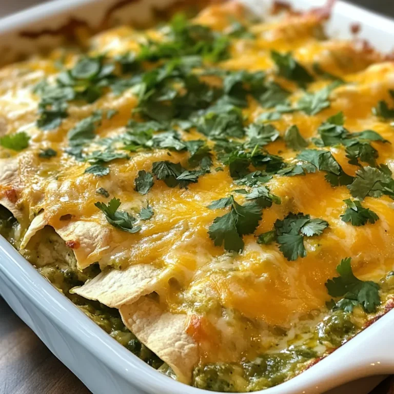 To make a delicious Green Chile Chicken Enchilada Casserole, gather these key ingredients: - 2 cups cooked and shredded chicken - 1 can (green) enchilada sauce - 2 cups corn tortillas, cut into strips - 1 can (4 oz) diced green chiles - 1 cup low-fat sour cream - 1 teaspoon cumin - 1 teaspoon garlic powder - 1 cup shredded Monterey Jack cheese - 1 cup shredded cheddar cheese - Salt and pepper to taste - Fresh cilantro, for garnish These ingredients create a rich and hearty dish. The shredded chicken adds protein, while the green chiles bring a nice kick. If you need to swap some ingredients, here are some ideas: - Use rotisserie chicken for ease. - Swap low-fat sour cream with Greek yogurt for a tangy flavor. - Try corn tortillas with whole wheat ones for added fiber. - Replace Monterey Jack with pepper jack for more heat. - You can use a different cheese like mozzarella if you prefer. These substitutions can make the dish fit your taste or dietary needs. Each serving of this casserole offers a good balance of nutrients. Here’s a quick look: - Calories: About 350 - Protein: 25g - Carbs: 30g - Fat: 15g - Fiber: 3g This meal packs a punch with protein and flavors. It’s a wholesome choice for family dinners or gatherings. {{ingredient_image_1}} 1. Start by preheating your oven to 350°F (175°C). This step is key for even cooking. 2. In a large bowl, mix two cups of cooked and shredded chicken. 3. Add one can of diced green chiles to the bowl. This gives great flavor. 4. Next, scoop in one cup of low-fat sour cream. It adds creaminess. 5. Sprinkle in one teaspoon of cumin and one teaspoon of garlic powder. 6. Season with salt and pepper to taste. Mix all the ingredients well. 7. Grab a greased 9x13 inch casserole dish. Spread a thin layer of enchilada sauce on the bottom. 8. Cut two cups of corn tortillas into strips. Layer half of these over the sauce. 1. Top the tortilla strips with half of the chicken mixture. 2. Pour a generous layer of enchilada sauce over the chicken. 3. Sprinkle half of one cup of Monterey Jack cheese and half of one cup of cheddar cheese on top. 4. Repeat the layers: add more tortilla strips, the rest of the chicken mixture, and more enchilada sauce. 5. Finish off with the remaining cheese. 6. Cover the dish with aluminum foil and place it in the oven. Bake for 25 minutes. 7. After 25 minutes, remove the foil. Bake for another 10-15 minutes. Look for bubbly and golden cheese. 8. Once done, take it out of the oven and let it rest for 5 minutes. 1. When ready to serve, garnish with freshly chopped cilantro. It adds a nice touch. 2. This dish pairs well with a fresh salad or rice. 3. You can also serve it with extra enchilada sauce for dipping. 4. For added crunch, consider serving with tortilla chips on the side. 5. Enjoy your Green Chile Chicken Enchilada Casserole with family or friends! To make the best Green Chile Chicken Enchilada Casserole, follow these tips. First, use fresh ingredients for the best flavor. Make sure your chicken is well-cooked and shredded. This helps it mix well with the other ingredients. A good combination of cheese adds richness. I like to use both Monterey Jack and cheddar for depth. When layering, spread the enchilada sauce evenly. This prevents dry spots in your casserole. Many people make simple mistakes. One common error is not seasoning enough. Salt and pepper can really enhance the flavors. Another mistake is overcooking the casserole. Bake it just until the cheese is bubbly and golden. If you cover it too long, the top will not get crispy. Lastly, don’t forget to let it rest before serving. This helps the layers set and makes it easier to slice. Garnishing adds a fun touch. I love using fresh cilantro for color and flavor. You can also add slices of avocado for creaminess. A dollop of sour cream provides a cool contrast to the heat of the chiles. If you want extra crunch, consider adding crushed tortilla chips on top just before serving. These simple garnishes make your casserole look and taste even better! Pro Tips Tip Title: Use Fresh Ingredients: For the best flavor, opt for fresh chicken and homemade enchilada sauce if possible. Tip Title: Layer Wisely: Make sure to spread the sauce evenly between layers to prevent dryness. Tip Title: Cheese Choices: Experiment with different cheese combinations for varied flavors; pepper jack adds a nice kick! Tip Title: Let it Rest: Allow the casserole to rest for at least 5 minutes before serving to help it set and make serving easier. {{image_2}} You can make a tasty vegetarian version. Use black beans or pinto beans instead of chicken. Add bell peppers and zucchini for more flavor and texture. You can also use a mix of your favorite vegetables. Keep the enchilada sauce and cheese for that classic taste. This version is just as filling and delicious! If you love heat, add some jalapeños or diced serrano peppers. You can mix them into the chicken or layer them in the casserole. A dash of hot sauce will also spice things up. Use pepper jack cheese instead of Monterey Jack for an extra kick. This spicy version will warm you up! For a hands-off approach, try the slow cooker method. Layer all the ingredients in the slow cooker like you would in a dish. Set it on low for 4 to 6 hours, or on high for 2 to 3 hours. This method makes the flavors blend wonderfully. Plus, it's great for busy days or potluck gatherings! To store your Green Chile Chicken Enchilada Casserole, let it cool first. Place leftovers in an airtight container. This keeps it fresh for up to three days in the fridge. You can also cover the casserole dish tightly with plastic wrap or foil. When you're ready to enjoy your leftovers, preheat the oven to 350°F (175°C). Place the casserole in the oven, covered with foil. Heat for about 20 minutes. Check that it is hot all the way through. You can also microwave individual portions. Just cover them with a damp paper towel to prevent drying out. If you want to freeze your casserole, let it cool completely. Wrap it tightly in plastic wrap, then in aluminum foil. This prevents freezer burn. It will keep well in the freezer for up to three months. When you are ready to eat it, thaw it in the fridge overnight before reheating. Yes, you can use rotisserie chicken. It saves time and adds great flavor. Just shred the chicken and mix it with the other ingredients. This makes the prep quick and easy. You still get that yummy taste without much work. To make this dish gluten-free, choose corn tortillas. They are naturally gluten-free. Make sure to check the labels on your enchilada sauce, as some may have gluten. If you use gluten-free ingredients, your casserole will be safe for everyone. You can serve this casserole with a simple salad. A fresh green salad adds crunch and color. You might also try rice or beans on the side. They pair well with the flavors in the casserole. For drinks, a light beer or soda works great. You learned about the key ingredients for a tasty casserole and useful substitutions. I shared simple steps for preparation and baking, plus serving ideas. I also offered tips to perfect your dish and avoid common mistakes. Variations like vegetarian or spicy options expand your choices. Lastly, storing and reheating tips make enjoying leftovers easy. Explore these ideas to create your perfect Green Chile Chicken Enchilada Casserole! You will impress friends and family with your cooking skills. Cooking can be fun and rewarding. Enjoy every bite!