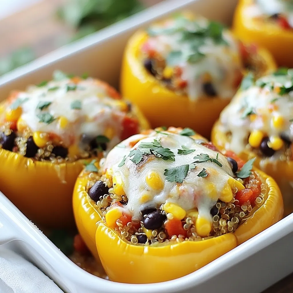 To make these tasty stuffed bell peppers, gather the following items: - 4 large bell peppers (any color) - 1 cup cooked quinoa - 1 can (15 oz) black beans, drained and rinsed - 1 cup corn kernels (fresh, frozen, or canned) - 1 medium onion, diced - 2 cloves garlic, minced - 1 teaspoon cumin - 1 teaspoon smoked paprika - 1/2 teaspoon chili powder - 1 cup diced tomatoes (fresh or canned) - 1 cup shredded cheese (cheddar or Monterey Jack) - 2 tablespoons olive oil - Salt and pepper to taste - Fresh cilantro or parsley for garnish (optional) You can adjust some ingredients based on your taste or what you have. If you don't have quinoa, try rice or couscous. You can swap black beans for kidney beans or lentils. Use any cheese you like if you want a different flavor. For a bit of heat, add jalapeños or hot sauce. If fresh herbs aren't available, dried herbs work too. Just remember, fresh is best for flavor. Each serving of these stuffed bell peppers provides: - Calories: 350 - Protein: 15g - Carbohydrates: 50g - Fat: 10g - Fiber: 12g These numbers can change based on the cheese and beans you choose. Overall, these stuffed bell peppers are a great, healthy meal full of flavor and nutrients. {{ingredient_image_1}} Start by preheating your oven to 375°F (190°C). Take four large bell peppers and cut off their tops. Remove the seeds and membranes inside. This step is crucial for a tasty dish. Next, brush the outside of each pepper with olive oil. This helps them brown nicely in the oven. Place them upright in a baking dish, ready to be filled. In a skillet, heat two tablespoons of olive oil over medium heat. Add one diced onion and cook until it turns translucent. This takes about five minutes. Then, stir in two cloves of minced garlic and cook for one more minute. Now, mix in one cup of cooked quinoa, one can of drained and rinsed black beans, and one cup of corn kernels. Add one cup of diced tomatoes, one teaspoon of cumin, one teaspoon of smoked paprika, and half a teaspoon of chili powder. Season with salt and pepper to taste. Cook this mixture for about five minutes. This allows all the flavors to blend together. Finally, remove the skillet from heat and stir in half of the shredded cheese. Spoon the filling into each prepared bell pepper. Pack it tightly and mound the mixture slightly on top. This ensures every bite is full of flavor. Next, sprinkle the remaining cheese over each filled pepper. Cover your baking dish with foil and bake for 25 minutes. After that, remove the foil and bake for another 10 to 15 minutes. You want the cheese to be bubbly and the peppers tender. Once done, take them out of the oven and let them cool a bit. If you like, garnish with fresh cilantro or parsley before serving. Enjoy your colorful and nutritious stuffed bell peppers! When selecting bell peppers, look for ones that are firm and shiny. Choose peppers with bright colors, like red, yellow, or green. Avoid any that feel soft or have blemishes. Fresh peppers last longer and taste better in your stuffed peppers. Always preheat your oven to 375°F (190°C) for even cooking. Use a sharp knife to cut the tops off the peppers. Remove seeds and membranes gently to keep the shape intact. Brush the peppers with olive oil to help them roast nicely. Pack the filling tightly for a full flavor in every bite. One mistake is overcooking the peppers. They should be tender but not mushy. Another issue is under-seasoning the filling. Taste your mixture before stuffing the peppers to ensure it has enough flavor. Lastly, do not skip the cheese on top! It adds a delicious, gooey layer that everyone loves. Pro Tips Choose Colorful Peppers: Using a mix of colored bell peppers not only enhances the visual appeal of the dish but also adds subtle differences in flavor. Pre-Cook Your Quinoa: Make sure your quinoa is fully cooked before adding it to the filling. This ensures that it blends well with the other ingredients and achieves the right texture. Experiment with Spices: Feel free to adjust the spice levels according to your taste. Adding a pinch of cayenne or additional chili powder can give your filling an extra kick! Let Cool Before Serving: Allow the stuffed peppers to cool for a few minutes after baking. This helps the filling set and makes them easier to handle and eat. {{image_2}} You can make stuffed bell peppers vegetarian by using plant-based options. Instead of meat, fill them with quinoa, black beans, and corn. The quinoa gives a nice texture, while the beans add protein. You can also toss in some chopped spinach or zucchini for extra nutrients. Feel free to use any cheese you like, or skip it for a vegan version. For a keto-friendly meal, swap quinoa for cauliflower rice. This keeps the dish low in carbs but still tasty. You can use ground turkey or chicken instead of beans for protein. Add spices like oregano or Italian seasoning to boost the flavor. Make sure to choose a cheese that is low in carbs to stay on track. Get creative with your stuffed peppers! You can use different grains, like farro or brown rice, if you want. Add herbs like basil or thyme for a fresh taste. If you like heat, toss in some jalapeños or hot sauce. For added crunch, include diced bell pepper tops or nuts like pine nuts. Mix and match to find your favorite combination! To store leftover stuffed peppers, first let them cool down. Place them in a shallow container. Make sure to cover the container tightly with a lid or wrap it in plastic. You can keep them in the fridge for up to three days. If you want to save them longer, freezing is a great option. When reheating stuffed peppers, I recommend using the oven. Preheat your oven to 350°F (175°C). Place the peppers in a baking dish and cover them with foil. Heat for about 20 minutes or until warm throughout. This method keeps the peppers soft and the cheese melty. You can also use the microwave, but the texture might not be the same. If you want to freeze stuffed peppers, it's best to do it before baking. After you fill the peppers, wrap each one in foil or plastic wrap. Place them in a freezer bag, and label with the date. They can stay frozen for up to three months. When you're ready to eat, thaw them overnight in the fridge, then bake as usual. This way, you have a quick meal ready anytime! Yes, you can use other grains. Brown rice, farro, or barley work well. Each grain gives a unique taste and texture. Just make sure to cook them before mixing. Stuffed bell peppers pair great with salads and garlic bread. You can also serve them with rice or a side of beans. A dollop of sour cream or salsa adds a nice touch. Stuffed peppers last about 3 to 5 days in the fridge. Store them in an airtight container for best results. Always check for freshness before eating. Yes, you can prepare stuffed peppers ahead of time. Fill the peppers and cover them. Store in the fridge for up to 24 hours before baking. This saves time on busy days. Stuffed peppers are very healthy. They are low in calories and packed with nutrients. The veggies provide fiber, and quinoa adds protein. This meal is a great choice for balanced eating. In this blog post, we explored how to make delicious stuffed bell peppers. We covered the key ingredients, step-by-step cooking instructions, and helpful tips. You can also find variations for different diets and how to store leftovers. Remember, choosing fresh peppers and avoiding common mistakes will enhance your dish. Stuffed peppers are healthy and can fit many diets. With these simple steps, you can enjoy a tasty meal any time. Experiment and find what works best for you!