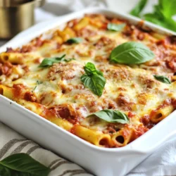 To make Million Dollar Baked Ziti, you need these key ingredients: - 1 pound ziti pasta - 2 cups marinara sauce - 1 cup ricotta cheese - 1 cup shredded mozzarella cheese - 1 cup shredded provolone cheese - 1/2 cup grated Parmesan cheese - 1 large egg - 2 cloves garlic, minced - 1 teaspoon dried basil - 1 teaspoon dried oregano - 1/2 teaspoon red pepper flakes (optional) - Salt and pepper to taste These ingredients combine to create a rich, cheesy delight. The ziti pasta serves as the base, holding all those wonderful flavors. The marinara sauce adds a nice tomato taste, while the three types of cheese give that creamy texture. The egg and ricotta bring richness to the dish. To elevate your baked ziti, consider adding these optional ingredients: - Fresh spinach or kale for extra greens - Ground beef or Italian sausage for protein - Fresh mozzarella slices for a gooey texture - A sprinkle of fresh herbs, like thyme or parsley These add-ins enhance the flavor and nutrition. Fresh greens can brighten the dish. Meat adds heartiness, while fresh herbs can give a pop of freshness. When choosing your marinara sauce and cheese, I suggest these brands: - Marinara Sauce: Rao's Homemade or Classico - Ricotta Cheese: Galbani or Polly-O - Mozzarella Cheese: BelGioioso or Sargento - Provolone Cheese: Boar's Head or Galbani - Parmesan Cheese: Grana Padano or Kraft These brands provide consistent quality and taste. They help ensure your baked ziti comes out perfect every time. Using quality ingredients makes a big difference in the final dish. {{ingredient_image_1}} To start, you need to cook the ziti pasta. Fill a large pot with water and add salt. Bring the water to a boil. Once boiling, add 1 pound of ziti pasta. Cook it according to the package instructions until it is al dente. This usually takes about 8 to 10 minutes. After cooking, drain the pasta well and set it aside. This step is key for a great baked ziti. Next, grab a large mixing bowl. Add 1 cup of ricotta cheese, 1 large egg, and 2 cloves of minced garlic. Toss in 1 teaspoon of dried basil, 1 teaspoon of dried oregano, and 1/2 teaspoon of red pepper flakes for a little kick. Season with salt and pepper to taste. Mix everything well until it is smooth. This mixture gives the baked ziti a creamy and rich flavor. Now it is time to assemble your dish. In a big pot, combine the cooked ziti with 2 cups of marinara sauce. Stir to coat all the pasta with sauce. Then, fold in half of the ricotta mixture. This makes sure every bite is tasty. Grab a large baking dish, about 9x13 inches. Layer half of the ziti mixture at the bottom. Sprinkle half of the shredded mozzarella and provolone cheeses on top. Use dollops of the remaining ricotta mixture and spread it over the cheese. Then, layer the rest of the ziti mixture on top. Finish by adding the remaining mozzarella, provolone, and 1/2 cup of grated Parmesan cheese evenly over everything. Cover the dish with aluminum foil and bake at 375°F for 25 minutes. After that, remove the foil and bake for another 15 minutes. This will make the cheese bubbly and golden brown. Once done, let it rest for 10 minutes. Garnish with fresh basil leaves, and you are ready to serve! To get the best cheese layers, use fresh cheese. Fresh cheese melts better. Mix all the cheeses well before layering. This gives you a great blend of flavors. I like to sprinkle mozzarella and provolone in the middle. This makes each bite cheesy and delicious. For a crispy top, bake uncovered for the last 15 minutes. This lets the cheese brown nicely. If you like it extra crispy, broil for 2-3 minutes at the end. Watch it closely to avoid burning. The goal is bubbly, golden cheese. You can boost flavor with extra herbs. I love adding fresh basil on top. You can also use Italian seasoning for more depth. If you want some heat, add more red pepper flakes. For a richer taste, try adding cooked sausage or ground beef. Each of these tips makes your dish stand out. Pro Tips Use Fresh Herbs: Fresh basil adds a vibrant flavor to your baked ziti. Consider adding it both in the mixture and as a garnish for extra freshness. Mix Cheeses for Depth: Combining different cheeses like mozzarella and provolone creates a richer flavor profile. Don't hesitate to experiment with your favorite cheeses! Customize Your Sauce: Feel free to add sautéed vegetables, such as bell peppers or mushrooms, to your marinara sauce for an added nutritional boost and flavor. Let It Rest: Allowing the baked ziti to rest for 10 minutes before serving helps the layers set, making it easier to cut and serve without falling apart. {{image_2}} You can make a yummy vegetarian baked ziti with just a few changes. Swap the meat sauce for marinara. Add fresh veggies like spinach, zucchini, or mushrooms. These will boost flavor and nutrients. You might also try adding some roasted red peppers or artichokes. They add a nice touch! If you want a meatier dish, ground beef or sausage works great. Brown the meat before mixing it into the marinara sauce. You can also use chicken or turkey for a lighter option. Adding meat makes the dish heartier and very filling. For gluten-free baked ziti, use gluten-free pasta. Many brands offer ziti made from rice or quinoa. These options cook well and taste great. Just be sure to check the cooking time, as gluten-free pasta may cook faster. This way, everyone can enjoy this dish! To store your Million Dollar Baked Ziti, let it cool down first. Place it in an airtight container. This keeps it fresh. You can store it in the fridge for up to three days. Make sure to seal it well to prevent drying out. You can freeze your baked ziti if you want to save it for later. Wrap it tightly in plastic wrap and then in foil. This helps to keep it from getting freezer burn. It can last in the freezer for up to three months. When you're ready to eat it, thaw it in the fridge overnight before reheating. To reheat Million Dollar Baked Ziti, preheat your oven to 350°F (175°C). Place your ziti in an oven-safe dish. Cover it with foil to keep it moist. Heat for about 20 minutes or until it’s warm throughout. If you want a crispy top, remove the foil for the last five minutes. Enjoy your tasty meal just like it was fresh! Million Dollar Baked Ziti stands out because of its rich cheese blend. It uses a mix of ricotta, mozzarella, and provolone, adding depth and creaminess. The addition of egg in the ricotta mix offers a custard-like texture. This makes each bite more satisfying. Plus, the flavor from fresh garlic and herbs brightens the dish. Yes, you can prepare Million Dollar Baked Ziti ahead of time. Simply assemble the dish but skip the baking step. Cover it well and store it in the fridge for up to 24 hours. When ready to bake, just add extra time to the oven. This allows the dish to come to room temperature. You can elevate Million Dollar Baked Ziti with a few simple tweaks. Try adding sautéed mushrooms or spinach for more flavor. Using high-quality cheeses, like fresh mozzarella, can also make a big difference. You might also consider adding a splash of white wine to the marinara sauce for depth. Finally, topping it with fresh herbs before serving adds brightness and color. You learned about the key ingredients for the perfect Million Dollar Baked Ziti. We covered how to prep your pasta, mix your cheeses, and assemble your dish. We also explored tips for great layers, cooking times, and fun variations to try. You now know how to store and reheat leftovers too. This dish is not just a meal; it’s a way to impress your guests. Enjoy making it a family favorite!