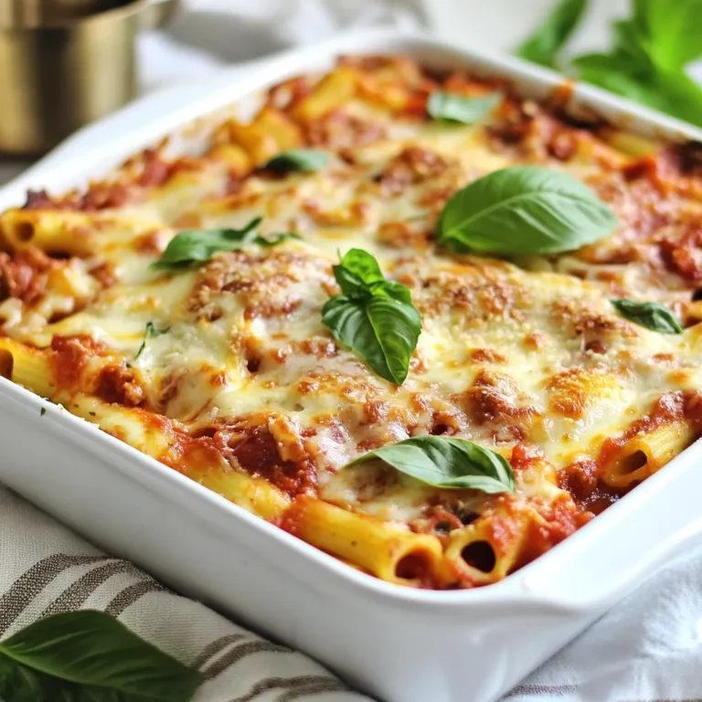 To make Million Dollar Baked Ziti, you need these key ingredients: - 1 pound ziti pasta - 2 cups marinara sauce - 1 cup ricotta cheese - 1 cup shredded mozzarella cheese - 1 cup shredded provolone cheese - 1/2 cup grated Parmesan cheese - 1 large egg - 2 cloves garlic, minced - 1 teaspoon dried basil - 1 teaspoon dried oregano - 1/2 teaspoon red pepper flakes (optional) - Salt and pepper to taste These ingredients combine to create a rich, cheesy delight. The ziti pasta serves as the base, holding all those wonderful flavors. The marinara sauce adds a nice tomato taste, while the three types of cheese give that creamy texture. The egg and ricotta bring richness to the dish. To elevate your baked ziti, consider adding these optional ingredients: - Fresh spinach or kale for extra greens - Ground beef or Italian sausage for protein - Fresh mozzarella slices for a gooey texture - A sprinkle of fresh herbs, like thyme or parsley These add-ins enhance the flavor and nutrition. Fresh greens can brighten the dish. Meat adds heartiness, while fresh herbs can give a pop of freshness. When choosing your marinara sauce and cheese, I suggest these brands: - Marinara Sauce: Rao's Homemade or Classico - Ricotta Cheese: Galbani or Polly-O - Mozzarella Cheese: BelGioioso or Sargento - Provolone Cheese: Boar's Head or Galbani - Parmesan Cheese: Grana Padano or Kraft These brands provide consistent quality and taste. They help ensure your baked ziti comes out perfect every time. Using quality ingredients makes a big difference in the final dish. {{ingredient_image_1}} To start, you need to cook the ziti pasta. Fill a large pot with water and add salt. Bring the water to a boil. Once boiling, add 1 pound of ziti pasta. Cook it according to the package instructions until it is al dente. This usually takes about 8 to 10 minutes. After cooking, drain the pasta well and set it aside. This step is key for a great baked ziti. Next, grab a large mixing bowl. Add 1 cup of ricotta cheese, 1 large egg, and 2 cloves of minced garlic. Toss in 1 teaspoon of dried basil, 1 teaspoon of dried oregano, and 1/2 teaspoon of red pepper flakes for a little kick. Season with salt and pepper to taste. Mix everything well until it is smooth. This mixture gives the baked ziti a creamy and rich flavor. Now it is time to assemble your dish. In a big pot, combine the cooked ziti with 2 cups of marinara sauce. Stir to coat all the pasta with sauce. Then, fold in half of the ricotta mixture. This makes sure every bite is tasty. Grab a large baking dish, about 9x13 inches. Layer half of the ziti mixture at the bottom. Sprinkle half of the shredded mozzarella and provolone cheeses on top. Use dollops of the remaining ricotta mixture and spread it over the cheese. Then, layer the rest of the ziti mixture on top. Finish by adding the remaining mozzarella, provolone, and 1/2 cup of grated Parmesan cheese evenly over everything. Cover the dish with aluminum foil and bake at 375°F for 25 minutes. After that, remove the foil and bake for another 15 minutes. This will make the cheese bubbly and golden brown. Once done, let it rest for 10 minutes. Garnish with fresh basil leaves, and you are ready to serve! To get the best cheese layers, use fresh cheese. Fresh cheese melts better. Mix all the cheeses well before layering. This gives you a great blend of flavors. I like to sprinkle mozzarella and provolone in the middle. This makes each bite cheesy and delicious. For a crispy top, bake uncovered for the last 15 minutes. This lets the cheese brown nicely. If you like it extra crispy, broil for 2-3 minutes at the end. Watch it closely to avoid burning. The goal is bubbly, golden cheese. You can boost flavor with extra herbs. I love adding fresh basil on top. You can also use Italian seasoning for more depth. If you want some heat, add more red pepper flakes. For a richer taste, try adding cooked sausage or ground beef. Each of these tips makes your dish stand out. Pro Tips Use Fresh Herbs: Fresh basil adds a vibrant flavor to your baked ziti. Consider adding it both in the mixture and as a garnish for extra freshness. Mix Cheeses for Depth: Combining different cheeses like mozzarella and provolone creates a richer flavor profile. Don't hesitate to experiment with your favorite cheeses! Customize Your Sauce: Feel free to add sautéed vegetables, such as bell peppers or mushrooms, to your marinara sauce for an added nutritional boost and flavor. Let It Rest: Allowing the baked ziti to rest for 10 minutes before serving helps the layers set, making it easier to cut and serve without falling apart. {{image_2}} You can make a yummy vegetarian baked ziti with just a few changes. Swap the meat sauce for marinara. Add fresh veggies like spinach, zucchini, or mushrooms. These will boost flavor and nutrients. You might also try adding some roasted red peppers or artichokes. They add a nice touch! If you want a meatier dish, ground beef or sausage works great. Brown the meat before mixing it into the marinara sauce. You can also use chicken or turkey for a lighter option. Adding meat makes the dish heartier and very filling. For gluten-free baked ziti, use gluten-free pasta. Many brands offer ziti made from rice or quinoa. These options cook well and taste great. Just be sure to check the cooking time, as gluten-free pasta may cook faster. This way, everyone can enjoy this dish! To store your Million Dollar Baked Ziti, let it cool down first. Place it in an airtight container. This keeps it fresh. You can store it in the fridge for up to three days. Make sure to seal it well to prevent drying out. You can freeze your baked ziti if you want to save it for later. Wrap it tightly in plastic wrap and then in foil. This helps to keep it from getting freezer burn. It can last in the freezer for up to three months. When you're ready to eat it, thaw it in the fridge overnight before reheating. To reheat Million Dollar Baked Ziti, preheat your oven to 350°F (175°C). Place your ziti in an oven-safe dish. Cover it with foil to keep it moist. Heat for about 20 minutes or until it’s warm throughout. If you want a crispy top, remove the foil for the last five minutes. Enjoy your tasty meal just like it was fresh! Million Dollar Baked Ziti stands out because of its rich cheese blend. It uses a mix of ricotta, mozzarella, and provolone, adding depth and creaminess. The addition of egg in the ricotta mix offers a custard-like texture. This makes each bite more satisfying. Plus, the flavor from fresh garlic and herbs brightens the dish. Yes, you can prepare Million Dollar Baked Ziti ahead of time. Simply assemble the dish but skip the baking step. Cover it well and store it in the fridge for up to 24 hours. When ready to bake, just add extra time to the oven. This allows the dish to come to room temperature. You can elevate Million Dollar Baked Ziti with a few simple tweaks. Try adding sautéed mushrooms or spinach for more flavor. Using high-quality cheeses, like fresh mozzarella, can also make a big difference. You might also consider adding a splash of white wine to the marinara sauce for depth. Finally, topping it with fresh herbs before serving adds brightness and color. You learned about the key ingredients for the perfect Million Dollar Baked Ziti. We covered how to prep your pasta, mix your cheeses, and assemble your dish. We also explored tips for great layers, cooking times, and fun variations to try. You now know how to store and reheat leftovers too. This dish is not just a meal; it’s a way to impress your guests. Enjoy making it a family favorite!