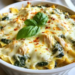 - 2 cups cooked chicken, shredded - 3 cups fresh spinach, chopped - 1 cup cream cheese, softened - 1 cup shredded mozzarella cheese - 1/2 cup grated Parmesan cheese - 1/4 cup chicken broth - 1 teaspoon garlic powder - 1/2 teaspoon onion powder - Salt and pepper to taste - 1 teaspoon olive oil - 1/2 teaspoon red pepper flakes (optional for spice) This low carb chicken casserole is packed with nutrients. Each serving has about: - 350 calories - 25 grams of protein - 5 grams of carbs - 28 grams of fat These numbers can help you stay on track with your low carb goals. You can easily swap some ingredients if needed: - For the chicken, use turkey or tofu for a different protein. - Instead of cream cheese, try Greek yogurt for a lighter option. - If you want a dairy-free version, use cashew cream instead of cheese. - You can replace spinach with kale or broccoli for a new flavor. These swaps keep your casserole tasty while fitting your diet. {{ingredient_image_1}} First, gather your ingredients. You need cooked chicken, fresh spinach, cream cheese, mozzarella, and Parmesan. Also, grab chicken broth, garlic powder, onion powder, salt, pepper, olive oil, and red pepper flakes if you want some heat. This dish takes about 15 minutes to prep and 45 minutes in total. Start by preheating your oven to 350°F (175°C). In a large skillet, heat the olive oil over medium heat. Add the chopped spinach and stir it for about 3-4 minutes. You want it to wilt down. While that cooks, mix the cream cheese, chicken broth, garlic powder, onion powder, salt, and pepper in a bowl. Stir until it is smooth. Now, fold in the shredded chicken and wilted spinach. Add half of the mozzarella and half of the Parmesan cheese to the mix. Pour the mixture into a greased casserole dish. Spread it evenly across the dish. Now, top it with the remaining mozzarella and Parmesan cheese. If you're feeling spicy, sprinkle some red pepper flakes on top. Bake it in the oven for 25-30 minutes. You want the cheese to be bubbly and golden brown. Once done, let it cool for a few minutes before serving. Enjoy your delicious low carb chicken casserole! To make a great low carb chicken casserole, start with cooked chicken. You can use rotisserie chicken or any leftover chicken. Shredded chicken mixes well with the creamy sauce. Use fresh, chopped spinach for the best flavor and texture. Cook the spinach until it wilts, about 3-4 minutes. This step adds a nice depth to your dish. Make sure your cream cheese is softened before mixing. This helps it blend smoothly with the other ingredients. When you combine the cream cheese with the chicken broth, garlic powder, and onion powder, mix until it’s smooth. This ensures every bite is tasty. For serving, I like to use individual bowls. It makes the dish feel special and elegant. You can garnish with fresh basil or parsley for color. This small touch adds a lot to the dish. Serve it warm, and let everyone enjoy the warm, cheesy goodness. Pair the casserole with a light salad for a complete meal. A simple green salad with olive oil and vinegar works great. You can also add some sliced avocado for healthy fats. To boost the flavor, use quality ingredients. Fresh spinach and good cheese make a big difference. If you want some heat, add red pepper flakes. Just a little can spice things up nicely. You can also mix in some herbs like thyme or oregano. These add a lovely aroma and taste. A squeeze of lemon juice before serving adds brightness. It can really wake up the flavors in your casserole. Pro Tips Use Rotisserie Chicken: For a quicker prep, use store-bought rotisserie chicken. It saves time and adds great flavor. Fresh Spinach vs. Frozen: Fresh spinach adds a vibrant color and texture, but if you're short on time, frozen spinach works just as well. Just make sure to thaw and drain it before use. Cheese Variations: Feel free to mix different cheeses like cheddar or gouda for a unique flavor twist. Add Extra Veggies: Boost the nutrition by adding other vegetables like bell peppers, mushrooms, or zucchini to the mix. {{image_2}} You can change the recipe to keep it low carb. Instead of regular cream cheese, use a light version. This cuts down on carbs and calories. You can also swap the chicken broth for a low-sodium option. This helps keep the flavor without adding extra salt. Consider adding cauliflower rice instead of pasta. It gives you a nice base and stays low in carbs. Making a vegetarian version is easy and still tasty. Replace the chicken with chopped mushrooms or zucchini. These veggies add texture and flavor. Use the same amount as the chicken. You can also add extra spinach or even some bell peppers for more color. This option keeps all the creaminess and flavors but is meat-free. You can switch up the flavors for fun. Try adding herbs like thyme or rosemary for a fresh taste. If you like spice, add more red pepper flakes or some jalapeños. You can also try different cheeses. Goat cheese or feta can give a tangy twist. For a smoky flavor, add some smoked paprika. These simple changes can make the dish new each time you cook it. To keep your low carb chicken casserole fresh, store it in an airtight container. Place it in the fridge within two hours of cooking. This helps prevent bacteria growth. The casserole will stay good for up to three days. Make sure to label your container with the date. This way, you know when to eat it. You can freeze the casserole for longer storage. First, let it cool completely. Then, cut it into portions. Wrap each piece tightly in plastic wrap. Place the wrapped pieces in a freezer-safe bag or container. Be sure to remove all the air. This will help avoid freezer burn. It can last in the freezer for up to three months. When you’re ready to eat, thaw it in the fridge overnight. Reheating is easy and quick. You can use the oven or microwave. For the oven, preheat it to 350°F (175°C). Place the casserole in an oven-safe dish. Cover it with foil to keep it moist. Heat for about 20 minutes or until warm. If using a microwave, put a portion on a plate. Heat it in short bursts, checking each time. Stir it to ensure even heating. Enjoy your delicious casserole! Yes, you can use leftover chicken. It's a great way to save time. Just shred your cooked chicken into small pieces. This will blend well with the other ingredients. If you have rotisserie chicken, that works too. It adds flavor and keeps things easy. If you want a cream cheese swap, try sour cream or Greek yogurt. Both add creaminess to your dish. You can also use cottage cheese, but blend it first for a smoother texture. Each of these options will change the taste slightly, so pick one you like best. You can store the casserole in the fridge for up to three days. Make sure to cover it tightly with plastic wrap or aluminum foil. This keeps it fresh and tasty. If you want to keep it longer, consider freezing it instead. Just remember to let it cool before freezing. In this post, we covered essential ingredients for your casserole, along with their nutrition. You learned step-by-step how to prepare, cook, and bake your dish. I shared tips for perfecting your casserole and suggested serving ideas. We explored variations like low carb and vegetarian options for different tastes. Finally, we discussed how to store and reheat leftovers. By following these steps and tips, you can create a delicious casserole that suits your needs. Enjoy your cooking!