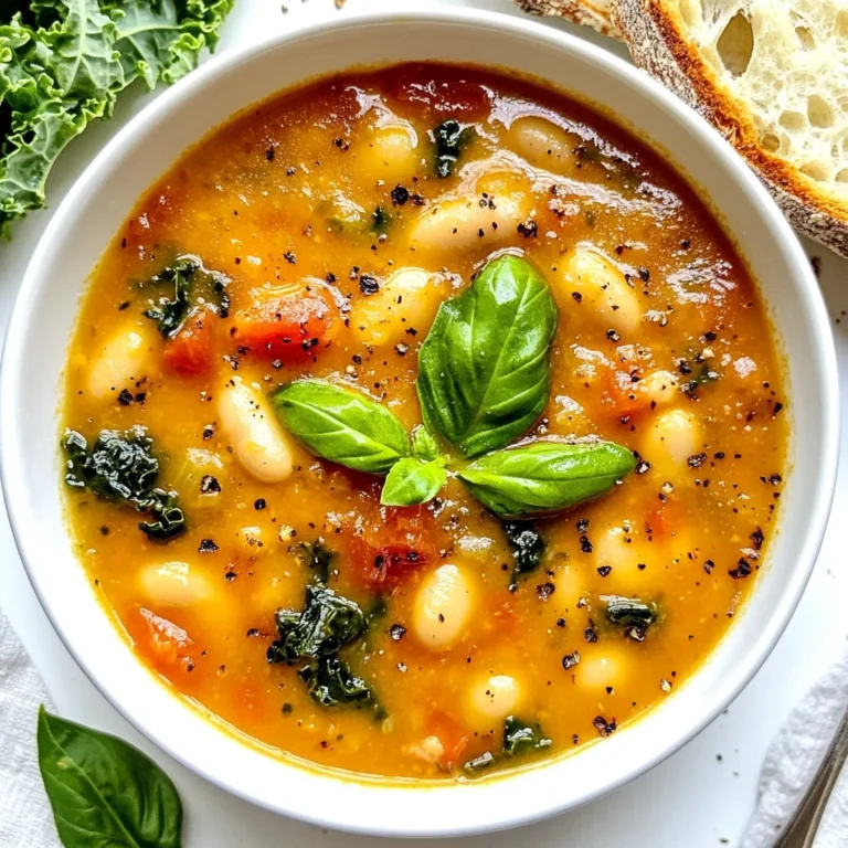 - 2 cups canned white beans (cannellini or great northern) - 1 medium onion, diced - 2 garlic cloves, minced - 2 carrots, diced - 2 celery stalks, diced - 1 large potato, cubed - 6 cups vegetable broth - 1 can (14 oz) diced tomatoes, with juices - 2 cups kale, chopped - Dried herbs: oregano and thyme - Salt and pepper to taste - Olive oil - Optional: Fresh basil for garnish This soup is simple yet packed with flavor. You need just a few key ingredients to make it shine. The white beans provide a creamy base. The onion, garlic, and veggies add depth. The herbs bring in the Tuscan spirit. I love using cannellini or great northern beans. Both work well in this dish. They give a nice texture and taste. The diced tomatoes add a touch of sweetness and color. You can’t forget the kale; it adds nutrition and a lovely green hue. Olive oil is crucial for sautéing. It helps bring out the flavors in the onion and garlic. Fresh basil is optional but a great touch. It makes the dish smell divine and looks pretty too. Gather all these ingredients, and you are ready to create a warm bowl of Tuscan White Bean Soup. {{ingredient_image_1}} Start by heating olive oil in a large pot over medium heat. Add the diced onion, carrots, and celery. Sauté the mix for about 5 to 7 minutes. Watch for the veggies to soften. Then, add minced garlic and cook for one minute. The garlic will smell great and add rich flavor. Next, stir in the cubed potato and drained white beans. Add in the canned diced tomatoes, along with their juices. Pour in the vegetable broth, which adds depth to the soup. Sprinkle in oregano and thyme for some herbal notes. Season with salt and pepper to taste. Bring the soup to a gentle simmer. Cook it for about 20 to 25 minutes. You want the potato to be nice and tender. After that, add in the chopped kale. Cook for another 5 minutes until the kale wilts. This adds a lovely color and freshness to the soup. Adjust the seasoning, if needed, and you're ready to enjoy. To make your Tuscan white bean soup even tastier, consider these tips: - Add a bay leaf while simmering for depth. - A splash of lemon juice brightens the flavor. - Try using smoked paprika for a hint of smokiness. For a creamier soup, blend some of the soup with an immersion blender. This gives a nice, smooth texture while keeping some beans whole. If you can’t find white beans, use chickpeas or black beans. Both work well in this soup. For added veggies, try zucchini or bell peppers. If you want a gluten-free version, make sure to use gluten-free broth. This soup is naturally vegetarian, so it’s great for plant-based diets. Serving your soup well makes it more appealing. Ladle the soup into bowls and top each with fresh basil leaves. This adds color and a burst of flavor. Pair the soup with crusty bread for a complete meal. A simple green salad also complements this hearty soup nicely. Pro Tips Use Fresh Ingredients: Whenever possible, opt for fresh garlic, onions, and herbs to elevate the flavor of your soup. Experiment with Spices: Don’t be afraid to add a pinch of red pepper flakes or smoked paprika for a unique twist on the classic flavor profile. Texture Variation: For a creamier texture, blend a portion of the soup with an immersion blender, but leave some beans and veggies whole for a heartier feel. Storage Tips: This soup stores well in the refrigerator for up to 5 days or can be frozen for up to 3 months; just be sure to cool it completely before freezing. {{image_2}} You can easily make this soup vegan. Just ensure all your ingredients are plant-based. Use vegetable broth instead of chicken broth. Check the labels on canned beans and tomatoes. Some brands add animal products. Fresh veggies like carrots and kale add great flavor. You can also add spices for more depth. If you want more protein, consider adding sausage or chicken. Cook the meat before adding it to the soup. This way, it gets nice and flavorful. For a plant-based option, try adding tofu. Press and cube it first. This gives it a better texture and helps it soak up flavors. To spice things up, add red pepper flakes or hot sauce. Start with a small amount. You can always add more if you like it spicy! Stir it in while the soup simmers. This will help the heat blend with the other flavors, making each spoonful exciting. To store your Tuscan White Bean Soup, let it cool first. Transfer it to an airtight container. This helps keep the soup fresh and safe. In the fridge, it lasts about 3 to 4 days. If you want to enjoy it later, consider freezing it instead. Freezing is a great way to keep your soup for a long time. For best results, let the soup cool completely before freezing. Use freezer-safe containers or bags. Make sure to leave some space at the top for expansion. The soup can stay good in the freezer for about 3 months. When you're ready to eat, thaw it overnight in the fridge. Reheating your soup is easy and quick. You can use a pot on the stove for best flavor. Heat it on medium-low, stirring gently. This method keeps the flavors intact. You can also use a microwave. Pour the soup into a microwave-safe bowl, cover it, and heat in short bursts. Stir often to ensure even heating. Enjoy your flavorful meal! You can use canned white beans like cannellini or great northern. These beans have a creamy texture and a mild flavor. They blend well with the herbs and veggies in the soup. If you want to try something different, you might use navy beans or lima beans. Each type will add its own unique touch to this hearty dish. Yes, you can make this soup ahead of time. It actually tastes better the next day. To prepare, cook the soup as usual. Let it cool and store it in the fridge for up to three days. For busy days, you can freeze it too. Just make sure to let it cool first. When you want to eat it, thaw it overnight in the fridge and reheat it on the stove. To add spice, you can use red pepper flakes or chopped jalapeños. Start with a small amount and taste as you go. You can also add hot sauce for a kick. Just be careful not to overpower the soup's flavors. A little spice can bring out the best in this dish! Yes, Tuscan White Bean Soup is healthy. It’s packed with vegetables and beans, which provide fiber and protein. The kale adds vitamins and minerals. Using vegetable broth keeps it low in calories. This soup is also low in fat, especially if you use less olive oil. Overall, it’s a great option for a nutritious meal. This blog post guides you through making Tuscan White Bean Soup. We covered the best ingredients, including white beans, fresh vegetables, and herbs. Each step was easy, from cooking veggies to simmering the soup. I shared tips to boost flavor and offered tasty variations. Don’t forget to store your soup right and reheat it well. You can enjoy this healthy dish now or later. Dive into the flavors and make this recipe your own! The joy of cooking this soup lies in its warmth and comfort.