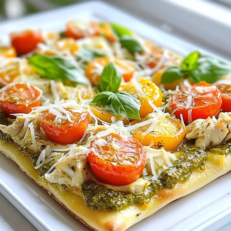 To make the pesto chicken flatbread, gather these ingredients: - 2 flatbreads (store-bought or homemade) - 1 cup cooked chicken breast, shredded - 1/2 cup pesto (store-bought or homemade) - 1 cup cherry tomatoes, halved - 1 cup fresh mozzarella balls, halved - 1/4 cup grated Parmesan cheese - 2 tablespoons olive oil - Salt and pepper to taste - Fresh basil leaves for garnish Using fresh, high-quality ingredients makes a big difference. For the best flavor: - Choose ripe cherry tomatoes. They add sweetness. - Use fresh mozzarella. It melts better and tastes great. - If you make homemade pesto, use fresh basil and good olive oil. You can change some ingredients to fit your taste. Here are some ideas: - Swap flatbreads for naan or pita bread. - Use rotisserie chicken for quick prep. - Try different cheeses like feta or goat cheese. - Use sun-dried tomatoes for a bolder flavor. - If you're vegan, use plant-based chicken and cheese. Experiment with these options to create your own unique version! {{ingredient_image_1}} Start by gathering all your ingredients. You will need two flatbreads, cooked chicken, and pesto. Next, get your cherry tomatoes, mozzarella, Parmesan cheese, and olive oil ready. 1. Preheat your oven to 400°F (200°C). This will help the flatbread cook evenly. 2. Place the flatbreads on a baking sheet or a pizza stone. I like using a pizza stone for a crispy base. 3. Brush olive oil on each flatbread. This step gives the flatbread a nice crispiness. 4. Spread the pesto on top, leaving a small edge. The pesto adds a fresh and herby flavor. 5. Evenly sprinkle the shredded chicken over the pesto. This makes your flatbread filling and tasty. 6. Add halved cherry tomatoes and mozzarella balls on top. They bring a juicy and creamy texture. 1. Now, sprinkle grated Parmesan cheese over everything. It adds a salty and rich flavor. 2. Season with salt and pepper to taste. This step enhances all the flavors in your dish. 3. Bake the flatbreads in the oven for about 10-12 minutes. Watch closely until the cheese is melted and bubbly. 4. Take them out when the edges are golden brown. Let them rest for a minute to cool down. Slice the flatbread into pieces. Garnish with fresh basil leaves for a pop of color and flavor. You can serve it with a side salad for a complete meal. Enjoy your tasty pesto chicken flatbread! For a crispy flatbread, start by preheating your oven to 400°F (200°C). Place your flatbreads directly on a baking sheet or a pizza stone. I always brush each flatbread lightly with olive oil. This step adds flavor and helps crisp the edges. Make sure to spread the pesto evenly, but leave a small border. This keeps the edges from getting too soggy. Baking for 10-12 minutes will give you a golden brown, crispy flatbread. Feel free to get creative! Swap out the chicken for grilled veggies or shrimp. You can also try different cheeses like feta or goat cheese for a tangy twist. Don’t forget about herbs! Fresh basil, arugula, or even spinach can add nice flavors. For a kick, sprinkle some red pepper flakes on top. The beauty of this dish is its flexibility. You can mix and match to fit your taste. One mistake I see often is overcrowding the flatbread. It’s tempting to pile on lots of toppings, but this can make it soggy. Stick to the recipe for best results. Also, make sure your oven is hot enough before baking. A cold oven won’t give you that crispy crust. Lastly, don’t skip the resting time after baking. Letting it rest for a minute allows the cheese to set. This makes slicing much easier and keeps the toppings in place. Pro Tips Use Fresh Ingredients: For the best flavor, opt for fresh basil and high-quality mozzarella. Fresh ingredients make all the difference in taste! Customize Your Toppings: Feel free to add other toppings like bell peppers, olives, or arugula to suit your taste preferences and create a more personalized flatbread. Perfectly Crispy Base: Ensure a crispy flatbread by pre-baking it for 5 minutes before adding the toppings. This helps to avoid sogginess. Serve with a Side: Pair your pesto chicken flatbread with a light salad or a side of garlic bread for a complete meal that balances flavors and textures. {{image_2}} You can make a great vegetarian version of the pesto chicken flatbread. Swap the chicken for grilled veggies. Try zucchini, bell peppers, or mushrooms. You can also add some spinach for extra flavor. Use more pesto to keep it moist and tasty. This twist brings a fresh taste and is still filling. If you need a gluten-free option, use gluten-free flatbread. Many stores sell this type. You can also make your own with almond flour or cauliflower. Just ensure the crust is sturdy to hold toppings. This way, everyone can enjoy a slice without worry. Experiment with flavors to keep it exciting. Try adding BBQ sauce instead of pesto for a smoky taste. You can also mix in some feta cheese for a tangy bite. Add fresh herbs like thyme or oregano for extra depth. Each variation makes a unique flatbread that you will love. To keep your leftover pesto chicken flatbread fresh, let it cool first. Then, wrap it tightly in plastic wrap or aluminum foil. You can also use an airtight container. Stored this way, it will last for up to three days in the fridge. Make sure to label the container with the date so you can track freshness. When ready to eat your leftovers, preheat your oven to 350°F (175°C). Place the flatbread on a baking sheet. Heat for about 10 minutes or until warmed through. This method helps keep the flatbread crispy. You can also use a microwave if you prefer. Just heat it for about 1-2 minutes, but this may make the flatbread softer. If you want to save some flatbread for later, freezing is a great option. Cut the flatbread into slices before freezing. Wrap each slice in plastic wrap, then place them in a freezer bag. Press out as much air as you can before sealing. Your flatbread can stay in the freezer for up to three months. When you're ready to eat, thaw in the fridge overnight and reheat as mentioned above. You can use any flatbread you like. I recommend whole wheat or traditional pita. These options give great taste and texture. Store-bought flatbreads save time and work well. If you want to try something special, you could make your own. Homemade flatbread can be soft and fresh. Just remember, the thinner the flatbread, the crispier it gets! Yes, making your own pesto is easy and fun! Just blend basil, garlic, pine nuts, Parmesan, and olive oil until smooth. You can adjust the flavors to your taste. Homemade pesto is fresh and bright, which makes the flatbread shine. If you're short on time, store-bought pesto works great too. It still gives you that rich, herby flavor. Watch the cheese closely as it melts. When it becomes bubbly and golden, it's almost ready. The edges of the flatbread should turn a nice golden brown too. Baking for 10-12 minutes usually does the trick. If you are unsure, you can always check with a knife. If the flatbread feels firm and crisp, it is done! In this post, we explored how to make a tasty pesto chicken flatbread. We discussed the key ingredients and shared tips on choosing quality ones and finding substitutes. I provided step-by-step instructions for prep and baking. You learned how to achieve a crispy texture and customize your flatbread. We covered variations, storage tips, and frequently asked questions. You now have all the tools to create your own delicious flatbread. Enjoy your cooking journey!