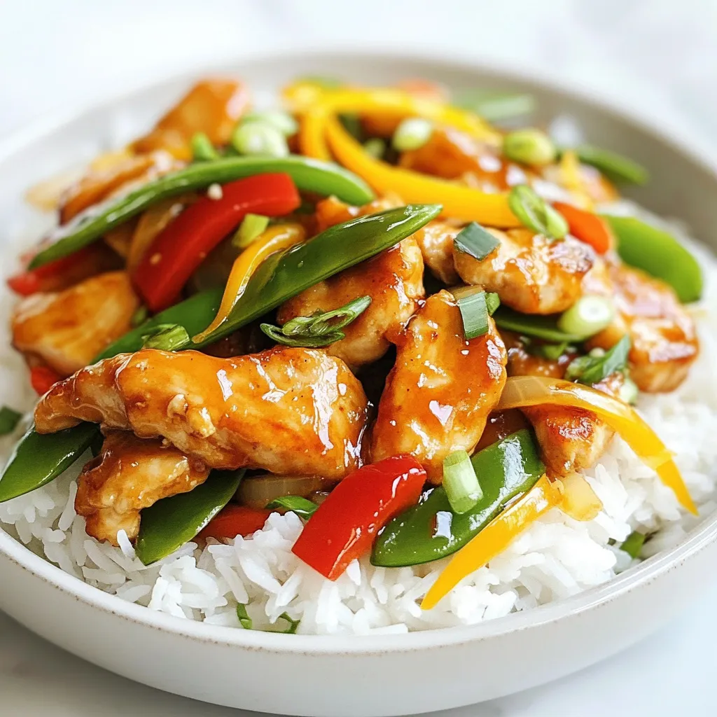 - 1 lb boneless, skinless chicken thighs, sliced - 2 tablespoons cornstarch - 2 tablespoons vegetable oil - 1 medium onion, sliced - 2 cloves garlic, minced - 1 inch piece of ginger, grated - 1 bell pepper, thinly sliced - 1 cup snow peas - 3 green onions, chopped - 3 tablespoons soy sauce - 2 tablespoons hoisin sauce - 1 tablespoon sesame oil - 1 teaspoon red chili flakes (optional) - Salt and pepper to taste - Cooked rice or noodles for serving Use 1 pound of chicken thighs for juicy meat. Slice them thinly for quick cooking. Coat the chicken in cornstarch for a crispy finish. A medium onion adds sweetness. Minced garlic and grated ginger give strong flavors. Choose your favorite bell pepper color for flair. Snow peas add crunch and color. Chopped green onions make a fresh topping. For sauces, soy and hoisin create depth. Sesame oil adds richness. Red chili flakes can spice it up. Adjust salt and pepper to your taste. If you prefer chicken breast, use that instead. For a gluten-free option, swap soy sauce for tamari. You can replace hoisin sauce with a mix of soy sauce and sugar. Any firm vegetable works, like broccoli or carrots. For a vegan version, try tofu or tempeh. If you can't find snow peas, snap peas work well too. {{ingredient_image_1}} 1. Start by placing the sliced chicken in a bowl. Add cornstarch and toss well. This step helps make the chicken crispy. 2. Heat 1 tablespoon of vegetable oil in a large skillet or wok on medium-high heat. Once hot, add the chicken in a single layer. Cook for 4-5 minutes, until golden brown and cooked through. Remove the chicken and set it aside. 3. In the same skillet, pour in the remaining tablespoon of vegetable oil. Add the sliced onion, minced garlic, and grated ginger. Sauté for 1-2 minutes until you smell the aromas. 4. Toss in the sliced bell pepper and snow peas. Stir-fry for 2-3 minutes until the veggies are bright and tender. 5. Return the cooked chicken to the skillet. Pour in soy sauce, hoisin sauce, sesame oil, and red chili flakes if you want some heat. Stir to combine and let it cook for another minute. 6. Add the chopped green onions and stir one last time. Season with salt and pepper to your taste. 7. Serve the Mongolian Chicken Stir-Fry over cooked rice or noodles. Top with more green onion if you like. Using high heat in the skillet helps to sear the chicken quickly. Searing gives it a nice crust and locks in moisture. When cooking the vegetables, stir-frying them at high heat keeps their color bright and crunch intact. This method keeps flavors fresh and vibrant. - Always use boneless, skinless chicken thighs. They stay juicy and tender. - Cut the chicken into thin strips for even cooking. - Make sure not to overcrowd the pan. This helps the chicken sear better. - You can marinate the chicken in soy sauce for 15 minutes for added flavor. To get your chicken crispy, start with cornstarch. Coat the chicken strips fully. This will help create a crunchy crust. Use a hot skillet for cooking. Heat the oil until it shimmers. Place the chicken in a single layer. Don’t crowd the pan, or the chicken will steam instead of fry. Cook for about 4-5 minutes per side until golden brown. To boost flavor, try adding a splash of rice vinegar. This adds a tangy kick. You can also toss in a tablespoon of honey. It will balance the saltiness of the soy sauce. For extra crunch, throw in some nuts like cashews or peanuts. Add red chili flakes for heat, or use fresh chili for a bolder taste. One mistake is not preheating the pan. A cold pan won’t sear the chicken well. Another is overcooking the veggies. They should stay bright and crisp. Don’t skip the ginger and garlic; they add essential flavor. Lastly, avoid adding too much salt. Soy sauce already has salt, so taste first before seasoning. Pro Tips Use High Heat: Cooking over high heat helps to achieve that signature stir-fry texture and keeps vegetables crisp and colorful. Prep Ingredients Ahead: Have all your ingredients chopped and ready to go before you start cooking; stir-frying is a quick process! Customize Your Veggies: Feel free to swap in your favorite vegetables or whatever you have on hand for a personalized touch! Don’t Overcrowd the Pan: If you're making a larger batch, cook the chicken in batches to prevent steaming and ensure it gets crispy. {{image_2}} You can make a vegetarian version using tofu or tempeh. Press the tofu to remove water. Cut it into cubes and marinate in soy sauce. Stir-fry it just like you would the chicken. For a vegan option, skip the hoisin sauce or find a vegan brand. You can also use vegetable broth instead of chicken broth for added flavor. If you want to switch up your protein, try shrimp or beef. For shrimp, just peel and devein them. Add them to the skillet right after the garlic and ginger. For beef, slice it thinly against the grain. Cook it until it’s browned before adding the veggies. Both options will give a different but tasty twist. Feel free to mix in other veggies. Broccoli, carrots, and mushrooms work great. You can also toss in baby corn or bok choy for extra crunch. The key is to keep the colors bright and the textures varied. This adds not just flavor but also makes your dish look beautiful. To keep your Mongolian Chicken Stir-Fry fresh, store leftovers in an airtight container. Place the cooled stir-fry in the fridge within two hours of cooking. It will stay tasty for about three to four days. If you have extra sauce, keep it separate for better texture. When you are ready to enjoy leftovers, reheat them gently. Use a skillet on medium heat. Add a splash of water or broth to keep it juicy. Stir often until hot, about five minutes. You can also use the microwave. Heat in short bursts, stirring in between, for even warmth. You can freeze Mongolian Chicken Stir-Fry for later. Make sure it cools completely first. Store it in a freezer-safe container or a zip-top bag. Remove as much air as possible. It freezes well for up to three months. When you're ready to eat, thaw it overnight in the fridge before reheating. Mongolian Chicken Stir-Fry is a tasty dish. It features chicken, veggies, and a rich sauce. This meal has roots in Chinese cooking. It combines flavors like soy sauce and hoisin sauce. The chicken is crispy and tender. Fresh vegetables add a nice crunch. You can serve it over rice or noodles. This dish is quick to make and is perfect for busy nights. Yes, you can make Mongolian Chicken Stir-Fry ahead of time. Cooked chicken and veggies can stay fresh in the fridge. Store them in an airtight container. They will last for about three days. Reheat your dish on the stove or in the microwave. Add a splash of water to keep it moist. This makes for a quick meal later on. You can serve Mongolian Chicken Stir-Fry with rice or noodles. Both options soak up the sauce well. For a fresh touch, add a side salad. You can also offer spring rolls or dumplings. These sides make the meal feel complete. Enjoying it with friends or family makes it even better! Mongolian Chicken Stir-Fry is a simple and tasty dish. We covered ingredients, prep tips, and cooking techniques. I shared how to create a crispy chicken and add flavor. You can also customize it with veggie or protein swaps. Storing and reheating tips make sure none goes to waste. Now you can enjoy this dish fresh, tasty, and easy to make. Try the variations to make it your own! Happy cooking!