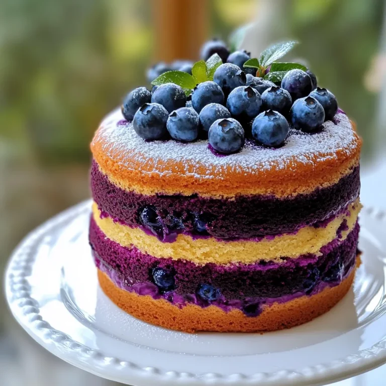 - 2 cups all-purpose flour - 1 ½ cups granulated sugar - 1 cup unsalted butter, softened - 3 large eggs - 1 cup buttermilk - 2 tablespoons blueberry puree - 1 teaspoon vanilla extract - 1 teaspoon baking powder - ½ teaspoon baking soda - ¼ teaspoon salt - Fresh blueberries for decoration - Powdered sugar for dusting To create a truly delightful Blueberry Velvet Cake, gathering the right ingredients is key. Each ingredient plays a role in making the cake soft and moist. The flour gives the cake structure. Granulated sugar adds sweetness and helps with the cake's rise. Softened unsalted butter makes the cake rich and creamy. The eggs bind everything together and add moisture. Buttermilk brings a nice tang and helps the cake stay tender. Blueberry puree gives the cake its signature flavor and color. Vanilla extract adds warmth to the taste. Baking powder and baking soda are essential for the cake to rise. Salt balances the sweetness and enhances the flavors. Don’t forget the fresh blueberries for decoration and powdered sugar to finish it off beautifully. This mix of ingredients ensures a cake that tastes amazing and looks stunning. - Preheat the oven to 350°F (175°C). Grease and flour two 9-inch round pans. - Make the blueberry puree. Blend 1 cup of blueberries until smooth. Strain if you want a smooth texture. - Cream the butter and sugar together. Use a large bowl and mix until fluffy, about 4-5 minutes. - Add the eggs one by one. Mix well after each addition. Then, add the vanilla extract. - In a separate bowl, combine the flour, baking powder, baking soda, and salt. Whisk them well. - Gradually add the dry mix to the butter mixture. Alternate with the buttermilk. Start and end with the flour mix. Mix until just combined. - Gently fold in the blueberry puree. Ensure it is mixed well but do not overmix. - Divide the batter evenly between the pans. Bake for 25-30 minutes. Check with a toothpick; it should come out clean. - Once done, cool in the pans for 10 minutes. Then, transfer to a wire rack to cool completely. - Creaming butter and sugar: Start with soft butter. Beat it with sugar until fluffy. This process takes about 4-5 minutes. It adds air, making the cake light. - Importance of using buttermilk: Buttermilk adds moisture and tang. It helps create a tender cake. If you don't have buttermilk, mix milk with vinegar. Let it sit for 5 minutes before using. - How to avoid overmixing the batter: When you add flour, mix slowly. Stop as soon as the flour disappears. Overmixing can make the cake dense and tough. - Best frosting options for Blueberry Velvet Cake: Cream cheese frosting pairs well with the cake's sweetness. You can also use whipped cream for a lighter option. Both add great flavor. - Suggestions for garnishing with fresh blueberries: Fresh blueberries make the cake look beautiful. Scatter them on top of the frosting. You can also place them around the cake's edge for a nice touch. - How to dust with powdered sugar for an elegant finish: Use a fine sieve to sprinkle powdered sugar. Hold it high above the cake for an even dusting. This adds a nice charm without overpowering the cake. {{image_2}} You can make this Blueberry Velvet Cake even more fun. Try adding lemon zest to the batter. This gives a fresh, bright taste. Just add one tablespoon of zest for best results. You can also mix in other berries. Raspberries and blackberries work great. They add a new layer of flavor. You can use about one cup of mixed berries. Just be sure to chop them small. This cake can fit many diets. If you need a gluten-free option, use alternative flours. Almond flour or coconut flour are great choices. Make sure to adjust the amount. For a vegan version, replace eggs and butter. Use flaxseed meal or applesauce for eggs. Coconut oil or vegan butter can replace regular butter. These swaps keep the cake moist and tasty. To keep your Blueberry Velvet Cake fresh, store it in the fridge. Use an airtight container to avoid drying out. Place a piece of wax paper or plastic wrap between the cake and the lid. This helps keep moisture in. The cake stays moist for about five days when stored correctly. If you want to keep it longer, let the cake cool completely before wrapping it tightly in plastic wrap. Doing this keeps it from absorbing any fridge smells. Always slice off any dry edges before serving. To freeze your Blueberry Velvet Cake, first, let it cool completely. Wrap each layer in plastic wrap. Then, place the wrapped layers in a freezer bag or container. This helps keep air out and prevents freezer burn. You can freeze the cake for up to three months. When you are ready to serve, take the cake out of the freezer and place it in the fridge. Let it thaw overnight. Once it’s thawed, you can frost it like fresh cake. Enjoy your delicious Blueberry Velvet Cake! How can I make blueberry puree? To make blueberry puree, blend 1 cup of fresh or frozen blueberries until smooth. You can strain it for a smoother texture if you like. This puree adds a burst of blueberry flavor to your cake. Can I use frozen blueberries in this recipe? Yes, you can use frozen blueberries! Just make sure to thaw them first. Drain any excess liquid to keep your cake moist but not soggy. What is the best way to frost the cake? I recommend using cream cheese frosting or whipped cream for this cake. Spread the frosting evenly on top and between layers after the cake cools. Decorate with fresh blueberries for a beautiful look. How do I know when the cake is done baking? Check if the cake is done by inserting a toothpick into the center. If it comes out clean or with a few crumbs, your cake is ready. Otherwise, bake it a few more minutes. Can I make this cake ahead of time? Absolutely! You can bake the cake a day in advance. Just let it cool, wrap it in plastic, and store it in the fridge. Frost it right before serving for the best taste. This blog post covered how to bake a delicious Blueberry Velvet Cake from scratch. You learned about the key ingredients, step-by-step instructions, and helpful tips. We explored fun flavor variations and dietary adjustments, ensuring everyone can enjoy this cake. Finally, I shared effective storage options to keep your cake fresh. Baking this cake can be both fun and rewarding. You’ll impress friends and family with your skills. Enjoy your baking journey!