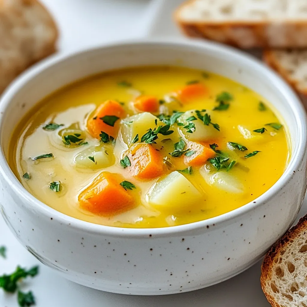 To make Soupe de Dernière Minute, gather these simple items: - 1 cup vegetable broth - 1 cup water - 1 medium carrot, diced - 1 stalk celery, diced - 1 small onion, finely chopped - 2 garlic cloves, minced - 1 medium potato, diced - 1 cup frozen mixed vegetables (peas, corn, green beans) - 1 teaspoon dried thyme - 1 tablespoon olive oil - Salt and pepper to taste - Fresh parsley for garnish You may not have all the ingredients, and that's okay! Here are some easy swaps: - Use chicken broth instead of vegetable broth for a richer flavor. - Swap out the potato for sweet potato if you want a sweeter taste. - If you lack fresh garlic, use garlic powder instead. - Any frozen vegetables work, so feel free to mix it up! Garnishing adds a nice touch to your soup. Here are some ideas: - Fresh parsley gives a pop of color and taste. - A sprinkle of black pepper adds a bit of warmth. - Drizzle olive oil for a rich finish. - Serve with crusty bread for dipping and extra enjoyment. {{ingredient_image_1}} Start by washing all your vegetables. Dice the medium carrot, chop the celery, and finely chop the onion. Mince the garlic cloves. Peel and dice the potato. This makes sure all the flavors mix well in the soup. In a large pot, heat one tablespoon of olive oil over medium heat. Add the chopped onion and minced garlic. Sauté these for about five minutes. You want them soft and fragrant. Next, add the diced carrot and celery. Cook for another five minutes. Now, add the diced potato to the pot and sauté for three more minutes. Pour in one cup of vegetable broth and one cup of water. Bring this mixture to a boil. Once it starts boiling, lower the heat to medium-low. Stir in one cup of frozen mixed vegetables and one teaspoon of dried thyme. Add salt and pepper to taste. Cover the pot and let it simmer for ten to fifteen minutes. The potatoes should be tender. After simmering, take the pot off the heat. Let it cool for a few minutes. For a smooth texture, use an immersion blender and blend the soup until smooth. If you like a chunkier soup, blend in batches using a standard blender. After blending, return the soup to the pot. Reheat if needed and adjust the seasoning to your liking. To speed up this soup, prep your veggies ahead of time. Chop them the night before. Store them in the fridge. Use a food processor for quick dicing. You can also use pre-chopped or frozen veggies. They save time and still taste great. To boost flavor, add a splash of lemon juice. This adds brightness. You can also use fresh herbs like basil or thyme. Add them at the end of cooking for the best taste. A dash of hot sauce can bring heat. Just remember to keep tasting as you go! Got leftover veggies? Toss them in! They add flavor and nutrition. Cut them small so they cook fast. Think about using cooked potatoes, spinach, or bell peppers. Each adds a unique taste. This soup is perfect for cleaning out your fridge! Pro Tips Fresh Ingredients: Using fresh vegetables will enhance the flavor and nutritional value of your soup. Blend to Your Preference: Adjust the blending time based on your desired texture—blend less for a chunkier soup. Season Gradually: Add salt and pepper incrementally as you taste, ensuring balanced seasoning throughout the cooking process. Garnish Creatively: Consider adding a drizzle of olive oil or a sprinkle of cheese on top for extra flavor and presentation. {{image_2}} You can add protein to Soupe de Dernière Minute easily. Cooked chicken, shredded or diced, works well. Just stir it in near the end of cooking. You can also use canned beans, like white beans or chickpeas. Rinse them first. Add them when you mix in the frozen veggies. This boosts protein and makes the soup heartier. Making this soup vegetarian or vegan is simple. Just use vegetable broth, as the recipe states. Skip any meat and opt for beans or lentils for protein. You can also add more veggies, like spinach or kale, for extra nutrition. This keeps the soup filling and delicious without animal products. Herbs and spices can change the flavor of your soup. Instead of thyme, try rosemary or basil for a fresh taste. You can add a pinch of red pepper flakes for heat. Fresh herbs like cilantro or dill make great toppings too. Experiment with what you have on hand to create your unique version! After enjoying Soupe de Dernière Minute, let it cool down first. Then, pour the soup into airtight containers. Make sure to leave some space at the top. This allows for expansion when freezing. Store it in the fridge if you plan to eat it within three days. If it's longer, choose the freezer. To reheat your soup, pour it into a pot. Heat it on medium-low until it warms up. Stir occasionally to avoid sticking. You can also use a microwave. Place the soup in a microwave-safe bowl. Cover it loosely and heat in 1-minute intervals, stirring in between. Be careful, as it can get very hot! If you want to freeze the soup, use freezer-safe containers. Portion the soup into smaller amounts for easy use later. Label the containers with the date. Soupe de Dernière Minute can last up to three months in the freezer. When ready to eat, thaw it in the fridge overnight before reheating. This keeps the texture nice and tasty. It takes about 30 minutes to make Soupe de Dernière Minute. You spend 10 minutes prepping and 20 minutes cooking. This quick method makes it perfect for busy days. Yes, you can use fresh vegetables! Fresh carrots, peas, and beans work well. Just remember to chop them into small pieces. This way, they cook evenly and quickly. To make this soup gluten-free, use gluten-free vegetable broth. Check the label on your broth. Most brands are gluten-free, but it’s good to be sure. In this post, we explored the key ingredients, steps, and tips for making Soupe de Dernière Minute. You can customize it with proteins or herbs to suit your taste. Remember, you can use fresh or frozen veggies, and the soup is easy to store or freeze. With these simple tricks, you'll enjoy great flavor and save time. I hope you feel ready to make this tasty soup whenever you wish!
