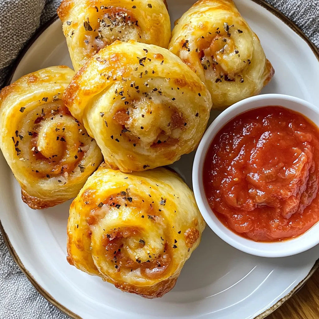 To make High Protein Pepperoni Pizza Rolls, you need a few simple ingredients. Here’s what you will need: - 1 cup whole wheat flour - 1 teaspoon baking powder - ½ teaspoon salt - ½ cup Greek yogurt - ½ cup low-fat mozzarella cheese, shredded - 1 cup turkey pepperoni, chopped - 1 tablespoon Italian seasoning - ½ teaspoon garlic powder - 1 tablespoon olive oil (for brushing) - Tomato sauce (for dipping) Each ingredient plays a key role. Whole wheat flour gives a hearty base. Baking powder helps the rolls rise. Salt adds flavor, while Greek yogurt keeps the dough moist. Low-fat mozzarella melts beautifully, adding that gooey goodness. Turkey pepperoni gives the pizza rolls their classic flavor. Italian seasoning and garlic powder bring in those delicious Italian notes. Olive oil helps the tops brown nicely, and tomato sauce makes a perfect dip. These ingredients work together to create a tasty, high-protein snack. You can easily find them at your local grocery store. Feel free to get creative with your favorite toppings. {{ingredient_image_1}} - Preheat the oven: Set your oven to 400°F (200°C). This step is key for perfect rolls. Line a baking sheet with parchment paper to prevent sticking. - Prepare the dough: In a bowl, mix 1 cup of whole wheat flour, 1 teaspoon baking powder, and ½ teaspoon salt. Stir until combined. - Roll out the dough: Add ½ cup Greek yogurt to the bowl. Mix and knead until a dough forms. Place it on a floured surface. Roll it into a rectangle, about ¼ inch thick. - Add cheese and pepperoni: Spread ½ cup shredded low-fat mozzarella cheese evenly over the dough. Leave a small border at the edges. Then, layer 1 cup chopped turkey pepperoni on the cheese. Sprinkle with 1 tablespoon Italian seasoning and ½ teaspoon garlic powder. - Roll and slice the dough: Starting from one edge, tightly roll the dough into a log. Keep the filling inside. Next, slice the log into 1-inch pieces. - Brush with olive oil: Place the sliced rolls cut side up on the baking sheet. Brush the tops with 1 tablespoon olive oil to help them brown nicely. - Bake the pizza rolls: Put the baking sheet in the oven. Bake for 15-20 minutes until they are golden brown and the cheese is bubbling. - Serve with dipping sauce: Let the rolls cool for a few minutes. Serve them warm with tomato sauce on the side for dipping. These steps make it easy to create tasty high protein pepperoni pizza rolls. Enjoy! - Dough consistency: Aim for a soft and slightly sticky dough. If it's too dry, add a bit more yogurt. If it's too wet, sprinkle in a little extra flour. The right texture helps your rolls hold together well. - Ingredient substitutions: You can swap whole wheat flour for all-purpose flour if you prefer. Use regular mozzarella if you want a creamier taste. For a spicy kick, try adding hot pepperoni or a dash of red pepper flakes. - Achieving the right browning: Brush the tops of the rolls with olive oil before baking. This step helps them turn golden brown and crispy. Keep an eye on them while baking to avoid burning. The rolls should be golden and the cheese bubbly. - Cooling before serving: Let the pizza rolls cool for a few minutes after baking. This helps the cheese set a bit and makes them easier to eat. Serve them warm with tomato sauce for a tasty dip. Pro Tips Use Fresh Ingredients: Fresh turkey pepperoni and quality mozzarella cheese will enhance the flavor of your pizza rolls significantly. Adjust the Seasoning: Feel free to experiment with additional spices like crushed red pepper or oregano for a spicier kick. Perfectly Roll: Make sure to roll the dough tightly to prevent the filling from spilling out while baking. Serve Immediately: These pizza rolls are best enjoyed warm and fresh out of the oven with your favorite dipping sauce. {{image_2}} You can easily change up the flavors in these pizza rolls. Here are some fun ideas: - Using different types of cheese: Swap low-fat mozzarella for cheddar or pepper jack. These cheeses add a sharp, tangy flavor. You can also mix cheeses for a richer taste. - Adding vegetables or herbs: Try adding bell peppers, spinach, or mushrooms. These veggies boost nutrition and add color. Fresh basil or oregano can enhance the flavor too. - Substituting different protein options: If you want a change, use chicken or ham instead of turkey pepperoni. You can also try plant-based options like tempeh or seitan for a hearty bite. - Vegan version ideas: For a vegan twist, replace Greek yogurt with a plant-based yogurt. Use vegan cheese and skip the pepperoni. You can add sliced olives or artichokes for extra flavor. These variations make the recipe fun and allow you to play with flavors. Enjoy experimenting! After making your high protein pepperoni pizza rolls, it’s important to store them properly. This keeps them fresh and tasty for later. - Refrigeration guidelines: Let the pizza rolls cool down first. Put them in an airtight container. They will stay good in the fridge for about 3-4 days. - Freezing instructions: If you want to keep them longer, freeze the rolls. Place them in a single layer on a baking sheet. Once frozen, transfer them to a freezer bag. They can last for up to 3 months in the freezer. - Reheating tips: To reheat, bake them in the oven at 350°F (175°C) for about 10-15 minutes. This will crisp them up nicely. You can also use a microwave, but they may not get as crispy. Enjoy your delicious snack! To make pizza rolls crispy, you can brush them with olive oil before baking. This allows the outside to brown nicely. Bake them until they are golden brown. Avoid overloading them with toppings, as this can make them soggy. Yes, you can use other types of flour. All-purpose flour works well. You can also try almond flour for a low-carb option. Just remember that the texture may change a bit based on the flour you choose. You can dip pizza rolls in ranch dressing, pesto, or even cheese sauce. Each option adds a new flavor. Get creative and mix it up to find your favorite! These pizza rolls last about 3 to 4 days in the fridge. Store them in an airtight container to keep them fresh. If they start to dry out, you can reheat them with a little moisture. Yes, they are great for meal prep! You can make a batch ahead of time. Just store them in the fridge or freezer. Reheat them when you are ready to eat. They make a quick and tasty snack! You now have a complete guide to making delicious pizza rolls. We covered the key ingredients, step-by-step instructions, and helpful tips. We also shared tasty variations and storage advice. You can enjoy these rolls fresh or save them for later. Experiment with different fillings and dips to make them your own. Enjoy your cooking and the tasty results!