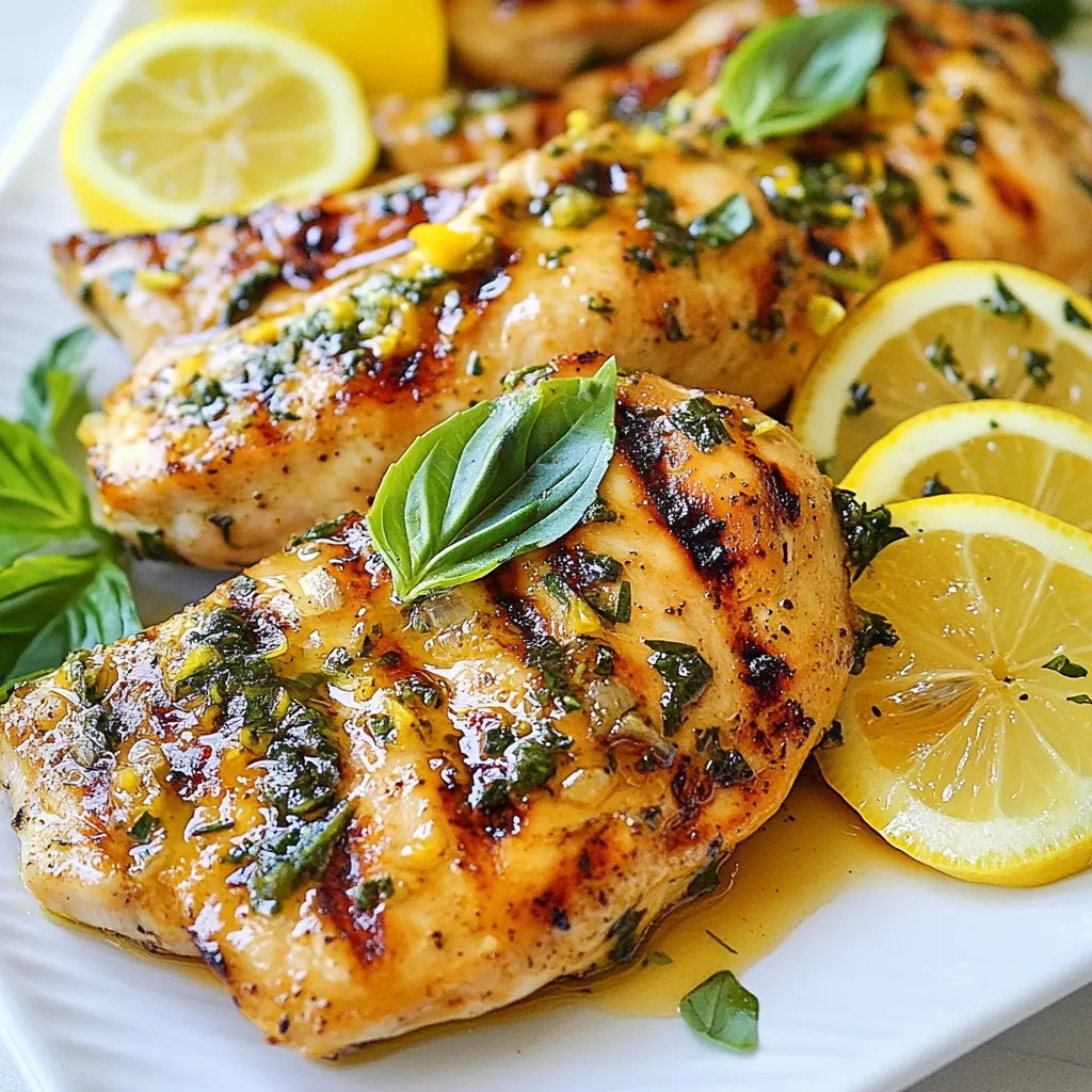 To make this tasty Lemon Basil Chicken, you will need: - 4 boneless, skinless chicken breasts - 1/4 cup fresh basil leaves, finely chopped - Zest and juice of 2 lemons - 3 cloves garlic, minced - 1/4 cup olive oil - 1 teaspoon honey - Salt and pepper to taste - Lemon slices for garnish - Fresh basil sprigs for garnish Using fresh ingredients gives the best flavor. Fresh basil adds a bright taste. Fresh lemons provide a zesty punch. Dried herbs can work in a pinch but lack the same freshness. If you have fresh herbs, use them. If not, dried basil can substitute. Just use less, as dried herbs are stronger. If you don't have all the ingredients, here are some good substitutes: - Chicken breasts: Use chicken thighs for a juicier option. - Fresh basil: Try parsley or cilantro for a different taste. - Olive oil: Canola oil or avocado oil works well too. - Honey: Maple syrup can be a sweet alternative. - Lemons: Lime juice is a good substitute for a different flavor. These substitutes can help you make this dish even if you lack some key items. Enjoy cooking! {{ingredient_image_1}} To make the marinade, start with a bowl. Add 1/4 cup of olive oil. Next, squeeze in the juice of 2 lemons. Then, add the zest of those lemons for extra flavor. Toss in 3 minced garlic cloves and 1/4 cup of finely chopped fresh basil leaves. Don’t forget to add salt and pepper to taste. Whisk all these ingredients until they blend well. This mix will bring a bright, fresh taste to your chicken. Take 4 boneless, skinless chicken breasts and place them in a large resealable bag or a shallow dish. Pour your marinade over the chicken. Make sure every piece is coated well. Seal the bag or cover the dish tightly. Now, it’s time to let the flavors work. Place it in the fridge for at least 30 minutes. If you have more time, marinate it longer for even better flavor. Before you grill, preheat your grill to medium-high heat. This ensures a nice sear on the chicken. Remove the chicken from the marinade, letting any extra liquid drip off. Place the chicken on the hot grill. Grill for 6-7 minutes on one side. Then flip it and grill for another 6-7 minutes. Use a meat thermometer to check for doneness. The chicken should reach an internal temperature of 165°F (74°C). Once cooked, take it off the grill and let it rest for 5 minutes. This helps keep the juices inside. Slice it up and serve warm, garnished with lemon slices and fresh basil sprigs. Enjoy your delicious Lemon Basil Chicken! For great flavor, marinate your chicken correctly. Use a mix of olive oil, lemon juice, garlic, and fresh basil. This blend gives the chicken a fresh taste. Aim to marinate for at least 30 minutes. If you have more time, go for 2 hours. The longer the chicken sits in the marinade, the more flavor it soaks up. Use a resealable bag or a shallow dish for marinating. This helps the chicken stay in contact with the marinade. Remember to turn the chicken halfway through. This ensures even flavor all around. Grill marks make your chicken look great. To get those nice lines, start with a hot grill. Preheat your grill to medium-high. Place the chicken on the grill at a 45-degree angle. This angle helps create those perfect diamond shapes. Do not flip the chicken too soon. Let it cook for about 6-7 minutes on one side. Once you see good grill marks, flip it over. Cook the other side for the same time. This gives you juicy chicken with a lovely look. Use a reliable grill for the best results. A gas grill or charcoal grill works well. A digital meat thermometer is a must. This tool helps you check if the chicken reaches 165°F (74°C). Also, have a pair of tongs handy. They make flipping the chicken easy and safe. Lastly, use a cutting board and a sharp knife for slicing. This helps you serve the chicken beautifully. Pro Tips Marinate Longer for More Flavor: For the best flavor, marinate the chicken for at least 2 hours, or overnight if possible. Use a Meat Thermometer: Ensure perfect doneness by using a meat thermometer to check the internal temperature reaches 165°F (74°C). Let It Rest: Allow the chicken to rest for 5 minutes after grilling to keep it juicy and tender. Experiment with Herbs: Feel free to mix in other herbs like thyme or oregano for a unique twist on the flavor. {{image_2}} Lemon basil chicken skewers are a fun twist. Cut the chicken into cubes. Marinate as usual, then thread the pieces onto skewers. You can add bell peppers and onions for color. Grill until the chicken is cooked through. These skewers are great for parties or family dinners. You can pair lemon basil chicken with fresh veggies. Use zucchini, bell peppers, and cherry tomatoes. Toss the vegetables in the marinade too. Grill them alongside the chicken for a complete meal. This adds color and nutrition to your plate. If you prefer baking, this option is delicious. Preheat your oven to 400°F (200°C). Place marinated chicken in a baking dish. Bake for 25-30 minutes until cooked. This method keeps the chicken juicy and tender. You’ll still enjoy all the bright flavors. To keep your Lemon Basil Chicken fresh, store it in an airtight container. Place the chicken in the fridge within two hours of cooking. Enjoy it within three to four days. This keeps the chicken safe and tasty. If you want to save it for later, freezing is a great option. First, let the chicken cool completely. Then, wrap it tightly in plastic wrap or foil. Place the wrapped chicken in a freezer bag. Squeeze out as much air as possible. It can stay in the freezer for up to three months. When you're ready to eat your leftovers, reheating them right is key. Start by letting the chicken sit at room temperature for about 15 minutes. This helps it heat evenly. You can reheat it in the oven at 350°F (175°C) for about 15-20 minutes. For the best taste, add a splash of lemon juice and a drizzle of olive oil before reheating. This keeps it juicy and flavorful. The best way to marinate chicken is to use a mix of oil, acid, and herbs. For Lemon Basil Chicken, I blend olive oil, lemon juice, and fresh basil. I also add garlic, honey, salt, and pepper for extra flavor. This mix makes the chicken juicy and tasty. After mixing, place the chicken in a resealable bag or shallow dish. Pour the marinade over the chicken, making sure it coats well. Seal the bag or cover the dish. Let it chill in the fridge for at least 30 minutes. The longer you marinate, the more flavor it gains. You can store Lemon Basil Chicken in the fridge for up to three days. Make sure it’s in an airtight container. When you’re ready to eat it, check for any off smells or changes in color. If it looks good, you can enjoy it again! Yes, you can use dried basil instead of fresh, but the flavor will differ. Dried basil is more concentrated. Use one-third of the amount of dried basil as you would fresh. For this recipe, that means about 1 tablespoon of dried basil. Add it to the marinade and mix well. While fresh basil gives a bright flavor, dried basil still works well in a pinch! This blog post shared how to make Lemon Basil Chicken, from ingredients to storage. You'll find the best tips for flavor, grilling, and leftovers. Try new ideas like skewers or oven-baked versions to suit your taste. I hope you feel ready to cook this dish with confidence. Enjoy experimenting with flavors and techniques to make it your own. Happy cooking!