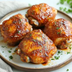 To make delicious low carb BBQ chicken thighs, you need a few simple ingredients. Here’s what you’ll need: - 4 bone-in chicken thighs, skin-on - 1/2 cup sugar-free BBQ sauce - 1 tablespoon olive oil - 2 teaspoons smoked paprika - 1 teaspoon garlic powder - 1 teaspoon onion powder - 1/2 teaspoon cayenne pepper (optional, for heat) - Salt and pepper to taste - Fresh parsley, chopped (for garnish) These ingredients come together to create a savory and satisfying dish. The bone-in thighs keep the meat juicy, while the sugar-free BBQ sauce adds a sweet and tangy touch. The spices bring out the flavors and make each bite exciting. I love to use fresh parsley for garnish; it adds a nice pop of color and freshness. This simple list makes it easy for anyone to dive into this tasty recipe! {{ingredient_image_1}} 1. Preheat your grill or oven to 400°F (200°C). If you use the oven, line a baking sheet with foil. This makes cleanup easy. 2. In a small bowl, mix together the smoked paprika, garlic powder, onion powder, cayenne pepper, salt, and pepper. This blend will be your dry rub. 1. Pat the chicken thighs dry with a paper towel. This step helps the rub stick. 2. Rub each thigh with olive oil. Make sure they are well coated. 3. Generously apply the dry rub all over the chicken thighs. Cover both sides for great flavor. 1. Grilling: Place the chicken thighs skin-side down on the grill. Cook for about 10-12 minutes. Flip them over and brush with the sugar-free BBQ sauce. Grill for another 10-12 minutes while basting with more BBQ sauce. Cook until the internal temperature reaches 165°F (75°C). 2. Baking: Place the marinated chicken thighs skin-side up on the prepared baking sheet. Bake for 25-30 minutes. After that, brush with sugar-free BBQ sauce and return to the oven for 10 more minutes. Again, aim for an internal temperature of 165°F (75°C). After cooking, let the chicken rest for 5 minutes. This helps keep the juices in. Garnish with freshly chopped parsley for a bright touch. Enjoy your flavorful low carb BBQ chicken thighs! Marinating your chicken thighs is key for great taste. I recommend marinating for at least one hour. This allows the flavors to soak in. You can also marinate overnight for a deeper flavor. To cook evenly, ensure your chicken is at room temperature before cooking. This helps it cook through without drying out. Flip the thighs halfway through cooking for even results. Control the grill's heat well for the best grill marks. Preheat your grill to medium-high heat. This gives you those perfect charred lines. Watch for flare-ups caused by fat dripping. Move the chicken to a cooler part of the grill if flames get high. This prevents burning and keeps your chicken juicy. For a beautiful presentation, serve the BBQ chicken on a rustic wooden board. Add a sprinkle of fresh parsley on top for color. You can also serve with grilled veggies for a lovely low-carb meal. Try zucchini or bell peppers for a vibrant side. Pro Tips Dry the Chicken: Patting the chicken thighs dry before applying the rub helps achieve a crispy skin when cooking. Let it Marinate: For enhanced flavor, let the seasoned chicken thighs marinate in the refrigerator for at least 30 minutes before cooking. Check for Doneness: Always use a meat thermometer to ensure the internal temperature reaches 165°F (75°C) for safe consumption. Rest the Chicken: Let the chicken rest for a few minutes after cooking to allow the juices to redistribute, ensuring moist and tender meat. {{image_2}} You can switch up the BBQ sauce for a fresh twist. Look for low-carb options like mustard or hot sauce. You can even make your own! Here’s a simple homemade BBQ sauce recipe: - 1 cup tomato sauce - 2 tablespoons apple cider vinegar - 1 tablespoon Worcestershire sauce - 1 tablespoon sweetener (like erythritol) - 1 teaspoon smoked paprika - Salt and pepper to taste Mix these ingredients in a bowl, and you have a tasty sauce without the carbs. Spice is key to flavor. You can use different blends to change up the taste. Try a mix of chili powder, cumin, and oregano for a Mexican flair. If you like heat, increase the cayenne pepper. Start with half a teaspoon and adjust to your taste. If you prefer boneless chicken thighs, go for it! They cook faster, so check them at 20 minutes. Chicken breasts also work well but need careful cooking to stay juicy. Keep an eye on the internal temperature, aiming for 165°F (75°C). To keep cooked chicken thighs fresh, store them in an airtight container. This helps prevent moisture loss. Place the container in your fridge. They can last about 3-4 days. If you want to keep them longer, freezing is a great option. Wrap the thighs tightly in plastic wrap and then place them in a freezer bag. This will help avoid freezer burn. Frozen chicken thighs can last up to 3 months. When it's time to enjoy your leftovers, reheating is key. The best way to reheat chicken thighs is in the oven. Set your oven to 350°F (175°C). Place the thighs on a baking sheet. Cover them with foil to keep them moist. Heat for about 20-25 minutes. If you prefer using a microwave, that’s fine too! Just heat on medium power to avoid drying them out. Aim for an internal temperature of 165°F (75°C) when reheating. This will keep your chicken juicy and flavorful. Most BBQ sauces are high in sugar. However, you can find great sugar-free options. These sauces use natural sweeteners or no sweeteners at all. Brands like G Hughes or Primal Kitchen offer tasty choices. Always check the label to be sure. Sugar-free BBQ sauce gives you flavor without the carbs. Yes, you can prepare this dish in advance. Marinate the chicken thighs overnight for extra flavor. Simply mix the spices and rub them on the chicken. Then, cover it and place it in the fridge. When you're ready to cook, just take it out and grill or bake. This saves time during busy days. You can enjoy many low carb sides with BBQ chicken. Here are some ideas: - Grilled vegetables like zucchini, bell peppers, or asparagus - Cauliflower rice as a tasty alternative - A fresh salad with greens and a light dressing - Roasted Brussels sprouts or broccoli These sides add color and flavor while keeping your meal low in carbs. This guide on making low-carb BBQ chicken thighs is packed with tips. From selecting the right ingredients to mastering cooking techniques, you've learned how to elevate your dish. Remember that marinating well and controlling heat are keys to success. Don't hesitate to explore sauce and spice variations. Enjoy flavorful meals while sticking to your low-carb goals. With these tips in hand, you’re ready to impress at your next gathering. Happy grilling and cooking!