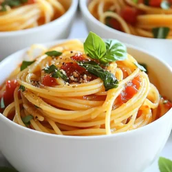 - 8 oz (225g) spaghetti or your favorite pasta - 1 tablespoon olive oil - 2 cloves garlic, minced - 1 can (14.5 oz) diced tomatoes (preferably fire-roasted) - 1 teaspoon sugar - Salt and pepper to taste - 1/4 cup fresh basil leaves, chopped - 1/4 teaspoon red pepper flakes (optional for heat) - Grated Parmesan cheese for serving (optional) To start, gather your ingredients. This list keeps things simple. You can use spaghetti or any pasta you like best. Olive oil and garlic add great flavor. Diced tomatoes bring the dish together. I love using fire-roasted tomatoes for extra taste. Sugar, salt, and pepper balance the flavors. Fresh basil adds a nice touch. If you want heat, red pepper flakes work well. Lastly, don't forget the Parmesan cheese if you enjoy it on top! {{ingredient_image_1}} To cook the pasta, start by boiling water in a large pot. Add a generous amount of salt to the water. This step enhances the flavor of the pasta. Once the water reaches a rolling boil, add your spaghetti or favorite pasta. Cook the pasta according to the package instructions until it is al dente. This usually takes about 8 to 10 minutes. While the pasta cooks, reserve 1/2 cup of the pasta water. This water will help adjust the sauce later. Once the pasta is ready, drain it in a colander, but keep that reserved water close. In the same pot, heat 1 tablespoon of olive oil over medium heat. Add 2 cloves of minced garlic. Sauté the garlic for about 1 minute. You want it fragrant, but not browned. Next, stir in a can of diced tomatoes with their juices. This is where the magic begins! Add 1 teaspoon of sugar, salt, and pepper to taste. If you like heat, toss in 1/4 teaspoon of red pepper flakes. Let the sauce simmer for about 5 to 7 minutes. This allows it to thicken slightly. Now it’s time to bring it all together. Add your drained pasta to the pot with the tomato sauce. Toss the pasta gently to coat it evenly. If the sauce looks too thick, pour in a splash of the reserved pasta water. This will help create a smoother sauce. Once the pasta is well mixed with the sauce, remove it from the heat. Fold in 1/4 cup of chopped fresh basil. This adds a burst of flavor. Taste and adjust the seasoning with more salt and pepper if needed. Now, your Quick Tomato Basil Pasta is ready to serve! To cook perfect pasta, aim for al dente. This means the pasta should be firm when bitten. Cooking it too long makes it mushy. Follow the package instructions for timing. Taste a piece a minute or so before the time is up. This way, you can catch it at just the right moment. Seasoning is key to a great dish. Always add salt to boiling water. This enhances the pasta's flavor. After draining, save some pasta water. It helps adjust the sauce later. If your sauce feels too thick, a splash of this water can make it just right. Fresh herbs are a game changer. They add bright flavors to your meal. Chop some fresh basil just before serving. This keeps it fragrant and green. You can also add more herbs like parsley or oregano for a twist. When serving, think about presentation. A simple sprig of basil on top looks beautiful. A light drizzle of olive oil adds shine. Use a nice bowl to serve the pasta. This makes the meal feel special. Remember, we eat with our eyes first! Pro Tips Use Fresh Ingredients: Whenever possible, use fresh tomatoes and basil for an enhanced flavor and aroma in your pasta dish. Adjust the Heat: If you prefer a milder dish, skip the red pepper flakes. For a spicier kick, feel free to add more to taste. Reserve Pasta Water: Always reserve some pasta cooking water; it helps to adjust the sauce consistency without thinning the flavor. Experiment with Cheese: Try different types of cheese like Pecorino Romano or a sprinkle of feta for a unique twist on your pasta. {{image_2}} You can change this dish by using different pasta types. Try penne, fusilli, or even gluten-free pasta. Each option brings a unique twist. Just remember to cook it al dente, as you would with spaghetti. Adding vegetables or protein can make this meal more filling. Consider tossing in sautéed spinach, zucchini, or bell peppers. These choices add color and nutrients. You can also include cooked chicken, shrimp, or chickpeas for protein. This way, you can enjoy a balanced meal. Experimenting with spices and herbs can elevate your dish. Besides fresh basil, try adding oregano, thyme, or parsley for added depth. A pinch of garlic powder or Italian seasoning can also boost the flavor. If you want to change the cheese, consider alternatives. Feta or goat cheese adds a tangy taste. You could also use mozzarella for a creamier texture. These variations allow you to customize your pasta to suit your taste. To keep your Quick Tomato Basil Pasta fresh, store it in an airtight container. This helps lock in flavor and moisture. Always let the pasta cool before sealing it. You can store it in the fridge for up to three days. If you want to keep it longer, consider freezing it. Frozen pasta can last for about three months, but the texture may change a bit. When it comes to reheating your pasta, the stovetop is the best method. Place the pasta in a skillet over low heat. Add a splash of water or olive oil to help it heat evenly. Stir gently to avoid sticking. If you use the microwave, add a little water and cover the dish to keep moisture in. This prevents the pasta from drying out. Always check the temperature before serving to ensure it's heated through. It takes about 10 minutes to prep and 20 minutes to cook. In total, you will spend around 30 minutes on this dish. This means you can enjoy a fresh meal in no time. The quick cook time makes it perfect for busy days. Yes, you can use fresh tomatoes! If you choose this option, use about 4-5 medium tomatoes. First, chop them and remove the seeds. This will help reduce excess moisture in the sauce. Fresh tomatoes will add a bright flavor to your pasta. Just remember to cook them a bit longer to soften up. You can pair this pasta with a simple side salad. A green salad with mixed greens and a light vinaigrette works well. Garlic bread is also a great choice for soaking up the sauce. For a protein boost, serve grilled chicken or shrimp on the side. Enjoy your meal with a glass of white wine for a delightful touch! In this article, we explored the simple ingredients and steps to make Quick Tomato Basil Pasta. You learned how to cook pasta perfectly and create a tasty sauce. Tips like using fresh herbs and various add-ins can boost flavor. Storing and reheating pasta can be easy with the right tricks. Remember, experimentation makes your dish unique. Enjoy making this meal your own, and share it with others for a delicious experience!
