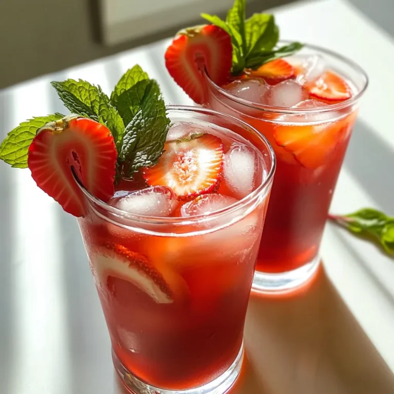 To make a refreshing strawberry iced tea, you will need: - 4 cups water - 4 black tea bags - 1 cup fresh strawberries, sliced - 1/4 cup honey or agave syrup (adjust to taste) - 1 lemon, juiced - Fresh mint leaves for garnish - Ice cubes I always recommend using fresh strawberries when making iced tea. Fresh strawberries give the drink a bright and bold flavor. They also add a nice touch of color. If fresh strawberries are not available, you can use frozen ones. Just make sure to let them thaw first. Frozen strawberries can work well in a pinch, but they may not taste as fresh. You can customize the sweetness of your strawberry iced tea. Honey is my go-to choice for a natural, rich flavor. Agave syrup is another great option; it’s lighter and mixes well. If you want to avoid added sugars, try using stevia or monk fruit sweetener. Always adjust the amount to fit your taste. Start with a small amount and add more if needed. This way, you can create the perfect balance for your drink. To start, bring 4 cups of water to a boil in a saucepan. This helps to release the tea's full flavor. Once the water boils, remove it from the heat. Add 4 black tea bags to the hot water. Steep them for about 5 to 7 minutes. If you like strong tea, let them steep longer. After steeping, take out the tea bags. Let the tea cool for about 10 minutes. While the tea cools, it’s time to prepare the strawberries. Take 1 cup of fresh strawberries and slice them. Place the sliced strawberries in a blender. Add 1/4 cup of honey or agave syrup. You can adjust the sweetness based on your taste. Blend the mixture until it is smooth. This will give your iced tea a delightful strawberry flavor. After the tea has cooled, mix in the strawberry blend. Add the juice of 1 lemon to the tea. The lemon adds a nice tartness. Stir everything well until combined. Now, it’s time to serve! Fill glasses with ice cubes. Pour the strawberry iced tea over the ice. For a pretty touch, garnish each glass with fresh mint leaves and a slice of strawberry. Enjoy your refreshing drink! To make your strawberry iced tea pop, try using fresh herbs. Mint leaves add a cool taste. You can also use basil for a unique twist. A splash of sparkling water gives it a fun fizz. If you like tartness, add more lemon juice. This makes the sweet strawberries shine even more. Steeping tea correctly is key. For this drink, steep black tea bags for 5-7 minutes. If you want stronger tea, go for 7 minutes. But if you prefer a milder flavor, stick to 5 minutes. Keep in mind, steeping too long can make the tea bitter. Sweetness is all about your taste. Start with 1/4 cup of honey or agave. You can add more if you like it sweeter. If you want a lower-calorie option, try using less sweetener. You can even skip it, as strawberries are sweet on their own. Always taste as you go! {{image_2}} You can change your strawberry iced tea by adding herbs and spices. Mint is a top choice. It pairs well with strawberries. Just add a few fresh mint leaves when you serve. Basil also works great. Use it for a unique twist. You can steep the herbs with the tea bags. This will give your tea a deeper flavor. Mixing in other fruits can make your tea even better. Consider using raspberries or blueberries. They add color and taste. You can mash them like you do with strawberries. This will create a fruity blend. For a tropical feel, add pineapple juice or slices. It brings a sunny vibe to your drink. Cold brew strawberry iced tea is a fun twist. It’s easy and refreshing. Start by placing tea bags in cold water. Use 4 cups of water and 4 tea bags. Let it sit in the fridge for a few hours. The longer you wait, the stronger the flavor. Once ready, blend in your strawberries and sweetener. Serve it over ice for a cool treat. To keep your strawberry iced tea fresh, store it in the fridge. Use a clean glass pitcher with a lid. This helps keep out odors and light. If you don’t have a pitcher, a sealed jar works too. Make sure the tea is cool before you store it. Hot tea can raise the temperature inside the fridge. Prepared strawberry iced tea lasts about three to five days in the fridge. After that, the flavors may fade. The tea may also become cloudy. If you notice any off smells or changes in color, it's best to toss it out. For the best taste, enjoy it within the first few days. You can reheat strawberry iced tea if you prefer it warm. Pour it into a saucepan and heat it on low. Stir gently to avoid burning. If you want to repurpose leftovers, consider using it in smoothies or popsicles. Blend the tea with yogurt and ice for a refreshing treat. You can also freeze it in molds for a cool summer snack. Yes, you can! While black tea gives a strong flavor, you can use green tea or herbal tea. Green tea adds a light taste, and herbal tea can add extra fruit flavors. Experiment with what you like best. Strawberry iced tea can be healthy. It has fresh fruit and no high-calorie drinks. Strawberries are full of vitamins and antioxidants. If you use honey or agave, it can still be low in calories compared to sodas. You can find pre-made strawberry iced tea at grocery stores or cafes. Look in the beverage aisle or the tea section. Some brands sell bottled iced tea with strawberry flavors. Just read the labels for added sugars. To make a sugar-free version, skip the honey or agave. Use a sugar substitute like stevia or monk fruit instead. Blend the strawberries with water and serve it cold. You can still enjoy the sweet taste without the sugar! We explored how to make delicious strawberry iced tea. You learned about key ingredients, including fresh and frozen strawberries. I shared step-by-step instructions for brewing and blending to get the perfect drink. We discussed tips to enhance flavor and customize sweetness. Variations let you experiment with herbs and other fruits. Finally, I covered storage tips for keeping your tea fresh. Enjoy crafting your own iced tea recipes and customizing them to fit your taste!