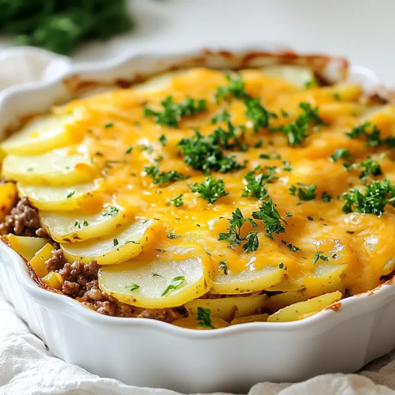 - 1 lb ground beef - 4 medium potatoes, thinly sliced - 1 medium onion, diced - 3 cloves garlic, minced - 1 cup frozen mixed vegetables (carrots, peas, corn) - 1 cup beef broth - 1 cup shredded cheddar cheese - 2 tablespoons olive oil - 1 teaspoon paprika - 1 teaspoon dried oregano - Salt and pepper to taste - Fresh parsley for garnish (optional) When making Hobo Ground Beef Potato Casserole, fresh ingredients make a big difference. Here are some tips: - Potatoes: Look for firm, unblemished potatoes. The skin should be smooth. - Onions: Choose onions that feel heavy for their size. Avoid any with soft spots. - Garlic: Pick garlic bulbs that are dry and plump. Fresh garlic packs great flavor. - Mixed Vegetables: Frozen veggies should be bright and not clumped together. If you don't have some ingredients, don’t worry. Here are some easy swaps: - Ground Beef: Try ground turkey or chicken for a leaner option. - Potatoes: Sweet potatoes add a nice twist to the dish. - Beef Broth: Use vegetable broth for a lighter flavor. - Cheddar Cheese: Any cheese you love can work, like mozzarella or pepper jack. - Fresh Parsley: If you don’t have parsley, try chives or cilantro for garnish. {{ingredient_image_1}} Start by gathering all your ingredients. You will need: - 1 lb ground beef - 4 medium potatoes, thinly sliced - 1 medium onion, diced - 3 cloves garlic, minced - 1 cup frozen mixed vegetables (carrots, peas, corn) - 1 cup beef broth - 1 cup shredded cheddar cheese - 2 tablespoons olive oil - 1 teaspoon paprika - 1 teaspoon dried oregano - Salt and pepper to taste - Fresh parsley for garnish (optional) Wash and peel the potatoes. Slice them thinly so they cook evenly. Dice the onion and mince the garlic. This step sets you up for success. Heat the olive oil in a large skillet over medium heat. Add the diced onion and minced garlic. Sauté for about 3-4 minutes until the onion becomes translucent. Next, add the ground beef. Break it apart with a spatula as it browns. Season with paprika, oregano, salt, and pepper. Cook until the beef is no longer pink. Drain any extra fat from the skillet. In a greased 9x13 inch baking dish, layer half of the sliced potatoes at the bottom. Spread half of the cooked beef mixture over the potatoes. Then, add half of the frozen mixed veggies. Repeat this layering with the remaining potatoes, beef, and veggies. This will build a solid base for your casserole. Pour the beef broth evenly over the top of the casserole. This keeps it moist during baking. Cover the dish with aluminum foil and bake in a preheated oven at 375°F (190°C) for 45 minutes. After that, remove the foil. Sprinkle shredded cheddar cheese on top and bake uncovered for an additional 15-20 minutes. This melts the cheese and makes it bubbly. Once done, let it cool for a few minutes. Garnish with fresh parsley if you like. Enjoy your tasty meal! Layering is key to a great casserole. Start with half of the sliced potatoes at the bottom. This gives a solid base. Next, add half of the beef mix. The beef holds flavor well. Then, sprinkle half of the frozen veggies. Repeat this process. Finish with the last layer of potatoes. This method ensures even cooking and flavor in every bite. To make sure your potatoes are tender, slice them thinly. Thin slices cook faster and soften well. Use fresh potatoes for the best taste. Avoid thick slices; they may not cook through. Pour beef broth evenly over the layers. This adds moisture, helping the potatoes cook perfectly. If you want extra creaminess, add a bit of cream before baking. You can easily change the flavor of this dish! Try adding spices like cumin or chili powder for a kick. Want a savory twist? Mix in some Worcestershire sauce with the beef. Fresh herbs like thyme or rosemary can add a refreshing note. You can also switch out the cheese. Pepper jack gives a spicy twist, while mozzarella offers a mild taste. The options are endless, so have fun with it! Pro Tips Use Starchy Potatoes: Russet or Yukon Gold potatoes work best for this casserole, as they become tender and creamy when baked. Layering Technique: To ensure even cooking, make sure to distribute the ingredients evenly in each layer, allowing for a balanced flavor in every bite. Cheese Variations: Feel free to experiment with different types of cheese, such as Monterey Jack or pepper jack, for an extra kick of flavor. Make Ahead: This casserole can be prepared a day in advance. Just cover it tightly and refrigerate, then bake when you're ready to serve. {{image_2}} If you want a meatless version, just swap ground beef for lentils or black beans. These plant-based proteins add great texture and flavor. Use the same spices to keep it tasty. I love adding mushrooms for an earthy taste. You can also increase the mixed veggies. Try more carrots, bell peppers, or zucchini. This adds color and nutrients. Want a lighter casserole? Choose lean ground turkey or chicken instead of beef. You can also use sweet potatoes for a healthier carb option. For a creamy touch, replace cheddar cheese with low-fat cheese. You can even try Greek yogurt instead of some beef broth for creaminess. This keeps the dish rich without too many calories. To boost flavor, add spices like cayenne pepper for heat or thyme for earthiness. A dash of Worcestershire sauce gives depth and richness. You can also sprinkle fresh herbs like basil or cilantro before serving. For a crunch, top with crispy onions or breadcrumbs. Each of these tweaks makes the dish your own. Enjoy experimenting! After you enjoy the Hobo Ground Beef Potato Casserole, store leftovers in the fridge. Use an airtight container to keep it fresh. Make sure it cools down before sealing. This way, it stays tasty for up to three days. Label your container with the date. This helps you track how long it's been stored. Reheating is easy! Preheat your oven to 350°F (175°C). Place the casserole in a baking dish. Cover it with aluminum foil to keep it moist. Heat for about 20-25 minutes. Check that it’s hot all the way through. If you want a crispier top, remove the foil for the last 5 minutes. Freezing is a great option if you have extra servings. Let the casserole cool completely. Cut it into portions for easy thawing. Wrap each portion tightly in plastic wrap, then place in a freezer-safe bag. Label with the date. It will stay good for about three months. When you’re ready to eat, thaw it in the fridge overnight. Reheat as mentioned above for a warm meal. Hobo Ground Beef Potato Casserole is a hearty dish. It combines layers of ground beef, sliced potatoes, and veggies. This meal is easy to make and full of flavor. The ground beef is browned with onion and garlic. Then, you layer it with potatoes and mixed veggies in a baking dish. Finally, you top it with cheese, bake it, and enjoy a warm, comforting meal. Yes, you can prepare this casserole ahead of time. To do this, follow all the steps up to baking. Instead of baking it right away, cover the dish and store it in the fridge. When you're ready to eat, just bake it as directed. You may need to add a few extra minutes to the baking time since it will be cold from the fridge. To make Hobo Casserole dairy-free, simply skip the cheese. You can use dairy-free cheese if you prefer. Another option is to add extra herbs and spices. This will help keep the flavor strong without dairy. You can also add a splash of coconut milk or a dairy-free cream for a creamy texture. Hobo Casserole pairs well with simple sides. A fresh green salad adds brightness and crunch. You can also serve some crusty bread to soak up the juices. For a heartier meal, consider adding steamed broccoli or green beans. These sides will complement the casserole well. Absolutely! You can swap the ground beef for other proteins. Ground turkey or chicken works great. If you want a meatless option, use lentils or black beans. These alternatives will still give you a tasty and filling dish. Just be sure to adjust cooking times as needed for different proteins. In this article, we explored the easy steps to make Hobo Ground Beef Potato Casserole, from picking fresh ingredients to layering and baking. We covered tips for customizing and storing leftovers, making your dish a hit every time. Remember that this casserole is versatile; you can swap ingredients and create variations to suit your taste. Whether you stick to the classic recipe or try a vegetarian twist, this dish brings comfort to any meal. Enjoy making it your own, and happy cooking!