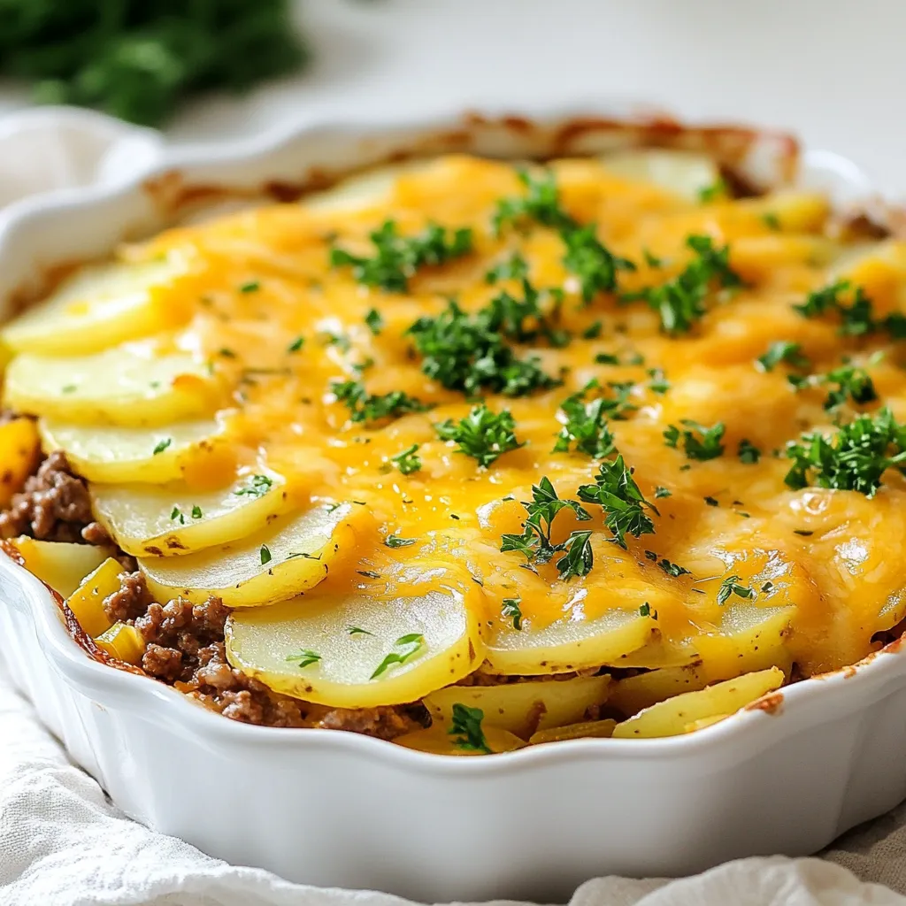 - 1 lb ground beef - 4 medium potatoes, thinly sliced - 1 medium onion, diced - 3 cloves garlic, minced - 1 cup frozen mixed vegetables (carrots, peas, corn) - 1 cup beef broth - 1 cup shredded cheddar cheese - 2 tablespoons olive oil - 1 teaspoon paprika - 1 teaspoon dried oregano - Salt and pepper to taste - Fresh parsley for garnish (optional) When making Hobo Ground Beef Potato Casserole, fresh ingredients make a big difference. Here are some tips: - Potatoes: Look for firm, unblemished potatoes. The skin should be smooth. - Onions: Choose onions that feel heavy for their size. Avoid any with soft spots. - Garlic: Pick garlic bulbs that are dry and plump. Fresh garlic packs great flavor. - Mixed Vegetables: Frozen veggies should be bright and not clumped together. If you don't have some ingredients, don’t worry. Here are some easy swaps: - Ground Beef: Try ground turkey or chicken for a leaner option. - Potatoes: Sweet potatoes add a nice twist to the dish. - Beef Broth: Use vegetable broth for a lighter flavor. - Cheddar Cheese: Any cheese you love can work, like mozzarella or pepper jack. - Fresh Parsley: If you don’t have parsley, try chives or cilantro for garnish. {{ingredient_image_1}} Start by gathering all your ingredients. You will need: - 1 lb ground beef - 4 medium potatoes, thinly sliced - 1 medium onion, diced - 3 cloves garlic, minced - 1 cup frozen mixed vegetables (carrots, peas, corn) - 1 cup beef broth - 1 cup shredded cheddar cheese - 2 tablespoons olive oil - 1 teaspoon paprika - 1 teaspoon dried oregano - Salt and pepper to taste - Fresh parsley for garnish (optional) Wash and peel the potatoes. Slice them thinly so they cook evenly. Dice the onion and mince the garlic. This step sets you up for success. Heat the olive oil in a large skillet over medium heat. Add the diced onion and minced garlic. Sauté for about 3-4 minutes until the onion becomes translucent. Next, add the ground beef. Break it apart with a spatula as it browns. Season with paprika, oregano, salt, and pepper. Cook until the beef is no longer pink. Drain any extra fat from the skillet. In a greased 9x13 inch baking dish, layer half of the sliced potatoes at the bottom. Spread half of the cooked beef mixture over the potatoes. Then, add half of the frozen mixed veggies. Repeat this layering with the remaining potatoes, beef, and veggies. This will build a solid base for your casserole. Pour the beef broth evenly over the top of the casserole. This keeps it moist during baking. Cover the dish with aluminum foil and bake in a preheated oven at 375°F (190°C) for 45 minutes. After that, remove the foil. Sprinkle shredded cheddar cheese on top and bake uncovered for an additional 15-20 minutes. This melts the cheese and makes it bubbly. Once done, let it cool for a few minutes. Garnish with fresh parsley if you like. Enjoy your tasty meal! Layering is key to a great casserole. Start with half of the sliced potatoes at the bottom. This gives a solid base. Next, add half of the beef mix. The beef holds flavor well. Then, sprinkle half of the frozen veggies. Repeat this process. Finish with the last layer of potatoes. This method ensures even cooking and flavor in every bite. To make sure your potatoes are tender, slice them thinly. Thin slices cook faster and soften well. Use fresh potatoes for the best taste. Avoid thick slices; they may not cook through. Pour beef broth evenly over the layers. This adds moisture, helping the potatoes cook perfectly. If you want extra creaminess, add a bit of cream before baking. You can easily change the flavor of this dish! Try adding spices like cumin or chili powder for a kick. Want a savory twist? Mix in some Worcestershire sauce with the beef. Fresh herbs like thyme or rosemary can add a refreshing note. You can also switch out the cheese. Pepper jack gives a spicy twist, while mozzarella offers a mild taste. The options are endless, so have fun with it! Pro Tips Use Starchy Potatoes: Russet or Yukon Gold potatoes work best for this casserole, as they become tender and creamy when baked. Layering Technique: To ensure even cooking, make sure to distribute the ingredients evenly in each layer, allowing for a balanced flavor in every bite. Cheese Variations: Feel free to experiment with different types of cheese, such as Monterey Jack or pepper jack, for an extra kick of flavor. Make Ahead: This casserole can be prepared a day in advance. Just cover it tightly and refrigerate, then bake when you're ready to serve. {{image_2}} If you want a meatless version, just swap ground beef for lentils or black beans. These plant-based proteins add great texture and flavor. Use the same spices to keep it tasty. I love adding mushrooms for an earthy taste. You can also increase the mixed veggies. Try more carrots, bell peppers, or zucchini. This adds color and nutrients. Want a lighter casserole? Choose lean ground turkey or chicken instead of beef. You can also use sweet potatoes for a healthier carb option. For a creamy touch, replace cheddar cheese with low-fat cheese. You can even try Greek yogurt instead of some beef broth for creaminess. This keeps the dish rich without too many calories. To boost flavor, add spices like cayenne pepper for heat or thyme for earthiness. A dash of Worcestershire sauce gives depth and richness. You can also sprinkle fresh herbs like basil or cilantro before serving. For a crunch, top with crispy onions or breadcrumbs. Each of these tweaks makes the dish your own. Enjoy experimenting! After you enjoy the Hobo Ground Beef Potato Casserole, store leftovers in the fridge. Use an airtight container to keep it fresh. Make sure it cools down before sealing. This way, it stays tasty for up to three days. Label your container with the date. This helps you track how long it's been stored. Reheating is easy! Preheat your oven to 350°F (175°C). Place the casserole in a baking dish. Cover it with aluminum foil to keep it moist. Heat for about 20-25 minutes. Check that it’s hot all the way through. If you want a crispier top, remove the foil for the last 5 minutes. Freezing is a great option if you have extra servings. Let the casserole cool completely. Cut it into portions for easy thawing. Wrap each portion tightly in plastic wrap, then place in a freezer-safe bag. Label with the date. It will stay good for about three months. When you’re ready to eat, thaw it in the fridge overnight. Reheat as mentioned above for a warm meal. Hobo Ground Beef Potato Casserole is a hearty dish. It combines layers of ground beef, sliced potatoes, and veggies. This meal is easy to make and full of flavor. The ground beef is browned with onion and garlic. Then, you layer it with potatoes and mixed veggies in a baking dish. Finally, you top it with cheese, bake it, and enjoy a warm, comforting meal. Yes, you can prepare this casserole ahead of time. To do this, follow all the steps up to baking. Instead of baking it right away, cover the dish and store it in the fridge. When you're ready to eat, just bake it as directed. You may need to add a few extra minutes to the baking time since it will be cold from the fridge. To make Hobo Casserole dairy-free, simply skip the cheese. You can use dairy-free cheese if you prefer. Another option is to add extra herbs and spices. This will help keep the flavor strong without dairy. You can also add a splash of coconut milk or a dairy-free cream for a creamy texture. Hobo Casserole pairs well with simple sides. A fresh green salad adds brightness and crunch. You can also serve some crusty bread to soak up the juices. For a heartier meal, consider adding steamed broccoli or green beans. These sides will complement the casserole well. Absolutely! You can swap the ground beef for other proteins. Ground turkey or chicken works great. If you want a meatless option, use lentils or black beans. These alternatives will still give you a tasty and filling dish. Just be sure to adjust cooking times as needed for different proteins. In this article, we explored the easy steps to make Hobo Ground Beef Potato Casserole, from picking fresh ingredients to layering and baking. We covered tips for customizing and storing leftovers, making your dish a hit every time. Remember that this casserole is versatile; you can swap ingredients and create variations to suit your taste. Whether you stick to the classic recipe or try a vegetarian twist, this dish brings comfort to any meal. Enjoy making it your own, and happy cooking!