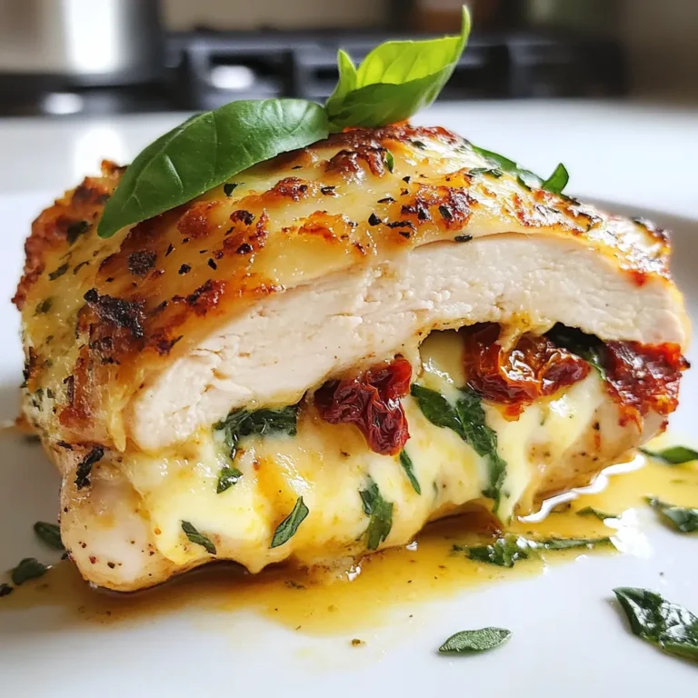 - 4 boneless, skinless chicken breasts - 1 cup fresh mozzarella cheese, diced - 1 cup spinach, chopped - 1/2 cup sun-dried tomatoes, chopped - 2 cloves garlic, minced - 1 teaspoon Italian seasoning - 1/2 teaspoon red pepper flakes (optional for heat) - Salt and pepper to taste - 1 tablespoon olive oil - 1/4 cup fresh basil, chopped (for garnish) - Toothpicks or kitchen twine You can swap mozzarella cheese for provolone or gouda. Both melt well and add rich flavor. For herbs, try parsley or arugula instead of spinach. If you prefer a gluten-free option, use gluten-free bread crumbs in the filling. For low-carb diets, skip the tomatoes or use zucchini instead. {{ingredient_image_1}} - Preheat your oven to 375°F (190°C). - In a bowl, mix diced mozzarella, chopped spinach, sun-dried tomatoes, minced garlic, Italian seasoning, and red pepper flakes. Set this aside. - Take each chicken breast and slice it horizontally to create pockets. - Be careful not to cut through the other side. - Season the chicken inside and out with salt and pepper. - Stuff each chicken breast with the filling. - Secure the openings with toothpicks or kitchen twine. - Heat olive oil in a large skillet over medium heat. - Sear the stuffed chicken for 4-5 minutes on each side until golden brown. - Transfer the chicken to a baking dish. Bake for 20-25 minutes until the chicken is cooked through. - The internal temperature should reach 165°F (74°C). - Let the chicken rest for a few minutes after baking. - Remove toothpicks or twine. - Garnish with fresh basil before serving. To keep your chicken juicy, choose the right cooking method. Searing the chicken first helps lock in moisture. Use medium heat to avoid burning. - Searing time: Cook each side for about 4-5 minutes until golden brown. - Baking: After searing, bake the chicken at 375°F (190°C) for 20-25 minutes. This ensures the chicken cooks through while staying moist. To boost flavor, add fresh herbs and spices. Consider using: - Basil - Oregano - Thyme You can also experiment with sauces. A garlic butter sauce pairs well. A balsamic reduction adds a sweet touch. Gather these essential tools for easy preparation: - Sharp knife for cutting chicken - Medium bowl for mixing filling - Large skillet for searing - Baking dish for the oven For best results, use a heavy skillet. This helps with even cooking and browning. Pro Tips Use Fresh Ingredients: Opt for fresh mozzarella and spinach for the best flavor and texture in your stuffed chicken. Secure Properly: Ensure the chicken breasts are securely fastened with toothpicks or twine to prevent the filling from leaking out during cooking. Perfect Sear: Searing the chicken for a few minutes on each side creates a delicious golden crust that enhances both flavor and presentation. Rest Before Serving: Allow the chicken to rest for a few minutes after baking to ensure the juices redistribute for a moist and tender bite. {{image_2}} You can change the cheese for stuffed mozzarella chicken to mix things up. Try using provolone or gouda for a different taste. You could also use feta for a tangy twist. Mix in more veggies for extra flavor and nutrition. Bell peppers, zucchini, or mushrooms work well. Adding them gives the dish a fresh crunch. For low-carb or keto diets, skip the sun-dried tomatoes. Focus on using more cheese and spinach. This keeps it filling without the carbs. If you want a dairy-free version, use dairy-free cheese. Look for brands that melt well. Also, fresh herbs can help boost flavor without dairy. Pair your stuffed chicken with creative side dishes. Roasted vegetables or a fresh salad are great choices. You can also serve it on a bed of sautéed spinach for color. For meal prep, slice the chicken into pieces. This makes it easy to use in salads or wraps. Leftovers can be enjoyed cold or reheated. Store leftover stuffed mozzarella chicken in the fridge. Place it in an airtight container. It stays fresh for up to four days. If you plan to eat it later, slice the chicken before storing. This helps it cool faster. To reheat, you have a few options: - Microwave: Place the chicken on a microwave-safe plate. Cover it with a damp paper towel. Heat for 1-2 minutes or until warm. - Oven: Preheat the oven to 350°F (175°C). Place the chicken in a baking dish. Cover it with foil and heat for about 15-20 minutes. - Skillet: Heat a little olive oil in a pan. Add the chicken and cover it. Cook for about 5-7 minutes on medium heat. For best results, reheat slowly. This keeps the chicken moist and tasty. You can freeze stuffed mozzarella chicken. Wrap each piece in plastic wrap. Then place them in a freezer-safe bag. They can last up to three months. When ready to cook, thaw the chicken overnight in the fridge. You can also use the microwave for quick thawing. Once thawed, bake it at 375°F (190°C) until cooked through. This usually takes about 25-30 minutes. How long does stuffed mozzarella chicken take to cook? Stuffed mozzarella chicken takes about 50 minutes to cook. This includes 15 minutes for prep and 35 minutes for cooking. You want to ensure the chicken is cooked through. Can I prepare this dish ahead of time? Yes, you can prepare this dish ahead of time. Stuff the chicken and store it in the fridge for up to one day before cooking. Just let it sit at room temperature for a bit before baking. What should the internal temperature of the chicken be? The internal temperature of the chicken should reach 165°F (74°C). Use a meat thermometer to check. This ensures the chicken is safe to eat and not dry. Can I use other types of meat for this recipe? Yes, you can use other meats like turkey or pork. Just adjust the cooking time based on the type of meat. Ensure it still reaches the proper internal temperature. What can I substitute for sun-dried tomatoes? You can use diced fresh tomatoes or roasted red peppers instead. Both options add flavor and moisture to the dish. Is it possible to make this recipe without spinach? Yes, you can skip the spinach. You can add other greens like kale or even zucchini. Just be sure to chop them finely for easy stuffing. This stuffed mozzarella chicken recipe offers tasty ingredients and easy steps. You learned how to prepare, cook, and store this dish. I shared helpful tips, variations, and answers to your questions. Now, you can enjoy delicious stuffed chicken with your favorite flavors. Keep experimenting with ingredients and new sides. This meal can impress anyone at your table. Happy cooking!