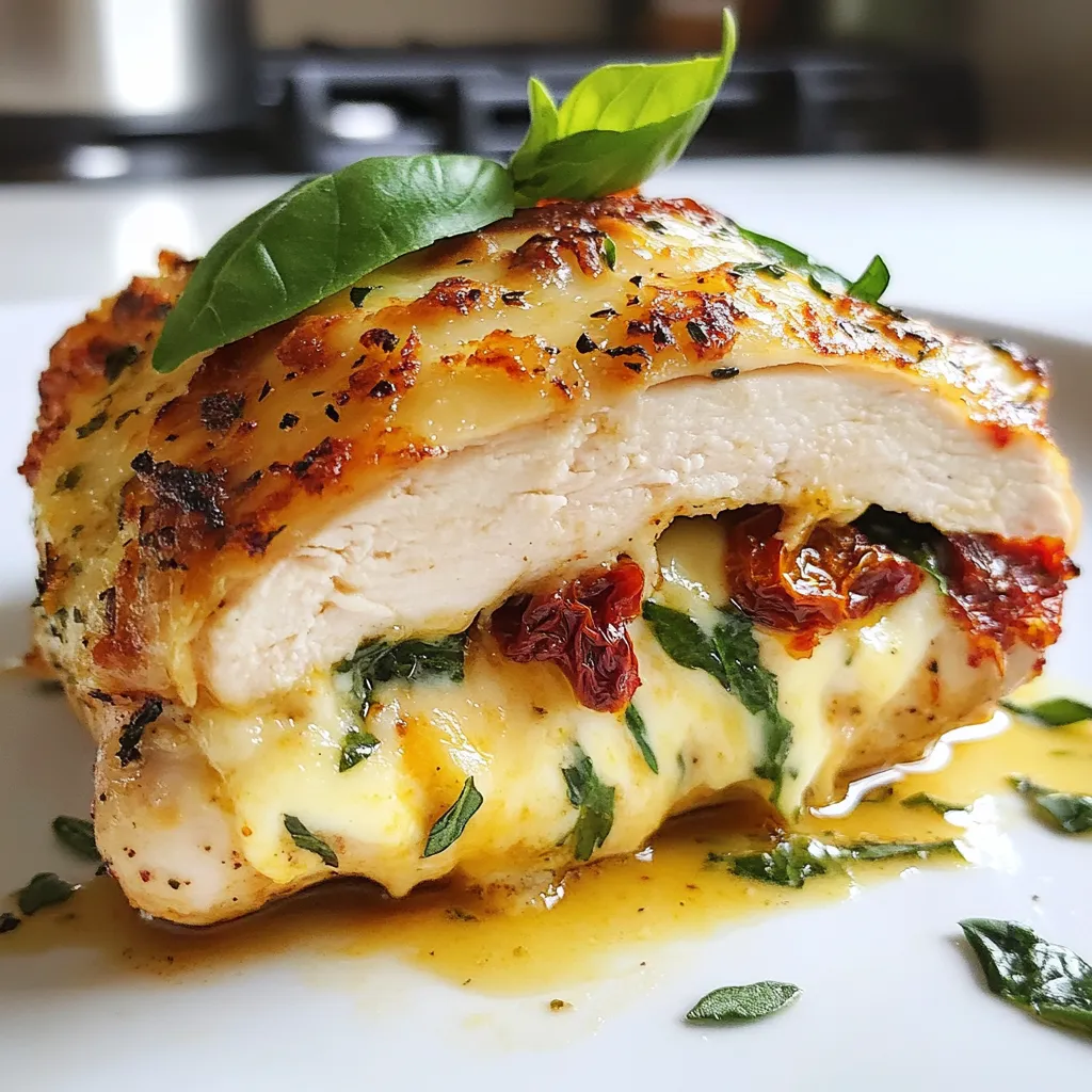 - 4 boneless, skinless chicken breasts - 1 cup fresh mozzarella cheese, diced - 1 cup spinach, chopped - 1/2 cup sun-dried tomatoes, chopped - 2 cloves garlic, minced - 1 teaspoon Italian seasoning - 1/2 teaspoon red pepper flakes (optional for heat) - Salt and pepper to taste - 1 tablespoon olive oil - 1/4 cup fresh basil, chopped (for garnish) - Toothpicks or kitchen twine You can swap mozzarella cheese for provolone or gouda. Both melt well and add rich flavor. For herbs, try parsley or arugula instead of spinach. If you prefer a gluten-free option, use gluten-free bread crumbs in the filling. For low-carb diets, skip the tomatoes or use zucchini instead. {{ingredient_image_1}} - Preheat your oven to 375°F (190°C). - In a bowl, mix diced mozzarella, chopped spinach, sun-dried tomatoes, minced garlic, Italian seasoning, and red pepper flakes. Set this aside. - Take each chicken breast and slice it horizontally to create pockets. - Be careful not to cut through the other side. - Season the chicken inside and out with salt and pepper. - Stuff each chicken breast with the filling. - Secure the openings with toothpicks or kitchen twine. - Heat olive oil in a large skillet over medium heat. - Sear the stuffed chicken for 4-5 minutes on each side until golden brown. - Transfer the chicken to a baking dish. Bake for 20-25 minutes until the chicken is cooked through. - The internal temperature should reach 165°F (74°C). - Let the chicken rest for a few minutes after baking. - Remove toothpicks or twine. - Garnish with fresh basil before serving. To keep your chicken juicy, choose the right cooking method. Searing the chicken first helps lock in moisture. Use medium heat to avoid burning. - Searing time: Cook each side for about 4-5 minutes until golden brown. - Baking: After searing, bake the chicken at 375°F (190°C) for 20-25 minutes. This ensures the chicken cooks through while staying moist. To boost flavor, add fresh herbs and spices. Consider using: - Basil - Oregano - Thyme You can also experiment with sauces. A garlic butter sauce pairs well. A balsamic reduction adds a sweet touch. Gather these essential tools for easy preparation: - Sharp knife for cutting chicken - Medium bowl for mixing filling - Large skillet for searing - Baking dish for the oven For best results, use a heavy skillet. This helps with even cooking and browning. Pro Tips Use Fresh Ingredients: Opt for fresh mozzarella and spinach for the best flavor and texture in your stuffed chicken. Secure Properly: Ensure the chicken breasts are securely fastened with toothpicks or twine to prevent the filling from leaking out during cooking. Perfect Sear: Searing the chicken for a few minutes on each side creates a delicious golden crust that enhances both flavor and presentation. Rest Before Serving: Allow the chicken to rest for a few minutes after baking to ensure the juices redistribute for a moist and tender bite. {{image_2}} You can change the cheese for stuffed mozzarella chicken to mix things up. Try using provolone or gouda for a different taste. You could also use feta for a tangy twist. Mix in more veggies for extra flavor and nutrition. Bell peppers, zucchini, or mushrooms work well. Adding them gives the dish a fresh crunch. For low-carb or keto diets, skip the sun-dried tomatoes. Focus on using more cheese and spinach. This keeps it filling without the carbs. If you want a dairy-free version, use dairy-free cheese. Look for brands that melt well. Also, fresh herbs can help boost flavor without dairy. Pair your stuffed chicken with creative side dishes. Roasted vegetables or a fresh salad are great choices. You can also serve it on a bed of sautéed spinach for color. For meal prep, slice the chicken into pieces. This makes it easy to use in salads or wraps. Leftovers can be enjoyed cold or reheated. Store leftover stuffed mozzarella chicken in the fridge. Place it in an airtight container. It stays fresh for up to four days. If you plan to eat it later, slice the chicken before storing. This helps it cool faster. To reheat, you have a few options: - Microwave: Place the chicken on a microwave-safe plate. Cover it with a damp paper towel. Heat for 1-2 minutes or until warm. - Oven: Preheat the oven to 350°F (175°C). Place the chicken in a baking dish. Cover it with foil and heat for about 15-20 minutes. - Skillet: Heat a little olive oil in a pan. Add the chicken and cover it. Cook for about 5-7 minutes on medium heat. For best results, reheat slowly. This keeps the chicken moist and tasty. You can freeze stuffed mozzarella chicken. Wrap each piece in plastic wrap. Then place them in a freezer-safe bag. They can last up to three months. When ready to cook, thaw the chicken overnight in the fridge. You can also use the microwave for quick thawing. Once thawed, bake it at 375°F (190°C) until cooked through. This usually takes about 25-30 minutes. How long does stuffed mozzarella chicken take to cook? Stuffed mozzarella chicken takes about 50 minutes to cook. This includes 15 minutes for prep and 35 minutes for cooking. You want to ensure the chicken is cooked through. Can I prepare this dish ahead of time? Yes, you can prepare this dish ahead of time. Stuff the chicken and store it in the fridge for up to one day before cooking. Just let it sit at room temperature for a bit before baking. What should the internal temperature of the chicken be? The internal temperature of the chicken should reach 165°F (74°C). Use a meat thermometer to check. This ensures the chicken is safe to eat and not dry. Can I use other types of meat for this recipe? Yes, you can use other meats like turkey or pork. Just adjust the cooking time based on the type of meat. Ensure it still reaches the proper internal temperature. What can I substitute for sun-dried tomatoes? You can use diced fresh tomatoes or roasted red peppers instead. Both options add flavor and moisture to the dish. Is it possible to make this recipe without spinach? Yes, you can skip the spinach. You can add other greens like kale or even zucchini. Just be sure to chop them finely for easy stuffing. This stuffed mozzarella chicken recipe offers tasty ingredients and easy steps. You learned how to prepare, cook, and store this dish. I shared helpful tips, variations, and answers to your questions. Now, you can enjoy delicious stuffed chicken with your favorite flavors. Keep experimenting with ingredients and new sides. This meal can impress anyone at your table. Happy cooking!
