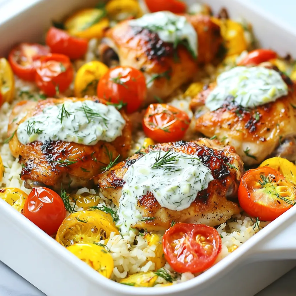 - 1 pound boneless, skinless chicken thighs - 1 cup long grain rice - 1 ¾ cups chicken broth - 1 cup Greek yogurt - ½ cucumber, grated - 2 garlic cloves, minced - 1 tablespoon fresh dill or 1 teaspoon dried dill - 1 tablespoon lemon juice - 1 teaspoon olive oil - Salt and pepper to taste - 1 teaspoon paprika - 1 cup cherry tomatoes, halved - Fresh parsley for garnish In this dish, I use boneless, skinless chicken thighs. They stay juicy and tender. I also use long grain rice. It cooks well in the broth. Speaking of broth, I choose chicken broth for great flavor. For the tzatziki sauce, I mix Greek yogurt with grated cucumber and minced garlic. This sauce adds a fresh taste. I use fresh dill for a nice herb flavor. You can swap it for dried dill if needed. Next, I add seasonings. A splash of lemon juice brightens the dish. Olive oil adds richness, while salt, pepper, and paprika bring warmth. The cherry tomatoes add color and sweetness. Lastly, I garnish with fresh parsley. It makes the dish look beautiful and adds a fresh touch. This simple meal is packed with flavor and easy to make. You’ll love how it all comes together! {{ingredient_image_1}} - Preheat the oven to 375°F (190°C). This step ensures your dish cooks evenly. - In a large baking dish, spread 1 cup of long grain rice evenly at the bottom. This rice will absorb all the tasty flavors. - Pour 1 ¾ cups of chicken broth over the rice. Season with salt, pepper, and paprika. Stir gently to mix. This mix creates a flavorful base. - Place 1 pound of boneless, skinless chicken thighs on top of the rice. Season the chicken with salt and pepper. This adds flavor directly to the meat. - In a small bowl, combine 1 cup of Greek yogurt, ½ grated cucumber, 2 minced garlic cloves, 1 tablespoon fresh dill, 1 tablespoon lemon juice, and 1 teaspoon olive oil. Mix until smooth. This is your tzatziki sauce. - Spoon half of the tzatziki sauce over the chicken. Save the rest for serving later. This keeps the chicken moist and adds a fresh taste. - Scatter 1 cup of halved cherry tomatoes around the chicken. The tomatoes add a sweet touch to the dish. - Cover the baking dish with aluminum foil. Bake for 30-35 minutes. This helps steam the chicken and rice. - After baking, remove the dish from the oven. Let it sit covered for 5 minutes. Then, fluff the rice with a fork. This makes the rice light and fluffy. - Drizzle the reserved tzatziki sauce over the top before serving. This adds a creamy finish that ties all the flavors together. To ensure your chicken is cooked through, use a meat thermometer. The chicken should reach an internal temperature of 165°F (75°C). This keeps the meat safe and juicy. If you don’t have a thermometer, cut into the chicken. It should be white with no pink inside. You can adjust seasonings to taste. If you love garlic, add more minced garlic to the tzatziki. If you want a zesty kick, add extra lemon juice. Always taste as you go. This makes sure the flavors are just right for you. For a beautiful presentation, serve the dish right from the baking dish. This keeps it warm and cozy. You can also plate it individually for a fancy touch. Garnish each plate with chopped parsley and extra cucumber slices for color and crunch. Great side dishes include a simple salad or roasted vegetables. A Greek salad pairs nicely with the tzatziki flavor. Some warm pita bread can also make a great addition. Preparing tzatziki sauce in advance can save you time. You can make it a day before. Just store it in the fridge until you're ready to use it. This allows the flavors to blend and taste even better. Using pre-cooked chicken options is another great time-saver. You can find rotisserie chicken at many stores. Just shred it and add it to the dish. This cuts down on cooking time and still gives you a tasty meal. Pro Tips Perfectly Cooked Rice: To ensure the rice cooks evenly, make sure it is spread out in an even layer at the bottom of the baking dish before adding the broth. Marinating Chicken: For extra flavor, consider marinating the chicken thighs in the tzatziki sauce for at least 30 minutes before baking. Fresh Herbs: Use fresh dill instead of dried for a more vibrant flavor in the tzatziki sauce. You can also experiment with other herbs like mint. Serving Suggestions: Pair the dish with a simple side salad or warm pita bread to complement the flavors of the tzatziki. {{image_2}} You can use other proteins instead of chicken thighs. Chicken breast is a leaner choice. Shrimp also works well. Just adjust the cooking time. For the rice, you can choose different types. Brown rice adds more fiber. Jasmine rice gives a nice aroma. Quinoa is a great gluten-free option too. Adding vegetables can boost nutrition and flavor. Try bell peppers, zucchini, or spinach. Mix in these veggies before baking. You can also change the tzatziki sauce. Add more garlic for a stronger taste. For a spicy kick, mix in some chili flakes. If you need gluten-free options, use gluten-free rice. Always check the broth label to ensure it's safe. For dairy-free tzatziki, swap Greek yogurt with a plant-based yogurt. Coconut yogurt adds a nice twist. You can also use mashed avocado for creaminess. Store leftovers in an airtight container. This keeps the dish fresh and tasty. You can refrigerate it for up to three days. Label your container with the date. This helps you track how long it has been stored. To freeze this dish, let it cool completely first. Then, place it in a freezer-safe container. You can freeze it for up to three months. For the best taste, avoid freezing the tzatziki sauce. When you’re ready to eat, thaw the dish in the fridge overnight. Reheat leftovers in the oven or microwave. For the oven, set it to 350°F (175°C) and cover the dish. Heat for about 20 minutes. In the microwave, use a microwave-safe dish. Heat in short bursts, stirring in between, until hot. This keeps the flavor and texture just right. Yes, you can use other types of rice. Here are some good options: - Jasmine rice - Basmati rice - Brown rice (may need extra liquid) - Quinoa (adjust cooking time) Each type will change the dish's texture and flavor slightly. Experiment and see what you like best! This dish pairs well with simple sides. Here are some ideas: - Greek salad with cucumbers and tomatoes - Roasted vegetables like zucchini or bell peppers - Pita bread for dipping in tzatziki - A light soup, like a lemon chicken soup These sides complement the flavors and add variety to your meal. Dump and Bake Chicken Tzatziki Rice lasts up to four days in the fridge. - Store it in an airtight container. - Let it cool before sealing. - If it smells or looks off, don't eat it. Always check for freshness before enjoying leftovers! This blog post covered a simple and tasty Dump and Bake Chicken Tzatziki Rice recipe. You learned about the main ingredients, prep steps, and cooking tips. The tzatziki sauce adds a fresh touch. Feel free to customize it with your favorite proteins and spices. Remember to store leftovers properly and enjoy them later. Cooking shouldn’t be hard, and this dish makes it easy to serve a delicious meal that everyone will love. Happy cooking!