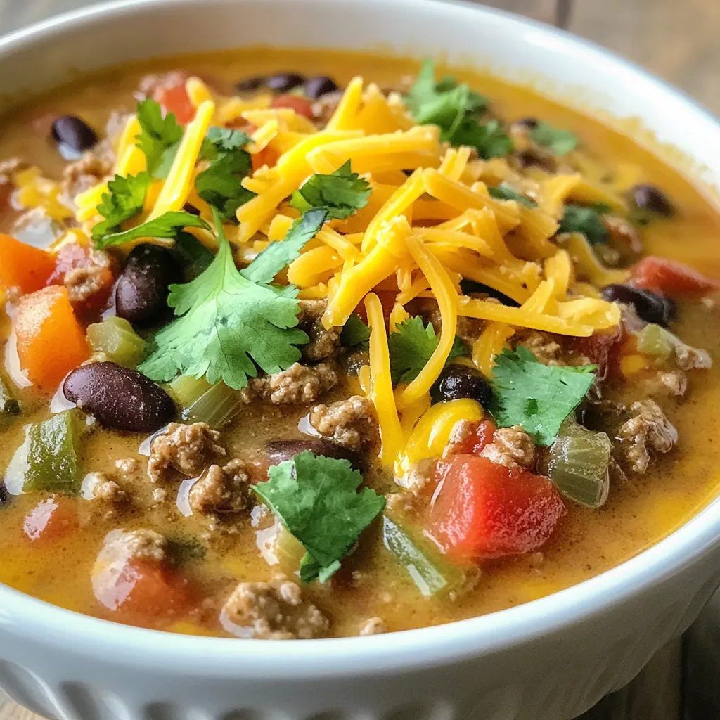 - 1 lb ground beef - 1 medium onion, diced - 3 cloves garlic, minced - 2 medium carrots, diced - 2 celery stalks, diced - 1 can (15 oz) black beans, drained and rinsed - 1 can (15 oz) corn, drained - 1 can (28 oz) diced tomatoes with green chilies - 4 cups beef broth - 1 cup heavy cream The main ingredients create the base of the soup. Ground beef brings rich flavor. The diced onion adds sweetness. Garlic gives a nice aroma. Carrots and celery bring crunch and color. Canned black beans and corn provide texture. Diced tomatoes with green chilies add heat and tang. Beef broth gives depth and body. Heavy cream makes it creamy and smooth. - 2 teaspoons chili powder - 1 teaspoon cumin - Salt and pepper to taste Seasoning is key for flavor. Chili powder gives a warm spice. Cumin adds an earthy note. Salt and pepper enhance all the flavors. Adjust these to your taste. A little more chili powder can kick up the heat. - Fresh cilantro - 1 cup shredded cheddar cheese (optional) Garnishing adds flair. Fresh cilantro brings a pop of green and freshness. Shredded cheddar cheese adds creaminess and richness. These toppings make the soup look beautiful and taste even better. You can customize them based on what you like. {{ingredient_image_1}} First, heat a large pot over medium heat. Add 1 pound of ground beef. Cook it until it turns brown. This usually takes about 5-7 minutes. Stir often to cook evenly. Once it’s fully cooked, drain any excess fat. This keeps the soup rich but not greasy. Now, add 1 diced medium onion to the pot. Cook it for 3-4 minutes until it softens. Next, add 3 minced garlic cloves. Stir for about 1 minute until you smell its great flavor. Then, toss in 2 diced medium carrots and 2 diced celery stalks. Cook these for another 5 minutes. They should be tender but still crisp. Time to bring it all together! Stir in 1 can of black beans, drained and rinsed, and 1 can of corn, drained. Then, add 1 can of diced tomatoes with green chilies. Pour in 4 cups of beef broth and mix well. This makes your soup hearty and flavorful. Next, season with 2 teaspoons of chili powder, 1 teaspoon of cumin, salt, and pepper to taste. Stir well to ensure all flavors blend. Bring the soup to a boil. Once it boils, reduce the heat. Let it simmer for about 15-20 minutes. This helps the flavors mix. After that, stir in 1 cup of heavy cream. Allow it to simmer for another 5 minutes. This gives the soup a creamy texture. Taste and adjust the seasoning if needed. Serve hot, and don’t forget to garnish with fresh cilantro and shredded cheddar cheese if you like! - Adjusting seasoning for taste: Start with the listed spices. Taste the soup before serving. If it needs more flavor, add chili powder or cumin. A pinch of salt can also brighten it up. Always season in small amounts. You can add more, but it’s hard to take away. - Ensuring the right consistency: The soup should be creamy and not too thick. If it feels too thick, add extra beef broth or water. If too thin, let it simmer longer to reduce. Keep stirring to avoid sticking. - Using a Dutch oven vs. regular pot: A Dutch oven holds heat well. It gives a nice, even cook. Use it if you have one. A regular pot works too, but be mindful of heat. You may need to stir more often. - Slow cooker adaptation: You can make this soup in a slow cooker. Brown the beef first, then add all other ingredients. Cook on low for 6-8 hours. Stir in the cream at the end. This method enhances flavors over time. - Serving suggestions: Serve the soup hot in deep bowls. Pair it with crusty bread for a hearty meal. This makes it feel warm and inviting. - Garnishing ideas for visual appeal: Top each bowl with fresh cilantro and a sprinkle of cheddar cheese. This adds color and flavor. You can also add avocado slices or a squeeze of lime for extra zest. Pro Tips Cook Ground Beef Thoroughly: Ensure the ground beef is browned properly to enhance the flavor of the soup. Add Fresh Herbs: Incorporate fresh herbs like cilantro or parsley for added freshness and flavor just before serving. Customize Spice Levels: Adjust the chili powder and cumin according to your spice preference for a milder or spicier soup. Use Homemade Broth: For a richer flavor, consider using homemade beef broth instead of store-bought. {{image_2}} You can change the meat in this soup. Using ground turkey or chicken works great. These swaps keep the soup light but still pack a lot of flavor. If you're looking for a vegetarian option, try plant-based protein. Options like lentils or chickpeas add protein and texture. Add spices to make the soup pop! Smoked paprika gives a nice, smoky taste. Oregano adds a fresh, herbaceous note. You can also mix in more vegetables. Bell peppers and zucchini are great choices. They add color and crunch to the dish. If you want a lighter soup, consider using milk or half-and-half. These options keep it creamy without being too heavy. For a vegan version, try coconut cream or cashew cream. Both add richness and a nice flavor. Adjust the amount to get your desired creaminess. To keep Creamy Cowboy Soup fresh, store it in the fridge. Use an airtight container. This helps prevent spills and keeps flavors intact. The soup stays good for about three to four days. Always let it cool before sealing. When reheating, you can choose between a microwave or stovetop. If you use the microwave, heat in short bursts. Stir often to avoid hot spots. For stovetop, warm it on low heat. Stir regularly to keep the texture smooth and flavors strong. You can freeze Creamy Cowboy Soup for later. Store it in a freezer-safe container. Leave some space at the top to allow for expansion. It can last for up to three months in the freezer. When ready to eat, thaw it in the fridge overnight. Reheat it gently on the stove for the best flavor and texture. Creamy Cowboy Soup is a hearty dish, full of flavors. It blends beef, beans, and veggies. The creamy texture comes from heavy cream, making it rich. This soup has roots in cowboy cooking, where quick meals were key. You can enjoy it on cold days or when you want comfort food. Yes, you can make this soup ahead of time. Prepare it and let it cool. Store it in the fridge for up to three days. For longer storage, freeze it for up to three months. Reheat it on the stove or in the microwave. This soup tastes even better the next day as flavors meld. This soup pairs well with many sides. You can serve crusty bread or cornbread for dipping. A simple green salad adds freshness. Tortilla chips also work nicely, offering crunch. For something heartier, try a baked potato topped with cheese. Absolutely! Homemade broth adds great flavor and depth. It can enhance the soup’s taste. Plus, it's a healthy choice with no added preservatives. If you have some on hand, use it. Just remember to adjust seasoning as needed. Creamy Cowboy Soup brings together simple ingredients for a tasty meal. We explored key components, like ground beef, fresh veggies, and spices. I shared step-by-step cooking tips to ensure you get it right every time. Adaptations for different diets make this dish flexible. Remember, storing and reheating properly keeps the soup fresh. I hope you enjoy making this dish and find your own favorite variations!
