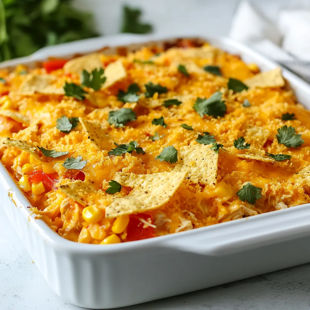 To make a Cheesy BBQ Chicken Bake, you need a few key ingredients. Here’s what you will need: - 2 cups cooked chicken, shredded - 1 cup BBQ sauce (your favorite brand) - 1 cup corn (canned or frozen, thawed) - 1 cup black beans, rinsed and drained - 1 cup diced bell peppers (red, green, or yellow) - 1 teaspoon chili powder - 1 teaspoon garlic powder - 2 cups shredded cheddar cheese - 1 cup tortilla chips, crushed - Fresh cilantro for garnish (optional) - Salt and pepper to taste Each ingredient plays a big role. The cooked chicken adds protein. The BBQ sauce brings a sweet, tangy flavor. Corn and black beans add texture and color. Bell peppers add crunch and sweetness. The spices give it warmth. Cheddar cheese makes it gooey and rich. Tortilla chips add a fun crunch. Feel free to mix and match. You can use leftover chicken or even rotisserie chicken. Choose your favorite BBQ sauce for a personal touch. The more you enjoy the ingredients, the better your dish will taste! {{ingredient_image_1}} 1. Preheating the oven Start by preheating your oven to 375°F (190°C). This step is key to cooking the dish evenly. 2. Mixing the ingredients In a large bowl, combine 2 cups of shredded chicken, 1 cup of your favorite BBQ sauce, 1 cup of corn, 1 cup of rinsed black beans, and 1 cup of diced bell peppers. Add 1 teaspoon of chili powder and 1 teaspoon of garlic powder. Season with salt and pepper to taste. Mix everything until well combined. 3. Spreading the mixture in the baking dish Take a greased 9x13 inch baking dish and spread the chicken mixture evenly across the bottom. This ensures each bite is full of flavor. 4. Adding cheese and chips Sprinkle 1 cup of shredded cheddar cheese over the chicken mixture. Next, add 1 cup of crushed tortilla chips on top of the cheese. Finally, finish with the remaining 1 cup of cheddar cheese. This creates a rich, cheesy layer. 1. Covering and initial baking Cover the baking dish with aluminum foil. Place it in the preheated oven and bake for 20 minutes. This helps the flavors meld together. 2. Removing foil and final bake After 20 minutes, take off the foil. Bake for an additional 10 to 15 minutes until the cheese is bubbly and slightly golden. This step gives it a delicious, crisp topping. 1. Letting it rest Once baked, let the dish rest for 5 to 10 minutes. This helps set the layers and makes serving easier. 2. Garnishing options For a fresh touch, garnish with chopped cilantro if you like. This adds a pop of color and flavor to the dish. Choosing the right BBQ sauce Pick a BBQ sauce that you love. A sweet sauce gives a nice contrast to the savory chicken. If you like heat, go for a spicy sauce. This choice changes the whole dish. Tips for shredding chicken Shredding chicken can be easy. Use two forks to pull it apart. If the chicken is cold, warm it slightly in the microwave. This makes it softer and easier to shred quickly. How to avoid soggy tortilla chips To keep your tortilla chips crispy, sprinkle them on top right before baking. This way, they do not soak up too much liquid. You want them crunchy, not mushy! Ensuring even cooking Spread the chicken mixture evenly in the baking dish. This helps it cook evenly. When the cheese melts, it should be bubbly all over. Rotate the dish halfway through baking for best results. Adding spices for extra heat Want more spice? Add a pinch of cayenne pepper or some diced jalapeños. This gives a nice kick to your dish. You can also mix in some red pepper flakes for extra flavor. Alternative garnishes Fresh cilantro works great on top. You can also use sliced green onions or avocado. These add color and taste. Try different garnishes to find your favorite! Pro Tips Choose Quality BBQ Sauce: A great BBQ sauce can elevate the flavor of your dish significantly. Opt for a sauce that balances sweetness and tanginess according to your taste. Use Leftover Chicken: This recipe is perfect for using up leftover rotisserie chicken or any cooked chicken you have on hand, making it a great time-saver. Customize Your Veggies: Feel free to add or substitute any vegetables you like. Zucchini, corn, or even jalapeños can add more flavor and texture. Rest Before Serving: Letting the dish rest for a few minutes after baking allows the flavors to meld together and makes it easier to serve. {{image_2}} You can switch up the cheese to fit your taste. Try Monterey Jack or pepper jack for a different flavor. If you want a sharp taste, go for a mix of cheddar and gouda. If you prefer a vegetarian dish, use plant-based chicken or mushrooms. Add extra veggies like zucchini or spinach for more nutrition. Beans will give you protein and keep the dish filling. Adding fruits can make this dish fun and tasty. Pineapples bring sweetness and a tropical feel. Chopped apples also add a nice crunch. You can also try adding jalapeños for a spicy kick. For a Southwestern touch, toss in some taco seasoning. You can add black olives or corn salsa. This gives a bold flavor that pairs well with the BBQ sauce. You can cook this dish in a slow cooker, too. Just combine the ingredients and cook on low for 4 to 6 hours. This lets the flavors blend nicely. If you have an Instant Pot, you can use it for a quick meal. Set it to high pressure for 10 minutes. The chicken will stay moist, and it will cook fast. To keep your Cheesy BBQ Chicken Bake fresh, store it in the fridge. Place leftovers in an airtight container. This way, it will stay tasty for about 3 to 4 days. If you want to save it longer, freezing is a great option. Divide the bake into smaller portions. Wrap each part in foil and then place them in a freezer-safe bag. It can last up to 3 months in the freezer. When it's time to enjoy leftovers, reheating correctly makes a big difference. The best way is to use an oven. Preheat the oven to 350°F (175°C). Place the dish in the oven for about 15 to 20 minutes. This keeps the cheese melty and the chicken warm. If you want a quicker method, a microwave works too. Heat it in 30-second bursts to avoid making it dry. Be sure to cover it with a damp paper towel. This keeps moisture in and helps maintain the texture and flavor. Can I use raw chicken instead of cooked? No, it’s best to use cooked chicken. Raw chicken needs more time to cook. Using cooked chicken saves time and ensures safety. How to make it gluten-free? To make this dish gluten-free, choose gluten-free BBQ sauce. Also, make sure the tortilla chips are gluten-free. Many brands offer tasty options. What side dishes pair well with Cheesy BBQ Chicken Bake? You can serve this dish with a fresh salad or roasted veggies. Rice or quinoa also makes a nice side. These options balance the flavors well. Can I prep this dish ahead of time? Yes, you can prep it ahead of time. Mix the ingredients and store them in the fridge. Bake it when you’re ready to serve. Is it possible to use low-fat cheese? Absolutely! You can use low-fat cheddar cheese instead. It will still melt well, but the taste may vary slightly. This blog post covered a tasty Cheesy BBQ Chicken Bake. You learned about the key ingredients, clear steps, and helpful tips to perfect your dish. Each variation lets you customize recipes for your taste. Plus, you got valuable storage and reheating advice. Take the time to try this recipe. Enjoy the fun of cooking and sharing your creation. With these instructions, you can make a meal everyone will love.