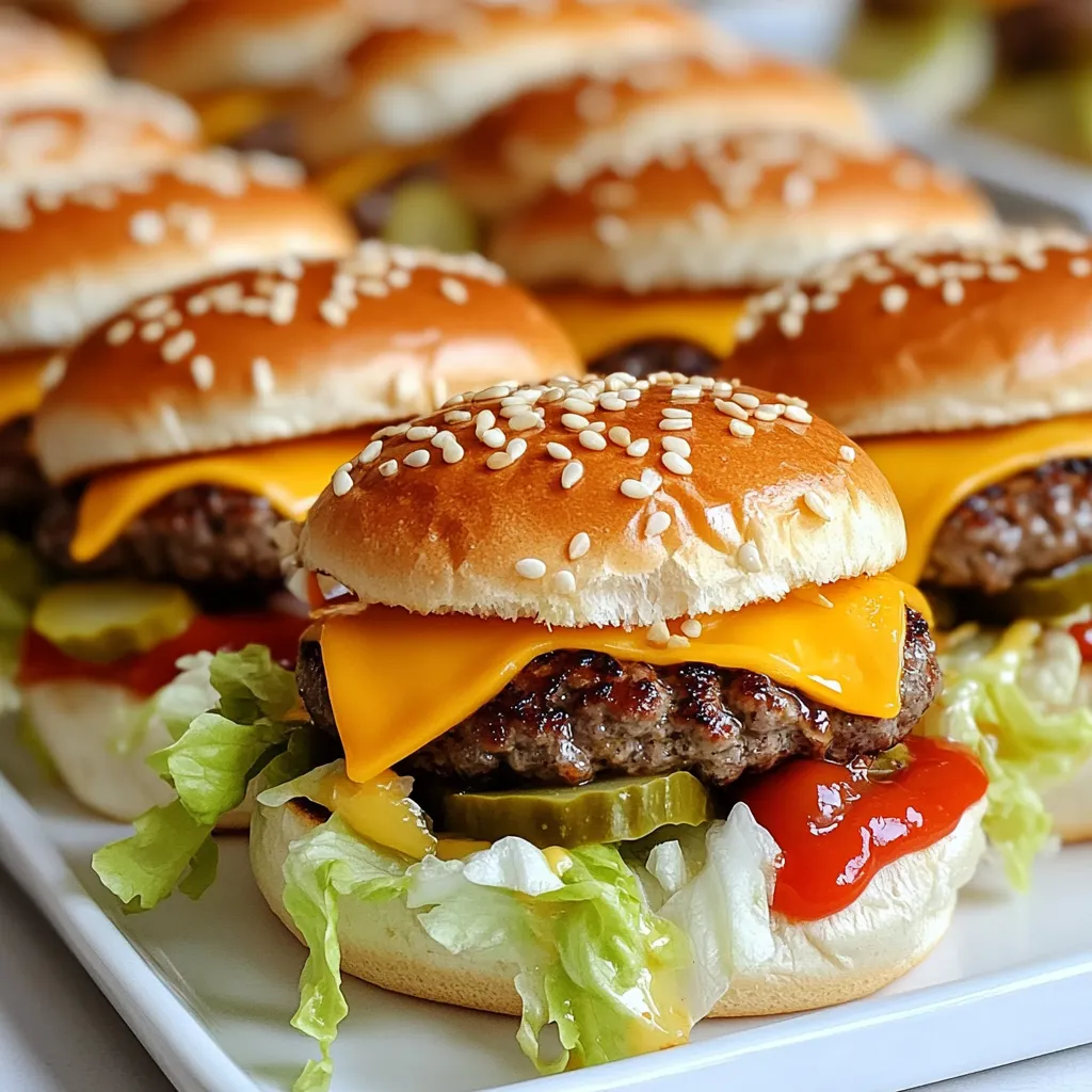 - 1 pound ground beef - 1 teaspoon garlic powder - 1 teaspoon onion powder - 1 teaspoon smoked paprika - Salt and pepper to taste - 8 slider buns - 4 slices cheddar cheese, halved - ¼ cup mayonnaise - 2 tablespoons ketchup - 1 tablespoon yellow mustard - 1 cup shredded lettuce - ½ cup diced pickles - ½ cup diced tomatoes - Sesame seeds (for garnish) Ground beef is the main part of the sliders. Use fresh beef for the best flavor. Garlic and onion powder add a nice depth to the taste. Smoked paprika gives a hint of smokiness that brings warmth. The slider buns hold everything together. Choose soft, fluffy buns for the best bite. Cheddar cheese melts nicely, adding creaminess. Mayonnaise adds a rich texture, while ketchup and mustard give classic flavors. Shredded lettuce adds crunch. Diced pickles and tomatoes add freshness and a bit of tang. Each slider has about: - Calories: 250 - Protein: 12g - Carbohydrates: 18g - Fat: 15g - Fiber: 1g - Sugars: 2g This nutritional info helps you track your meal. Each slider is a tasty treat that fits well into a balanced diet. {{ingredient_image_1}} To start, gather all your ingredients. You will need ground beef, spices, cheese, and buns. Preheat your oven to 350°F (175°C). This helps the sliders cook evenly. Line a baking dish with parchment paper for easy cleanup. In a large bowl, mix the ground beef with garlic powder, onion powder, smoked paprika, salt, and pepper. Be careful not to overmix; just combine everything well. Next, divide the beef into eight equal parts. Shape each part into a patty that is slightly larger than your buns. This accounts for shrinking while they cook. Heat a skillet over medium-high heat. Cook the patties for about 3-4 minutes on each side. You'll know they are done when they turn brown and cooked through. In the last minute of cooking, place half a slice of cheddar cheese on each patty. Let it melt nicely. While the patties cook, slice your slider buns in half. Spread a layer of mayonnaise on the bottom part of each bun for extra flavor. Now, it's time to add the fun stuff! Place a cheesy patty on each bun. Top it with ketchup, mustard, shredded lettuce, diced pickles, and diced tomatoes. Close the sliders with the top half of the buns. Place them in your baking dish. If you want, sprinkle some sesame seeds on top for that classic look. Finally, bake the sliders in the oven for about 10 minutes. They should come out warm and golden. Enjoy your tasty meal! For Big Mac sliders, I like to cook the patties in a skillet. Use medium-high heat for the best sear. This helps to lock in the juices. Flip them after 3-4 minutes. You want them golden brown. Also, add cheese during the last minute. This way, it melts perfectly over the patties. Flavor comes from good seasoning. I use garlic powder, onion powder, and smoked paprika. These spices add depth. Don't forget to season the beef with salt and pepper. For more zing, try adding a splash of Worcestershire sauce. It makes a big difference in taste. To save time, buy pre-shredded lettuce and diced tomatoes. It cuts down prep time. Also, use store-bought mayonnaise, ketchup, and mustard. This keeps things simple. If you want to speed up cooking, you can use a grill instead of a skillet. Just preheat it and cook the patties until done. Pro Tips Rest the Meat: Allow the seasoned beef to rest for about 10 minutes before cooking. This helps the flavors meld and ensures juiciness. Don’t Overwork the Meat: Mix the ground beef gently to avoid tough sliders. Overworking can lead to a dense texture. Toast the Buns: For extra flavor and texture, lightly toast the slider buns before assembly. This adds a nice crunch and prevents sogginess. Customize Toppings: Feel free to get creative with toppings! Consider adding bacon, jalapeños, or your favorite sauces for a personal touch. {{image_2}} You can change up the ground beef for ground turkey or chicken. These meats are leaner and still tasty. You can also use plant-based meat for a veggie twist. Instead of cheddar, try pepper jack for a spicy kick. You could even use Swiss cheese for a different flavor. If you like more crunch, swap out shredded lettuce for coleslaw. It's a fun way to mix things up. Add some BBQ sauce for a smoky flavor. You can also mix in some chopped jalapeños for heat. If you love bold tastes, try adding buffalo sauce to the mix. For a fresh twist, include avocado slices or guacamole. Each of these combos makes the sliders even more tasty. Feel free to get creative and have fun with your flavors. To make gluten-free sliders, choose gluten-free buns. You can find these at many grocery stores. For a vegan version, use plant-based meat and vegan mayo. You can also use lettuce leaves instead of buns for a low-carb option. Just pile on all the toppings you love. These versions keep the fun and flavor while meeting special diets. Enjoy making sliders that fit your needs! After your sliders are gone, store any leftovers in an airtight container. This keeps them fresh. Place the sliders in the fridge for up to three days. If you need them to last longer, consider freezing them. To reheat, you have a few options. For best results, use an oven. Preheat it to 350°F (175°C). Place the sliders on a baking tray and heat for about 10 minutes. You can also use a microwave. Heat them for 30 seconds to one minute. Check to make sure they are warm throughout. If you want to freeze the sliders, wrap each one tightly in plastic wrap. Then place them in a freezer-safe bag. This way, they will stay fresh for up to three months. When ready to eat, thaw in the fridge overnight before reheating. Big Mac Sliders are mini versions of the classic Big Mac burger. They have all the flavors you love in a smaller size. You get juicy beef patties, melted cheese, and fresh toppings. Each slider is easy to eat and perfect for parties or snacks. They bring joy to every bite. Yes, you can make Big Mac Sliders in advance. You can prepare the beef patties and toppings ahead of time. Just assemble them before baking. Store the patties in the fridge for up to two days. This makes meal prep easy and saves time on busy days. To reheat Big Mac Sliders, use the oven for the best results. Preheat the oven to 350°F (175°C). Place the sliders on a baking sheet and cover them with foil. Bake for about 10-15 minutes until warm. You can also microwave them, but the oven keeps the buns nice and soft. You’ve learned about the key ingredients and their nutritional benefits for the Big Mac sliders. We covered step-by-step instructions, from prep to assembly. You now have tips for cooking and flavor that make these sliders shine. We also explored fun variations and important storage tips. With this knowledge, you can create sliders that wow your friends and family. Enjoy cooking, and don't hesitate to try new flavors!