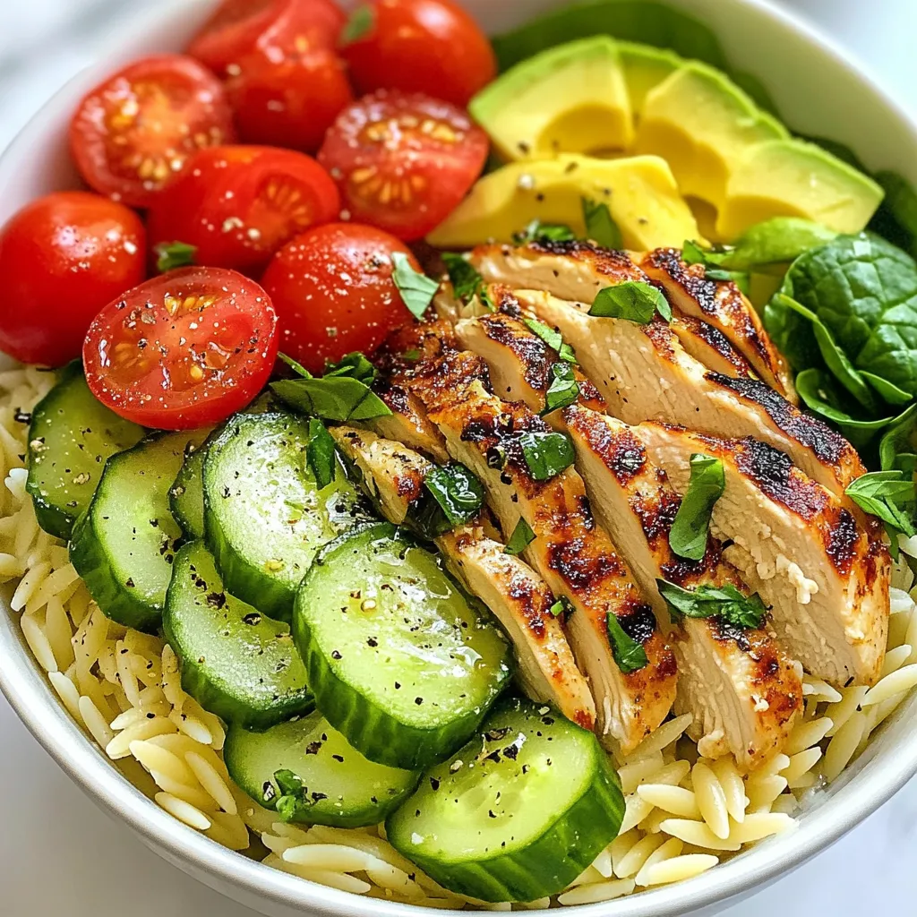 To make a Chicken Orzo Power Bowl, you need: - 1 cup orzo pasta - 2 cups chicken broth - 2 boneless, skinless chicken breasts - 1 cup cherry tomatoes, halved - 1 avocado, sliced - 1 cup baby spinach - 1/2 cucumber, diced - 1/2 red onion, finely chopped - 1 tablespoon olive oil - 1 tablespoon lemon juice - Salt and pepper to taste - Fresh herbs (parsley or basil) for garnish Using fresh ingredients makes a big difference. Fresh cherry tomatoes add vibrant flavor. They taste sweet and juicy. Fresh herbs brighten the dish. You can use dried herbs, but fresh gives better taste. The same goes for baby spinach. Fresh spinach adds crunch and color. Dried spinach lacks the same appeal. Fresh ingredients help your power bowl shine. Quality matters in cooking. Good chicken breasts are key. They should be plump and firm. Look for organic or free-range options. This choice makes your meal healthier and tastier. The same goes for your broth. A high-quality chicken broth boosts flavor. It adds depth to the orzo. Using ripe avocados ensures creamy texture. Your Chicken Orzo Power Bowl will be delicious with great ingredients. {{ingredient_image_1}} To start, grab a medium saucepan. Bring two cups of chicken broth to a boil. This broth adds great flavor. Next, add one cup of orzo pasta to the boiling broth. Cook the orzo according to the package instructions. This usually takes about 8-10 minutes. You want the orzo to be al dente, which means it should be firm to the bite. Once done, drain the orzo and set it aside. While the orzo cooks, it's time to prepare the chicken. Take two boneless, skinless chicken breasts. Season them well with salt and pepper. Heat one tablespoon of olive oil in a skillet over medium heat. Add the seasoned chicken to the skillet. Cook for about 6-7 minutes on each side. You want the chicken to reach an internal temperature of 165°F (75°C). Once cooked, remove the chicken from heat and let it rest for a few minutes. After resting, slice the chicken into strips. Now comes the fun part—assembling your power bowl! In a large bowl, mix together one cup of halved cherry tomatoes, half a diced cucumber, and half a finely chopped red onion. Drizzle this mixture with one tablespoon of lemon juice and add a pinch of salt and pepper. Toss it well to combine all the flavors. Next, take your prepared orzo and divide it among your serving bowls. Top each bowl with a handful of baby spinach, sliced chicken, and the tomato-cucumber mixture. Finally, add sliced avocado on top. If you like, garnish with fresh herbs like parsley or basil. A drizzle of olive oil adds a nice finishing touch. Serve the bowls warm or at room temperature for a delicious meal! To cook orzo well, follow these simple tips: - Use plenty of water. This helps the pasta cook evenly. - Add salt to the boiling water. It gives the orzo good flavor. - Stir the orzo often. This keeps it from sticking together. - Check for doneness. Taste it before draining to make sure it’s al dente. Cooking chicken can be easy and fun. Here are some tips: - Start with room temperature chicken. This helps it cook evenly. - Season well with salt and pepper. This adds great flavor. - Use medium heat for cooking. This prevents burning while cooking through. - Let the chicken rest after cooking. This keeps it juicy when you slice it. When serving your Chicken Orzo Power Bowl, think about these ideas: - Add a squeeze of fresh lemon. It brightens the dish. - Serve with crusty bread. This makes for a great side. - Pair with a light salad. A simple green salad complements the bowl. - Use fresh herbs as garnish. They add color and freshness. Pro Tips Rest the Chicken: Allow the cooked chicken to rest for a few minutes before slicing. This helps retain its juices, making it more flavorful and tender. Customize Your Veggies: Feel free to add other vegetables you love, such as bell peppers, zucchini, or corn, to the tomato-cucumber mixture for extra flavor and nutrition. Upgrade Your Orzo: For added depth of flavor, try toasting the orzo in the skillet for a couple of minutes before adding the chicken broth. Make It Ahead: This power bowl can be made in advance! Store components separately in the fridge and assemble just before serving for the best texture. {{image_2}} You can make this bowl meat-free easily. Swap the chicken for chickpeas or black beans. Both add protein and fiber. Use vegetable broth instead of chicken broth for cooking the orzo. Add roasted sweet potatoes for a sweet touch. Try using grilled zucchini or bell peppers for added flavor. If you want to mix it up, use shrimp or tofu. Cook shrimp in the same way as chicken for a quick meal. For tofu, press it to remove extra water, then cut it into cubes. Sauté the tofu until golden brown for a nice crunch. You might also try cooked sausage or turkey for a heartier bowl. Boost the flavor with spices or herbs. Try adding garlic or red pepper flakes when cooking the chicken. You can also mix in pesto or tahini for a creamy touch. Adding lemon zest gives a fresh kick. For a tangy twist, a splash of balsamic vinegar works well too. After enjoying your Chicken Orzo Power Bowl, store any leftovers in an airtight container. Keep the bowl in the fridge. It should last for about three days. If you separate the chicken from the veggies, they will stay fresh longer. To reheat, place the bowl in the microwave. Heat for about 1-2 minutes or until hot. Stir halfway through for even heating. You can also reheat it on the stove. Add a splash of chicken broth to keep it moist while you warm it up. You can freeze the Chicken Orzo Power Bowl, but it’s best to keep the avocado and fresh veggies out. They do not freeze well. Pack the orzo and chicken in a freezer-safe container. It can last up to three months in the freezer. When ready to eat, thaw in the fridge overnight before reheating. You can use many pasta types in place of orzo. Some great options are couscous, quinoa, or even small shells. These choices keep the dish light and tasty. Each will change the flavor and texture slightly. Couscous is fluffy, while quinoa adds a nutty taste. Both work well with the other ingredients. Yes, you can prepare this bowl ahead of time. You can cook the chicken and orzo, then store them separately in the fridge. This way, you keep everything fresh. Assemble the power bowl when you are ready to eat. It saves time and still tastes great. A Chicken Orzo Power Bowl lasts about 3-4 days in the fridge. Make sure to store it in an airtight container. This keeps it fresh and prevents odors from mixing. If you see any changes in color or smell, it’s best to toss it out. Always trust your senses when it comes to food safety. Understanding the ingredients and instructions helps you create a tasty Chicken Orzo Power Bowl. Quality matters; fresh ingredients make a big difference. Remember to use the right cooking techniques for perfect orzo and chicken. Explore variations to make this dish your own. Proper storage keeps leftovers fresh for later. You can always modify the recipe to suit your needs. Enjoy your cooking journey and experiment with new flavors!