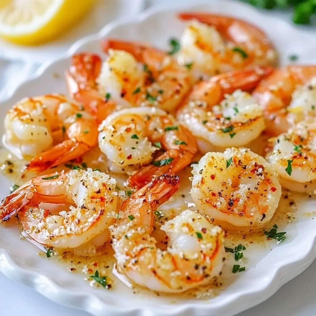 - 1 pound large shrimp, peeled and deveined - 1/4 cup olive oil - 6 cloves garlic, minced - 1 teaspoon red pepper flakes - 1/2 cup grated Parmesan cheese - 1 lemon, zested and juiced - 1 tablespoon fresh parsley, finely chopped - Salt and pepper to taste - Fresh vs. frozen shrimp: Fresh shrimp tastes great, but frozen shrimp is easy to find. If you use frozen shrimp, make sure to thaw it first. Place it in the fridge overnight or run it under cold water for quick thawing. - Choosing the right type of Parmesan cheese: Use real Parmesan for the best flavor. Grated cheese works, but freshly shredded Parmesan adds a nice texture. Look for Parmesan that is aged for a rich taste. These ingredients come together to create a dish that bursts with flavor. The garlic and lemon brighten the shrimp, while the Parmesan adds a creamy, savory touch. {{ingredient_image_1}} 1. Preheat your oven to 400°F (200°C). This high heat helps the shrimp cook quickly and evenly. 2. Prepare a baking sheet by lining it with parchment paper. This keeps the shrimp from sticking. 3. In a large bowl, mix together: - 1/4 cup olive oil - 6 cloves garlic, minced - 1 teaspoon red pepper flakes - Juice and zest from 1 lemon - Salt and pepper to taste Stir well to create a marinade. 1. Add 1 pound large shrimp, peeled and deveined, to the bowl. Mix well until all shrimp are coated in the marinade. 2. Let the shrimp marinate for 15 minutes. This step is key for flavor. 3. Spread the marinated shrimp onto the prepared baking sheet in a single layer. This helps them cook evenly. 4. Sprinkle 1/2 cup grated Parmesan cheese over the shrimp. This adds a rich, cheesy flavor. 1. Roast the shrimp in your preheated oven for 8-10 minutes. Check for doneness when the shrimp turn pink and opaque, and the cheese is golden brown. 2. Once cooked, remove the baking sheet from the oven. Garnish with 1 tablespoon fresh parsley, finely chopped, for a fresh finish. To ensure shrimp is perfectly cooked, you should watch the color. Cook shrimp until they turn pink and opaque. This usually takes 8-10 minutes in the oven. To avoid rubbery shrimp, don't overcook them. Shrimp cooks fast, so take them out once they are just done. You can add extra spices or herbs to boost flavor. Try a pinch of smoked paprika or some fresh basil. These will add depth and a nice twist. For cheese options, consider using Pecorino Romano for a sharper taste. It’s a great alternative to Parmesan. Serve the shrimp on a bed of fresh greens. This adds color and freshness to your dish. Pair it with crusty bread to soak up the tasty juices. A crisp white wine, like Sauvignon Blanc, complements the flavors well. Pro Tips Marinate for Maximum Flavor: Allow the shrimp to marinate for at least 15 minutes to enhance the flavor. For even more depth, consider marinating for up to an hour in the refrigerator. Use Fresh Garlic: Freshly minced garlic will give you a much stronger and more aromatic flavor compared to pre-minced garlic from a jar. Perfectly Cooked Shrimp: Keep an eye on the shrimp while roasting; they cook quickly. Remove them from the oven as soon as they turn pink and opaque to avoid overcooking. Customize the Heat: Adjust the amount of red pepper flakes to your liking. For milder heat, reduce the flakes; for more spice, add a pinch of cayenne pepper. {{image_2}} You can switch shrimp for other seafood like scallops or fish. Both options work well with the garlic and cheese. If you prefer chicken, it cooks up nicely in this recipe. Just cut the chicken into bite-sized pieces and follow the same steps. For a veggie twist, use firm vegetables like zucchini or bell peppers. They soak up the flavors and roast beautifully. To make this dish gluten-free, ensure your cheese is labeled as gluten-free. Most Parmesan is safe, but check the label. If you want a low-carb or keto-friendly version, skip any breading. Just focus on the shrimp, cheese, and your favorite herbs. You can add more veggies to keep it filling without adding carbs. Give this dish a Mediterranean flair by adding olives or sun-dried tomatoes. These ingredients add a burst of flavor. For spice lovers, try different peppers, like jalapeños or poblanos. This gives a nice kick to the dish. You can also sprinkle in smoked paprika for a unique twist. Each variation lets you explore new tastes while keeping the core recipe intact. To keep your Garlic Parmesan Roasted Shrimp fresh, follow these steps: - Refrigeration: Place the leftovers in an airtight container. This keeps moisture in and odors out. Store in the fridge for up to three days. - Freezing: If you want to keep shrimp longer, freeze them. Use a freezer-safe bag. Remove as much air as possible before sealing. They can last up to three months in the freezer. Shrimp can overcook quickly. Here’s how to reheat without losing flavor: - Oven Method: Preheat your oven to 350°F (175°C). Place shrimp on a baking sheet. Heat for 5-7 minutes. This keeps the shrimp tender and juicy. - Stovetop Method: Heat a skillet on medium heat. Add a bit of olive oil. Cook shrimp for 2-3 minutes until warmed through. This method keeps flavors intact. Knowing how long to keep leftovers is key: - Refrigerator: Store leftover shrimp for up to three days. - Signs of Spoilage: Check for a sour smell or a slimy texture. If you see these signs, it’s best to discard the shrimp. Fresh shrimp should smell like the ocean, not fishy. What is the best way to clean shrimp? To clean shrimp, rinse them under cold water. Remove the shell, starting from the head down to the tail. Use a knife or your fingers to remove the dark vein on the back. Rinse again to remove any grit. Can I make this recipe ahead of time? Yes, you can prepare the shrimp and marinade ahead of time. Marinate the shrimp for up to 30 minutes. Store them in the fridge. Cook them within 24 hours for the best taste. What can I use instead of Parmesan cheese? You can use Pecorino Romano or Grana Padano cheese. Nutritional yeast is a great vegan option for a cheesy flavor. How can I make it dairy-free? To make this dish dairy-free, skip the cheese. Add more herbs or spices for flavor. Consider using a dairy-free cheese alternative as well. Can I grill the shrimp instead of roasting? Yes, grilling shrimp works well! Just marinate as usual. Thread shrimp onto skewers and grill for about 2-3 minutes on each side. What dishes pair well with Garlic Parmesan Roasted Shrimp? This dish pairs nicely with pasta, rice, or a fresh salad. Serve with garlic bread for a complete meal. In this blog post, we covered a simple recipe for Garlic Parmesan Roasted Shrimp. You learned about the key ingredients, from fresh shrimp to flavorful spices. I shared step-by-step instructions to guide you in cooking perfectly tender shrimp. We also explored variations to suit different diets and tastes. Finally, I provided tips for storing and reheating leftovers. Remember, cooking should be fun. Experiment with flavors and make it your own. Enjoy your meal and share it with friends!